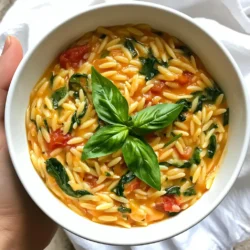 To make Creamy Tomato Spinach Orzo, youβll need: - 1 cup orzo pasta - 2 cups vegetable broth - 1 cup canned diced tomatoes (with juices) - 2 cups fresh spinach, roughly chopped - 1/2 cup heavy cream (or coconut cream for a vegan option) - 1 tablespoon olive oil - 1 clove garlic, minced - 1 teaspoon Italian seasoning - Salt and pepper to taste - Fresh basil leaves for garnish Every ingredient plays a big role in flavor. If you canβt find orzo, try any small pasta. You can swap vegetable broth with chicken broth for a different taste. Canned diced tomatoes bring a nice acidity. If fresh spinach isnβt available, you can use frozen spinach. Just thaw and drain it well. For a vegan option, coconut cream works great to keep the dish creamy. This dish is not just tasty; it also packs nutrition. One serving (about 1 cup) has roughly: - Calories: 300 - Protein: 8g - Carbs: 45g - Fat: 12g - Fiber: 2g This dish can give you a good energy boost. Adjust the cream to reduce calories if that's a goal. The added spinach gives vitamins and minerals. {{ingredient_image_1}} Start by heating 1 tablespoon of olive oil in a medium pot over medium heat. Once the oil is warm, add 1 clove of minced garlic. SautΓ© the garlic for about 1 minute until it smells great. Next, pour in 1 cup of orzo pasta. Stir it for 1-2 minutes until the orzo is slightly toasted. This step adds a nice flavor. Now, add 2 cups of vegetable broth and 1 cup of canned diced tomatoes with their juices. Bring this mix to a gentle boil. After that, lower the heat and let it simmer for about 10 minutes. Stir the pot occasionally. The orzo will soak up most of the liquid and become tender. Once the orzo is cooked, add 2 cups of roughly chopped fresh spinach. Cook for another 2-3 minutes until the spinach wilts down. This adds color and nutrients to your dish. Then, slowly stir in 1/2 cup of heavy cream or coconut cream if you prefer a vegan option. Mix in 1 teaspoon of Italian seasoning, and season with salt and pepper to taste. This blend creates a creamy and flavorful base. After mixing everything together, remove the pot from heat. Let it sit for a minute to thicken slightly. This helps the flavors meld nicely. To serve, dish out the creamy tomato spinach orzo into bowls. Garnish with fresh basil leaves for a pop of flavor and color. Enjoy your meal hot, and watch everyone savor each bite! To make your creamy tomato spinach orzo extra smooth, start with heavy cream. If you want a vegan option, use coconut cream. This adds richness without dairy. Stir the cream in slowly after cooking your orzo. Let it sit for a minute to thicken up nicely. This step makes a big difference in texture. To boost flavor, add herbs and spices. Italian seasoning works wonders here. You can also try a pinch of red pepper flakes for heat. Fresh basil leaves add a nice touch on top. Donβt forget to taste and adjust salt and pepper. Each ingredient plays a role in making this dish delicious. Serve your creamy tomato spinach orzo hot. It pairs well with a crisp green salad. A slice of garlic bread complements the meal nicely. If you want protein, grilled chicken or shrimp are great additions. This dish is versatile and can fit any table setting, making it perfect for family dinners or casual gatherings. Pro Tips Perfectly Cooked Orzo: Stir the orzo frequently while it simmers to prevent sticking and ensure even cooking. Add More Flavor: Enhance the dish by adding a splash of balsamic vinegar or a pinch of red pepper flakes for extra depth. Vegan Creamy Option: Substitute the heavy cream with coconut cream to make this dish completely vegan while still keeping it rich and creamy. Fresh Herbs Boost: Consider garnishing with fresh herbs like parsley or oregano in addition to basil for a burst of freshness. {{image_2}} You can easily make this dish vegan. Swap the heavy cream for coconut cream. It adds a nice richness. You can also skip the cream altogether. Just add a bit more broth. The dish will still taste great. Use more spices to boost flavor. You can try adding nutritional yeast for a cheesy taste. Want to make your orzo heartier? Add proteins like grilled chicken or shrimp. These options pair well with the creamy sauce. You can also add chickpeas for a plant-based boost. Just toss them in when you add the spinach. This will make your meal more filling and satisfying. Seasonal veggies can add color and flavor. Try adding zucchini or bell peppers. Just sautΓ© them with the garlic. You can also use asparagus in spring. It cooks quickly and tastes amazing. If it's fall, add roasted butternut squash. These additions make the dish fun and fresh. You can mix and match based on what you have. To keep your creamy tomato spinach orzo fresh, store it in an airtight container. Allow the dish to cool to room temperature before sealing. This helps prevent moisture buildup inside. You can keep it in the fridge for up to three days. Make sure to label your container with the date. This way, you know when you made it. When youβre ready to enjoy leftovers, reheating is easy. Place the orzo in a pot over low heat. Add a splash of vegetable broth or water to keep it moist. Stir gently until warmed through. You can also use a microwave. Heat in 30-second intervals, stirring in between. This method warms the dish evenly without drying it out. If you want to store it for longer, freezing is a great option. First, let the orzo cool completely. Then, portion it into freezer-safe bags or containers. Remove as much air as possible to prevent freezer burn. You can freeze it for up to two months. When you're ready to eat, thaw it in the fridge overnight before reheating. Yes, you can use other small pasta types. Try ditalini, elbow macaroni, or even small shells. Each option brings a new twist. The cooking time may change slightly, so check for doneness. Keep an eye on the pasta as it cooks. You can use coconut cream for a vegan option. It's rich and creamy, perfect for this dish. Alternatively, try whole milk or half-and-half. If you want a lighter option, use Greek yogurt, but mix it in slowly to avoid curdling. To make this recipe gluten-free, use gluten-free orzo. Many brands offer great alternatives today. Be sure to check the package for cooking times. Also, confirm that your vegetable broth is gluten-free. Enjoy this dish without worry! This blog covered everything you need to know for a great orzo dish. We looked at the ingredients, cooking steps, and tips for a creamy texture. I shared ideas for variations and how to store leftovers, too. Remember, cooking should be fun and flexible. Feel free to customize the recipe to suit your taste. Enjoy your delicious orzo, and impress your friends and family with your skills!