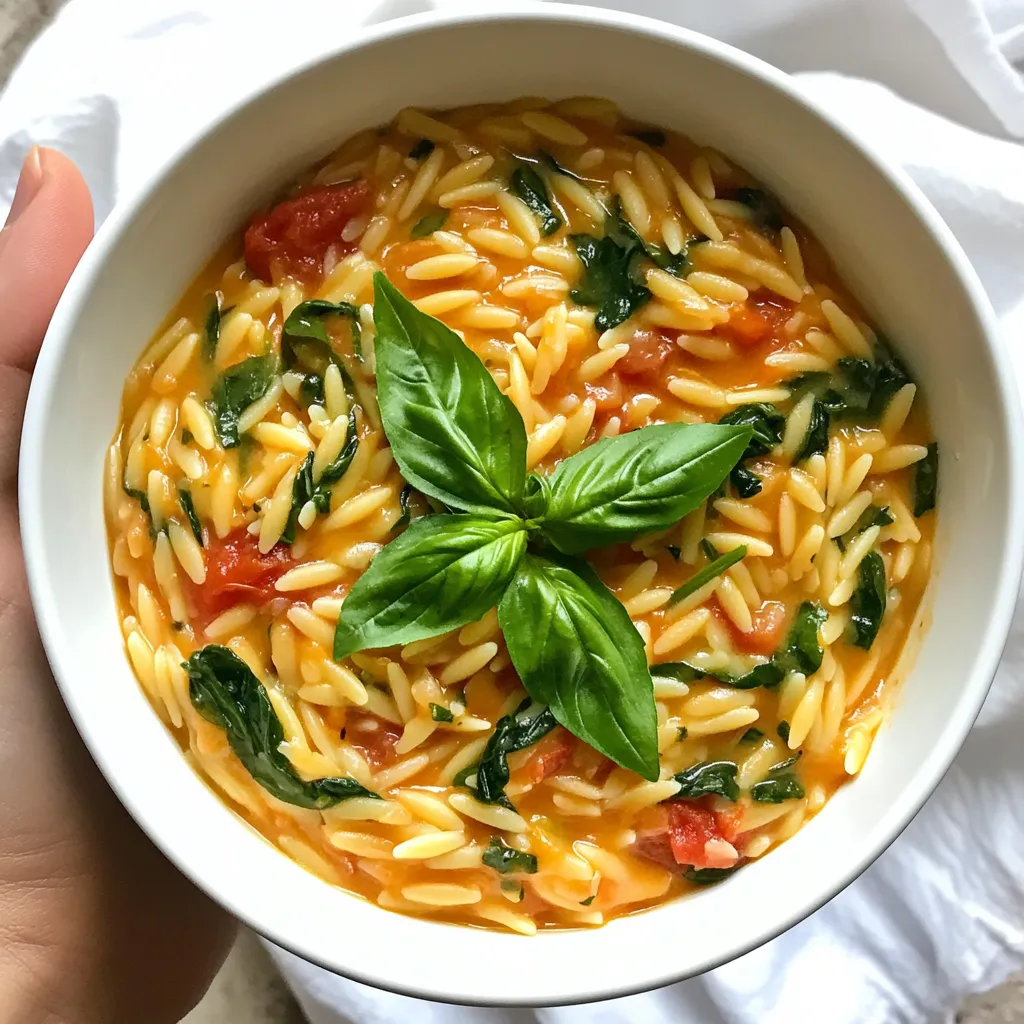 To make Creamy Tomato Spinach Orzo, you’ll need: - 1 cup orzo pasta - 2 cups vegetable broth - 1 cup canned diced tomatoes (with juices) - 2 cups fresh spinach, roughly chopped - 1/2 cup heavy cream (or coconut cream for a vegan option) - 1 tablespoon olive oil - 1 clove garlic, minced - 1 teaspoon Italian seasoning - Salt and pepper to taste - Fresh basil leaves for garnish Every ingredient plays a big role in flavor. If you can’t find orzo, try any small pasta. You can swap vegetable broth with chicken broth for a different taste. Canned diced tomatoes bring a nice acidity. If fresh spinach isn’t available, you can use frozen spinach. Just thaw and drain it well. For a vegan option, coconut cream works great to keep the dish creamy. This dish is not just tasty; it also packs nutrition. One serving (about 1 cup) has roughly: - Calories: 300 - Protein: 8g - Carbs: 45g - Fat: 12g - Fiber: 2g This dish can give you a good energy boost. Adjust the cream to reduce calories if that's a goal. The added spinach gives vitamins and minerals. {{ingredient_image_1}} Start by heating 1 tablespoon of olive oil in a medium pot over medium heat. Once the oil is warm, add 1 clove of minced garlic. Sauté the garlic for about 1 minute until it smells great. Next, pour in 1 cup of orzo pasta. Stir it for 1-2 minutes until the orzo is slightly toasted. This step adds a nice flavor. Now, add 2 cups of vegetable broth and 1 cup of canned diced tomatoes with their juices. Bring this mix to a gentle boil. After that, lower the heat and let it simmer for about 10 minutes. Stir the pot occasionally. The orzo will soak up most of the liquid and become tender. Once the orzo is cooked, add 2 cups of roughly chopped fresh spinach. Cook for another 2-3 minutes until the spinach wilts down. This adds color and nutrients to your dish. Then, slowly stir in 1/2 cup of heavy cream or coconut cream if you prefer a vegan option. Mix in 1 teaspoon of Italian seasoning, and season with salt and pepper to taste. This blend creates a creamy and flavorful base. After mixing everything together, remove the pot from heat. Let it sit for a minute to thicken slightly. This helps the flavors meld nicely. To serve, dish out the creamy tomato spinach orzo into bowls. Garnish with fresh basil leaves for a pop of flavor and color. Enjoy your meal hot, and watch everyone savor each bite! To make your creamy tomato spinach orzo extra smooth, start with heavy cream. If you want a vegan option, use coconut cream. This adds richness without dairy. Stir the cream in slowly after cooking your orzo. Let it sit for a minute to thicken up nicely. This step makes a big difference in texture. To boost flavor, add herbs and spices. Italian seasoning works wonders here. You can also try a pinch of red pepper flakes for heat. Fresh basil leaves add a nice touch on top. Don’t forget to taste and adjust salt and pepper. Each ingredient plays a role in making this dish delicious. Serve your creamy tomato spinach orzo hot. It pairs well with a crisp green salad. A slice of garlic bread complements the meal nicely. If you want protein, grilled chicken or shrimp are great additions. This dish is versatile and can fit any table setting, making it perfect for family dinners or casual gatherings. Pro Tips Perfectly Cooked Orzo: Stir the orzo frequently while it simmers to prevent sticking and ensure even cooking. Add More Flavor: Enhance the dish by adding a splash of balsamic vinegar or a pinch of red pepper flakes for extra depth. Vegan Creamy Option: Substitute the heavy cream with coconut cream to make this dish completely vegan while still keeping it rich and creamy. Fresh Herbs Boost: Consider garnishing with fresh herbs like parsley or oregano in addition to basil for a burst of freshness. {{image_2}} You can easily make this dish vegan. Swap the heavy cream for coconut cream. It adds a nice richness. You can also skip the cream altogether. Just add a bit more broth. The dish will still taste great. Use more spices to boost flavor. You can try adding nutritional yeast for a cheesy taste. Want to make your orzo heartier? Add proteins like grilled chicken or shrimp. These options pair well with the creamy sauce. You can also add chickpeas for a plant-based boost. Just toss them in when you add the spinach. This will make your meal more filling and satisfying. Seasonal veggies can add color and flavor. Try adding zucchini or bell peppers. Just sauté them with the garlic. You can also use asparagus in spring. It cooks quickly and tastes amazing. If it's fall, add roasted butternut squash. These additions make the dish fun and fresh. You can mix and match based on what you have. To keep your creamy tomato spinach orzo fresh, store it in an airtight container. Allow the dish to cool to room temperature before sealing. This helps prevent moisture buildup inside. You can keep it in the fridge for up to three days. Make sure to label your container with the date. This way, you know when you made it. When you’re ready to enjoy leftovers, reheating is easy. Place the orzo in a pot over low heat. Add a splash of vegetable broth or water to keep it moist. Stir gently until warmed through. You can also use a microwave. Heat in 30-second intervals, stirring in between. This method warms the dish evenly without drying it out. If you want to store it for longer, freezing is a great option. First, let the orzo cool completely. Then, portion it into freezer-safe bags or containers. Remove as much air as possible to prevent freezer burn. You can freeze it for up to two months. When you're ready to eat, thaw it in the fridge overnight before reheating. Yes, you can use other small pasta types. Try ditalini, elbow macaroni, or even small shells. Each option brings a new twist. The cooking time may change slightly, so check for doneness. Keep an eye on the pasta as it cooks. You can use coconut cream for a vegan option. It's rich and creamy, perfect for this dish. Alternatively, try whole milk or half-and-half. If you want a lighter option, use Greek yogurt, but mix it in slowly to avoid curdling. To make this recipe gluten-free, use gluten-free orzo. Many brands offer great alternatives today. Be sure to check the package for cooking times. Also, confirm that your vegetable broth is gluten-free. Enjoy this dish without worry! This blog covered everything you need to know for a great orzo dish. We looked at the ingredients, cooking steps, and tips for a creamy texture. I shared ideas for variations and how to store leftovers, too. Remember, cooking should be fun and flexible. Feel free to customize the recipe to suit your taste. Enjoy your delicious orzo, and impress your friends and family with your skills!