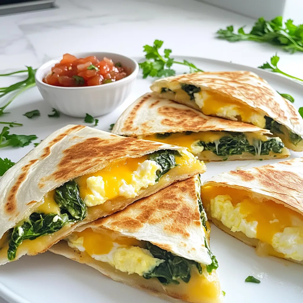 - 4 large flour tortillas - 2 cups fresh spinach, chopped - 1 cup shredded cheese (a mix of cheddar and mozzarella works great) - 4 large eggs - 1/4 cup milk - 1/2 teaspoon garlic powder - Salt and pepper to taste - 1 tablespoon olive oil - Salsa - Sour cream - Avocado The ingredients for cheesy spinach breakfast quesadillas are simple yet vital. First, you need flour tortillas. They serve as the base for your quesadilla. Use large ones for better filling capacity. Fresh spinach adds flavor and nutrition. It wilts down nicely when cooked. Next, choose a good shredded cheese mix. A blend of cheddar and mozzarella melts beautifully, creating that gooey texture we love. Eggs and milk form the heart of your filling. They bring richness and bind everything together. Garlic powder adds a tasty kick, while salt and pepper enhance the overall flavor. Olive oil is essential for sautéing the spinach and cooking the quesadillas. For extra zing, consider optional toppings like salsa, sour cream, or avocado. Each adds a unique twist, making each bite even more delicious. Start by cracking four large eggs into a medium bowl. Add 1/4 cup of milk, 1/2 teaspoon of garlic powder, and a pinch of salt and pepper. Whisk everything together until it blends well. This egg mixture adds creaminess and flavor to your quesadillas. Next, heat 1 tablespoon of olive oil in a large skillet over medium heat. Add 2 cups of chopped fresh spinach. Sauté the spinach for about 2-3 minutes until it wilts down. Once the spinach is ready, pour the egg mixture into the pan. Stir gently as it cooks. Scramble the eggs until they are fully cooked. Remove the pan from heat when done. Now, lay out four large flour tortillas on a clean surface. Divide the egg and spinach mix evenly on one half of each tortilla. Sprinkle 1 cup of shredded cheese over the filling. Fold the other half of the tortilla over to make a half-moon shape. Wipe the skillet clean and set it back on medium-high heat. Cook the quesadillas for 2-3 minutes on each side. They should turn golden brown and the cheese should melt. Remove them from the skillet and let them cool for a minute. Cut into wedges and serve! To make a perfect quesadilla, focus on texture. Start by heating your skillet over medium-high heat. This helps the outside get crispy. When you cook the quesadilla, press it down lightly with a spatula. This will create a golden crust. Next, let’s talk about cheese. To melt cheese efficiently, use a mix of cheddar and mozzarella. Cheddar adds sharpness, while mozzarella brings a nice stretch. Make sure to cover the quesadilla while it cooks. This traps the heat and helps the cheese melt evenly. Presentation matters! Serve your quesadilla wedges on a colorful plate. You can add a small bowl of salsa or sour cream on the side. This adds color and flavor. For garnishing, sprinkle fresh herbs like cilantro or parsley on top. This not only looks great but also adds fresh flavor. You can even place a few avocado slices beside the quesadillas for a creamy touch. You can prepare the egg and spinach mix ahead of time. Just store it in the fridge for up to two days. This saves time during busy mornings. When it’s time to eat, reheat the quesadillas in a skillet. Heat them over medium heat for about 3-4 minutes per side. This keeps them crispy. If you’re in a rush, use the microwave, but know the texture won’t be as great. {{image_2}} You can change the cheese for your quesadillas. Try different types of cheese for fun. Cheddar and mozzarella are both great choices. You could also use pepper jack for a spicy kick. For a creamy touch, go for Monterey Jack. If you want a vegan option, try using plant-based cheese. Many brands offer tasty vegan cheese that melts well. Look for options made from nuts or soy. They can give you that cheesy flavor without dairy. Add more veggies to your quesadillas for extra flavor and nutrition. Try adding bell peppers, mushrooms, or tomatoes. You can also mix in onions or zucchini to boost the taste. If you want some protein, consider adding ham or crispy bacon. Shredded chicken is another great option. These add-ins make your quesadillas more filling and delicious. Adding spices can take your quesadillas to the next level. Consider adding cumin, chili powder, or even a pinch of paprika. Fresh herbs like cilantro or chives can add brightness. For dips, think outside the box! Besides salsa, try guacamole or a zesty yogurt dip. A simple avocado crema can also elevate every bite. These tasty dips make your meal more enjoyable and fun. To store leftovers, let the quesadillas cool first. Place them in an airtight container. Use parchment paper between layers to prevent sticking. Refrigerate them right away. They stay fresh for about 3 days. For freezing, wrap each quesadilla in plastic wrap. Then, place them in a freezer bag. Squeeze out as much air as possible. They can last in the freezer for up to 2 months. To reheat frozen quesadillas, remove the wrap and place them on a skillet. Heat on medium for about 5-7 minutes on each side until hot. You can also use an oven at 350°F for 10-15 minutes. Thawing in the fridge is best. It keeps the quesadilla safe and fresh. Just move it from the freezer to the fridge the night before. If you're in a hurry, you can use the microwave. Set it to defrost for a few minutes. But be careful, as this method can make them soggy. Yes, you can use whole wheat tortillas. Whole wheat tortillas offer more fiber than regular flour tortillas. They also add a nutty flavor that pairs well with the cheese and spinach. If you like a heartier taste, whole wheat is a great choice. Just remember, they may be a bit less soft than flour tortillas. The best cheese for quesadillas is a mix of cheddar and mozzarella. Cheddar gives a rich flavor, while mozzarella adds a creamy texture. Other great options include Monterey Jack and Pepper Jack for a spicy kick. Mixing different cheeses can create a more complex taste. You can also try vegan cheese if you want a dairy-free option. To keep quesadillas from getting soggy, always use fresh ingredients. Make sure to cook the spinach well to remove excess water. Avoid overloading the quesadilla with filling. Cooking them over medium-high heat helps crisp up the tortillas. Let them cool for a minute before cutting. This keeps them from getting mushy. These quesadillas are simple to make and full of flavor. We explored key ingredients, like tortillas and eggs, and how to prepare them with fresh spinach. The tips on presentation and storage help you enjoy them longer. Remember, you can play with cheese types or add veggies for more variety. Whether you eat them fresh or reheat leftovers, these quesadillas are sure to please. Keep experimenting to find your perfect version. Enjoy every bite!