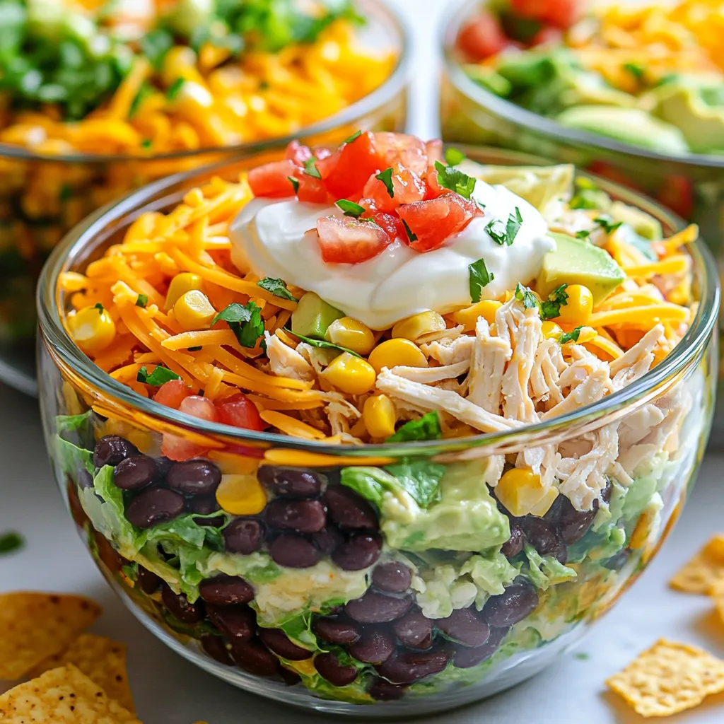 To make a tasty chicken taco salad, gather these ingredients: - 2 cups cooked chicken, shredded - 1 can (15 oz) black beans, rinsed and drained - 1 cup corn kernels (fresh or frozen) - 1 cup cherry tomatoes, halved - 1 cup shredded lettuce (romaine or iceberg) - 1 avocado, diced - ½ cup red onion, finely chopped - 1 cup shredded cheddar cheese - ½ cup salsa - ½ cup sour cream (or Greek yogurt) - 1 tablespoon taco seasoning - Salt and pepper to taste - Tortilla chips for garnish You can swap fresh ingredients for pantry staples. Use canned beans if fresh ones are not available. Frozen corn works well instead of fresh corn. If you don’t have cherry tomatoes, try diced regular tomatoes. For the lettuce, any leafy greens can work, like spinach or arugula. You can skip the avocado if it's not ripe yet. It will still taste great! Want to jazz up your salad? Here are some fun toppings: - Sliced jalapeños for heat - Chopped cilantro for fresh flavor - Lime wedges for a zesty kick - Sliced olives for a briny touch - Diced bell peppers for crunch {{ingredient_image_1}} To make this easy chicken taco salad, start with a large bowl. Combine these ingredients: - 2 cups cooked chicken, shredded - 1 can (15 oz) black beans, rinsed and drained - 1 cup corn kernels (fresh or frozen) - 1 cup cherry tomatoes, halved - 1 cup shredded lettuce (romaine or iceberg) - 1 avocado, diced - ½ cup red onion, finely chopped - 1 tablespoon taco seasoning - Salt and pepper to taste Gently toss all the ingredients together. You want to mix them well. This helps blend the flavors. Then, add half of the cheddar cheese. Toss again to distribute. Finally, season with salt and pepper to taste. For serving, divide the salad mixture among four bowls. Top each bowl with: - A dollop of salsa - A spoonful of sour cream (or Greek yogurt) - The remaining cheddar cheese For a fun twist, add crushed tortilla chips. You can sprinkle them on top or serve them on the side. This adds a nice crunch to each bite. To save time, use pre-cooked chicken from the store. You can also use canned corn if you like. Rinsing the black beans takes just a minute. If you have leftovers, store them in the fridge. The salad stays tasty for a day or two. Just add fresh toppings when you're ready to eat. To boost your salad's taste, use fresh ingredients. Fresh tomatoes add vibrancy. Use ripe avocados for creamy texture. A sprinkle of lime juice adds a zesty kick. Consider mixing in fresh herbs like cilantro or parsley for depth. Adding a pinch of chili powder can also elevate the flavor. For an extra layer, try roasting your corn for that smoky touch. Shredded chicken is key for this salad. Use cooked chicken for speed. You can grill or bake it with taco seasoning for added taste. If you have leftover chicken, this recipe is perfect for using it up. Ensure the chicken is warm before mixing to help blend the flavors. For a moist salad, consider using chicken thighs instead of breasts. Store your salad in an airtight container. Keep the dressing separate until you serve it. This keeps the salad fresh and crunchy. If you have leftover chicken, it can last up to four days in the fridge. Always check for signs of spoilage before eating. If you freeze your salad, avoid freezing the toppings like lettuce and avocado. They don't freeze well and may change texture. Pro Tips Use Rotisserie Chicken: For an even quicker preparation, use store-bought rotisserie chicken instead of cooking your own. It saves time and adds great flavor. Customize Your Toppings: Feel free to add other toppings like jalapeños, olives, or different types of cheese to suit your taste preferences. Make it a Meal Prep: This salad can be prepped in advance and stored in the fridge for up to 3 days. Just keep the tortilla chips separate until serving to maintain their crunch. Fresh Herbs for Flavor: Add fresh cilantro or parsley to the salad for an extra burst of flavor and freshness. {{image_2}} You can easily make a tasty vegetarian taco salad. Swap the chicken for one can of black beans or chickpeas. This keeps the protein high and the flavor rich. Add extra veggies like bell peppers or zucchini for more crunch. You can also use quinoa for a hearty base. To make this salad gluten-free, skip the tortilla chips or use gluten-free options. You can find many brands that make corn chips without gluten. Always check the label to be sure. Use fresh lettuce as your base, and load it with your favorite toppings. This way, you enjoy all the flavors without any gluten. Want to pack in more veggies? Toss in diced bell peppers, cucumbers, or corn. These veggies add freshness and color. If you want more protein, consider adding grilled shrimp, tofu, or additional beans. They will boost the health value and keep you full longer. Mix and match to find your perfect combo. With these variations, you can enjoy the easy chicken taco salad in many ways. Each option is quick, simple, and delicious! To keep your chicken taco salad fresh, store it in the fridge. Use an airtight container. Make sure to place the salad in the container gently. This helps keep it from getting mushy. If you have leftover toppings like salsa or sour cream, store them separately. This way, your salad stays crisp and tasty. I suggest using glass or plastic containers with tight lids. These containers help keep your salad fresh. Glass containers are great for the environment and do not stain. If you prefer plastic, ensure it is BPA-free. You can also use resealable bags for easy storage, but keep the salad flat. Generally, your chicken taco salad will last 3 to 4 days in the fridge. Cooked chicken and veggies can stay fresh for a bit longer. However, if you notice any odd smells or colors, it’s best to toss it out. Always check each ingredient for freshness before you eat. Yes, you can make this salad ahead of time. I suggest mixing the chicken, beans, corn, tomatoes, lettuce, avocado, and onion first. Keep the salsa and sour cream separate until serving. This keeps everything fresh and tasty. You can store the salad in the fridge for up to a day. Just remember, the avocado may brown a bit, so use lemon juice to slow that down. If you want a crunchy topping but no tortilla chips, try these options: - Crushed corn nuts - Puffed rice - Crispy chickpeas - Nuts like almonds or walnuts These alternatives add crunch and flavor without chips. Choose what fits your taste best! You can easily change the toppings to fit different diets. Here are some ideas: - For vegan diets, skip the chicken and cheese. Use extra beans and veggies instead. - For a low-fat option, use Greek yogurt instead of sour cream. - For gluten-free, you can keep the tortilla chips or skip them altogether. Get creative with your toppings to suit your needs! This blog post explored how to make a delicious chicken taco salad. We covered key ingredients, helpful substitutions, and tasty toppings. You learned easy preparation steps and serving tips to enjoy your meal. I shared tricks for flavor, safe storage, and fun variations like vegetarian and gluten-free options. In summary, this salad is simple and can fit many diets. Dive in and personalize it to your taste! Enjoy making this meal with confidence.