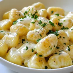 - 1 pound potato gnocchi - 3 tablespoons unsalted butter - 4 cloves garlic, minced - 1 cup heavy cream - 1 cup grated Parmesan cheese To make creamy garlic parmesan gnocchi, you need simple, tasty ingredients. The star of this dish is the potato gnocchi. They are soft and chewy, making them perfect for soaking up the creamy sauce. Use about a pound for four servings. Next, you’ll need unsalted butter. Three tablespoons will give the dish a rich flavor. The garlic is key here, too. You’ll want four cloves, minced finely so it spreads its flavor evenly. Heavy cream adds richness to the sauce. You’ll use one cup, which makes it smooth and creamy. Finally, don’t forget the Parmesan cheese. One cup of grated cheese adds a salty taste that balances the creaminess. - 1 teaspoon garlic powder - 1/2 teaspoon Italian seasoning - Salt and pepper to taste - Fresh parsley, chopped, for garnish Seasoning is where you can really bring this dish to life. Start with one teaspoon of garlic powder. This enhances the garlic flavor and gives depth. Add half a teaspoon of Italian seasoning for a hint of herbs. Salt and pepper will help you adjust the flavors to your liking. Always taste your sauce before serving. Finally, fresh parsley adds a nice pop of color and freshness. Chop it finely and sprinkle it on before serving. This will make your dish look beautiful and inviting. {{ingredient_image_1}} To start, bring a pot of salted water to a boil. Use enough water to allow the gnocchi to move freely. Once the water boils, add the 1 pound of potato gnocchi. Cook them according to the package instructions. Watch closely for them to float. This usually takes about 2-3 minutes. When they float to the top, they are done. Drain them in a colander and set aside. Next, you will sauté the garlic. In a large skillet, melt 3 tablespoons of unsalted butter over medium heat. Add 4 cloves of minced garlic to the skillet. Sauté for 1-2 minutes. The garlic should smell great but not turn brown. If you burn the garlic, it becomes bitter. Fresh garlic makes a big difference in flavor, so always use the real thing. After the garlic is ready, it's time to make the cream sauce. Slowly pour in 1 cup of heavy cream while stirring the mixture. Allow it to simmer for 2-3 minutes. This helps the sauce thicken slightly. Keep stirring as it simmers. A good cream sauce should be smooth and rich. Next, gently fold in the cooked gnocchi. Make sure each piece is well-coated in the sauce. Stir in 1 cup of grated Parmesan cheese, 1 teaspoon of garlic powder, and 1/2 teaspoon of Italian seasoning. If the sauce gets too thick, add a bit of pasta water. This helps adjust the sauce consistency. Once everything is combined, remove the skillet from heat. Garnish with fresh parsley before serving. This adds color and freshness to your dish. Serve the creamy garlic Parmesan gnocchi right away for the best flavor and texture. Enjoy your rich and flavorful meal! To make a smooth sauce, start with melted butter. Add minced garlic and let it cook just a bit. When you pour in the heavy cream, stir it well. This helps mix the flavors together. Simmer the sauce for two to three minutes. If it gets too thick, add some pasta water. This will help keep it creamy. If you want a lighter option, use half-and-half or whole milk instead of heavy cream. You can even try Greek yogurt for a tangy twist. Just be careful not to cook it too long, or it may curdle. If your gnocchi does not float, don’t worry. It may need a little more time. Keep checking every minute or so until it rises. Cook time usually ranges from two to three minutes. When choosing gnocchi, homemade offers a fresh taste. Store-bought is quick and easy. Both can work well in this recipe. If you want to try making your own, look for simple potato gnocchi recipes online. For a tasty twist, add fresh spinach or sautéed mushrooms to the sauce. These add flavor and nutrients. You can also mix in sun-dried tomatoes for a burst of flavor. If you enjoy spiciness, add a pinch of red pepper flakes. Italian seasoning already adds a nice touch. Feel free to experiment with herbs like thyme or oregano. Each will change the dish's flavor profile. Pro Tips Use Fresh Garlic: Freshly minced garlic provides a more intense flavor compared to pre-minced or jarred options, enhancing the overall taste of the dish. Choose Quality Parmesan: Opt for freshly grated Parmesan cheese rather than pre-packaged to achieve a creamier texture and richer flavor in your sauce. Adjust Sauce Consistency: If your sauce becomes too thick, gradually add reserved pasta water to loosen it up without compromising the creaminess. Garnish for Color: Adding freshly chopped parsley not only brightens the dish visually but also adds a fresh flavor contrast to the creamy sauce. {{image_2}} You can make creamy garlic parmesan gnocchi even better with veggies. Try adding spinach, mushrooms, or peas. These will add color and taste. You can also use a mix of roasted vegetables. They will give the dish a nice crunch. If you want cheese alternatives, use a blend of goat cheese or ricotta for a creamy texture. This keeps your dish rich while catering to different tastes. Want to boost the protein? Add chicken or shrimp to your gnocchi. Cook the protein in the same skillet after sautéing the garlic. This adds great flavor to the sauce. Season the chicken or shrimp with salt and pepper. You can also add a squeeze of lemon juice for brightness. This helps balance the creamy sauce. If you need gluten-free options, look for gluten-free gnocchi. Many brands offer this, and they taste great. For a vegan version, use coconut cream or cashew cream instead of heavy cream. These options keep the dish creamy without dairy. Always check the labels to ensure they fit your dietary needs. To keep your creamy garlic parmesan gnocchi fresh, follow these simple steps: - Place leftovers in an airtight container. - Let the dish cool down to room temperature first. - Store it in the fridge. When stored properly, the gnocchi can last up to three days in the fridge. Make sure to check for any signs of spoilage before enjoying it again. To reheat your gnocchi without losing texture, consider these methods: - Use a skillet on medium heat. Add a splash of water or cream to keep it moist. - Stir gently as it warms up to avoid breaking the gnocchi. - You can also use the microwave. Place the gnocchi in a microwave-safe bowl with a bit of water. Cover it and heat in short bursts, stirring in between. For the best results, aim for about 3-5 minutes in the skillet or 2-4 minutes in the microwave. Always check that it’s heated through before serving. The best way to cook gnocchi is by using a stovetop. Boil a large pot of salted water. Add the gnocchi and cook them for about 2-3 minutes. They are done when they float to the top. Baking gnocchi is another option, but it can dry them out. Stovetop cooking keeps them soft and fluffy. Yes, you can freeze creamy garlic parmesan gnocchi. It’s best to freeze gnocchi before cooking. If you have leftovers, allow them to cool first. Place them in an airtight container. They last about 2-3 months in the freezer. You can refrigerate cooked gnocchi for 3-4 days, but freezing keeps them fresh longer. Gnocchi is done cooking when it floats to the top of the water. This usually takes 2-3 minutes. You can also test one by tasting it. It should be soft but firm. Avoid overcooking, as they can become mushy. Keep a close eye on them while cooking. In this post, we explored how to make creamy garlic parmesan gnocchi. We covered the main ingredients, the step-by-step process, and tips for perfect results. You learned how to enhance flavors and create variations for different diets. Storing and reheating tips ensure you can enjoy leftovers too. Remember, cooking is about joy and creativity. Experiment with flavors and make it your own. Enjoy your delicious gnocchi!