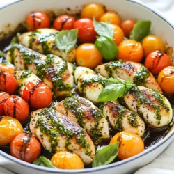 For this dish, use 2 boneless, skinless chicken breasts. They cook evenly and stay juicy. Cut them into strips after cooking for easy serving. Make sure the chicken reaches 165°F (75°C) for safety. You need 1/2 cup of basil pesto. You can make it from scratch or buy it at the store. Homemade pesto tastes fresh and bright. It’s a great way to add flavor to your chicken and veggies. This recipe uses 1 cup of cherry tomatoes, halved, and 1 cup of mozzarella balls. The tomatoes add sweetness. The mozzarella melts beautifully and brings creaminess to the dish. You’ll also need 2 tablespoons of olive oil and 2 cloves of minced garlic for cooking. Don't forget salt and pepper to taste. Fresh basil leaves will brighten the dish when you serve it. Lastly, a drizzle of balsamic glaze adds a nice tang and depth. {{ingredient_image_1}} Start by heating olive oil in a large skillet over medium heat. While the oil warms, season your chicken breasts with salt and pepper on both sides. Once the oil shimmers, add the chicken to the skillet. Cook for about 5 to 7 minutes on each side. This should get the chicken golden brown and cooked through. The internal temperature needs to reach 165°F (75°C). After cooking, take the chicken out and let it rest on a cutting board. In the same skillet, add minced garlic and halved cherry tomatoes. Sauté these for about 2 minutes. You want the tomatoes to soften a bit and release their juices. This will add great flavor to your dish. Stir often to keep the garlic from burning. While the tomatoes are cooking, slice the rested chicken into strips. Return the chicken to the skillet with the tomatoes and garlic. Add your basil pesto to the skillet, stirring well to coat the chicken and tomatoes evenly. Let everything cook together for another 2 to 3 minutes. Next, gently add the mozzarella balls and stir to combine. Allow them to warm through and start to melt. Finally, remove the skillet from the heat. Garnish with fresh basil leaves and drizzle some balsamic glaze on top. Serve hot directly from the skillet for a delicious meal. To cook chicken perfectly, use a meat thermometer. The chicken should reach 165°F (75°C). This step keeps the meat juicy. Season both sides well with salt and pepper. Don't rush this step; let it brown for great flavor. Cook it for about 5-7 minutes on each side. If the chicken is thick, you may need a bit longer. Always let it rest before slicing. This helps the juices stay inside. Balsamic glaze adds a tasty touch to your dish. It brings sweetness and tang that pairs well with the chicken. Drizzle it on top just before serving. You can make it at home or buy it. If you want to make it, simmer balsamic vinegar until it thickens. This intensifies the flavor. Just a little goes a long way in making your dish shine. You can adapt this recipe for different diets easily. If you're looking for a low-carb option, skip the pasta. For a gluten-free meal, check your pesto for gluten. If you are vegan, replace chicken with tofu. Use a plant-based pesto and dairy-free cheese. This way, everyone can enjoy their own version of this tasty meal! Pro Tips Brining the Chicken: Brining the chicken breasts in a simple saltwater solution for about 30 minutes before cooking can help keep them juicy and flavorful. Using Fresh Ingredients: For the best flavor, use fresh basil and high-quality mozzarella. Fresh ingredients can significantly elevate the taste of your dish. Adjusting the Pesto: Feel free to adjust the amount of pesto based on your taste preference. You can add more for a stronger flavor or less for a subtler taste. Perfecting the Balsamic Glaze: If you want a thicker balsamic glaze, simmer it on low heat until it reduces by half. This will create a syrupy consistency that enhances the dish. {{image_2}} You can switch out the chicken for other proteins. Try shrimp or salmon for a tasty twist. Cook shrimp for 3-4 minutes until pink. Salmon needs about 5-6 minutes on each side. Both pair well with pesto and cheese. They add new flavors to your skillet dish. If you want a meat-free meal, use tofu. Choose firm or extra-firm tofu for the best texture. Press it to remove extra water, then cut it into cubes. Sauté the tofu for about 6-8 minutes until golden. Toss it with the pesto and tomatoes just like you would with chicken. You will have a hearty, plant-based dish. Mozzarella is great, but you can try other cheeses too. Goat cheese adds a tangy flavor. Feta cheese gives a salty kick. Both melt nicely and mix well with pesto. Just sprinkle them in during the last few minutes of cooking. This small change can make a big difference in taste. After you enjoy your Pesto Chicken Caprese Skillet, store leftovers the right way. First, let the dish cool to room temperature. Then, place it in an airtight container. This helps keep the flavors fresh. You can store it in the fridge for up to three days. Make sure to label the container with the date. This way, you won’t forget how long it has been there. When you're ready to eat the leftovers, reheating is key. You can use a skillet for the best taste. Heat the skillet on low and add a splash of olive oil. Place the leftover chicken and veggies in the skillet. Stir gently until everything is warm. This method keeps the chicken juicy. You can also use a microwave if you're in a rush. Just cover the dish to keep moisture in. Heat for about one to two minutes. Check to make sure it’s hot all the way through. If you want to save some for later, freezing is a great option. First, let the dish cool fully. Then, put it in a freezer-safe container or a zip-top bag. Remove as much air as you can to prevent freezer burn. Label the bag with the date. It can last in the freezer for up to three months. When you’re ready to eat, thaw it in the fridge overnight. Reheat as mentioned above for the best result. Enjoy your meal later without any fuss! To make homemade pesto, you'll need fresh basil, garlic, pine nuts, Parmesan cheese, and olive oil. Start by adding 2 cups of fresh basil leaves, 2 cloves of garlic, and 1/4 cup of pine nuts to a food processor. Pulse these ingredients until they are finely chopped. Then, slowly add 1/2 cup of olive oil while the processor runs. Finally, mix in 1/2 cup of grated Parmesan cheese until blended. You can tweak the taste with salt and pepper. This fresh pesto will elevate any dish! Yes, you can use different tomatoes if you like. While cherry tomatoes add sweetness, you could opt for grape tomatoes or even diced Roma tomatoes. Each type brings its unique flavor to the dish. Just make sure to adjust cooking times if you choose larger tomatoes, as they may need a bit longer to soften. You can serve many sides with Pesto Chicken Caprese Skillet. A fresh green salad pairs well, adding crunch and brightness. Garlic bread or crusty baguette makes for a delicious addition, perfect for soaking up the pesto sauce. For a heartier option, try serving it with pasta or quinoa. Each choice enhances the meal and keeps things interesting! This post covers how to make a tasty Pesto Chicken Caprese Skillet. We started with the key ingredients: chicken breast, pesto, and fresh vegetables with cheese. Next, I gave step-by-step cooking instructions for prepping the chicken and combining everything in a skillet. To ensure perfect results, I shared tips on cooking chicken and enhancing flavors. I also explored exciting variations, including vegetarian options. Finally, I discussed how to store leftovers and answered common questions. Enjoy creating this dish that’s simple, delicious, and perfect for any meal.