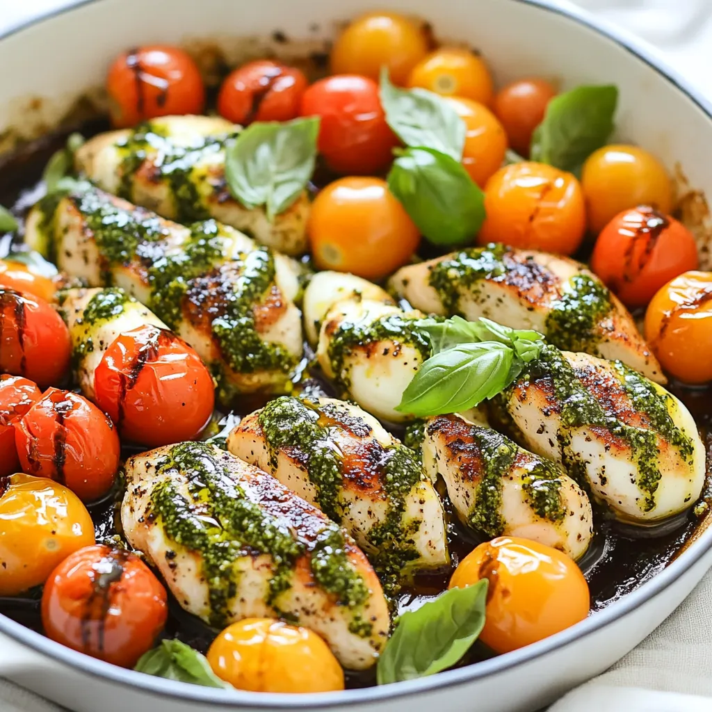 For this dish, use 2 boneless, skinless chicken breasts. They cook evenly and stay juicy. Cut them into strips after cooking for easy serving. Make sure the chicken reaches 165°F (75°C) for safety. You need 1/2 cup of basil pesto. You can make it from scratch or buy it at the store. Homemade pesto tastes fresh and bright. It’s a great way to add flavor to your chicken and veggies. This recipe uses 1 cup of cherry tomatoes, halved, and 1 cup of mozzarella balls. The tomatoes add sweetness. The mozzarella melts beautifully and brings creaminess to the dish. You’ll also need 2 tablespoons of olive oil and 2 cloves of minced garlic for cooking. Don't forget salt and pepper to taste. Fresh basil leaves will brighten the dish when you serve it. Lastly, a drizzle of balsamic glaze adds a nice tang and depth. {{ingredient_image_1}} Start by heating olive oil in a large skillet over medium heat. While the oil warms, season your chicken breasts with salt and pepper on both sides. Once the oil shimmers, add the chicken to the skillet. Cook for about 5 to 7 minutes on each side. This should get the chicken golden brown and cooked through. The internal temperature needs to reach 165°F (75°C). After cooking, take the chicken out and let it rest on a cutting board. In the same skillet, add minced garlic and halved cherry tomatoes. Sauté these for about 2 minutes. You want the tomatoes to soften a bit and release their juices. This will add great flavor to your dish. Stir often to keep the garlic from burning. While the tomatoes are cooking, slice the rested chicken into strips. Return the chicken to the skillet with the tomatoes and garlic. Add your basil pesto to the skillet, stirring well to coat the chicken and tomatoes evenly. Let everything cook together for another 2 to 3 minutes. Next, gently add the mozzarella balls and stir to combine. Allow them to warm through and start to melt. Finally, remove the skillet from the heat. Garnish with fresh basil leaves and drizzle some balsamic glaze on top. Serve hot directly from the skillet for a delicious meal. To cook chicken perfectly, use a meat thermometer. The chicken should reach 165°F (75°C). This step keeps the meat juicy. Season both sides well with salt and pepper. Don't rush this step; let it brown for great flavor. Cook it for about 5-7 minutes on each side. If the chicken is thick, you may need a bit longer. Always let it rest before slicing. This helps the juices stay inside. Balsamic glaze adds a tasty touch to your dish. It brings sweetness and tang that pairs well with the chicken. Drizzle it on top just before serving. You can make it at home or buy it. If you want to make it, simmer balsamic vinegar until it thickens. This intensifies the flavor. Just a little goes a long way in making your dish shine. You can adapt this recipe for different diets easily. If you're looking for a low-carb option, skip the pasta. For a gluten-free meal, check your pesto for gluten. If you are vegan, replace chicken with tofu. Use a plant-based pesto and dairy-free cheese. This way, everyone can enjoy their own version of this tasty meal! Pro Tips Brining the Chicken: Brining the chicken breasts in a simple saltwater solution for about 30 minutes before cooking can help keep them juicy and flavorful. Using Fresh Ingredients: For the best flavor, use fresh basil and high-quality mozzarella. Fresh ingredients can significantly elevate the taste of your dish. Adjusting the Pesto: Feel free to adjust the amount of pesto based on your taste preference. You can add more for a stronger flavor or less for a subtler taste. Perfecting the Balsamic Glaze: If you want a thicker balsamic glaze, simmer it on low heat until it reduces by half. This will create a syrupy consistency that enhances the dish. {{image_2}} You can switch out the chicken for other proteins. Try shrimp or salmon for a tasty twist. Cook shrimp for 3-4 minutes until pink. Salmon needs about 5-6 minutes on each side. Both pair well with pesto and cheese. They add new flavors to your skillet dish. If you want a meat-free meal, use tofu. Choose firm or extra-firm tofu for the best texture. Press it to remove extra water, then cut it into cubes. Sauté the tofu for about 6-8 minutes until golden. Toss it with the pesto and tomatoes just like you would with chicken. You will have a hearty, plant-based dish. Mozzarella is great, but you can try other cheeses too. Goat cheese adds a tangy flavor. Feta cheese gives a salty kick. Both melt nicely and mix well with pesto. Just sprinkle them in during the last few minutes of cooking. This small change can make a big difference in taste. After you enjoy your Pesto Chicken Caprese Skillet, store leftovers the right way. First, let the dish cool to room temperature. Then, place it in an airtight container. This helps keep the flavors fresh. You can store it in the fridge for up to three days. Make sure to label the container with the date. This way, you won’t forget how long it has been there. When you're ready to eat the leftovers, reheating is key. You can use a skillet for the best taste. Heat the skillet on low and add a splash of olive oil. Place the leftover chicken and veggies in the skillet. Stir gently until everything is warm. This method keeps the chicken juicy. You can also use a microwave if you're in a rush. Just cover the dish to keep moisture in. Heat for about one to two minutes. Check to make sure it’s hot all the way through. If you want to save some for later, freezing is a great option. First, let the dish cool fully. Then, put it in a freezer-safe container or a zip-top bag. Remove as much air as you can to prevent freezer burn. Label the bag with the date. It can last in the freezer for up to three months. When you’re ready to eat, thaw it in the fridge overnight. Reheat as mentioned above for the best result. Enjoy your meal later without any fuss! To make homemade pesto, you'll need fresh basil, garlic, pine nuts, Parmesan cheese, and olive oil. Start by adding 2 cups of fresh basil leaves, 2 cloves of garlic, and 1/4 cup of pine nuts to a food processor. Pulse these ingredients until they are finely chopped. Then, slowly add 1/2 cup of olive oil while the processor runs. Finally, mix in 1/2 cup of grated Parmesan cheese until blended. You can tweak the taste with salt and pepper. This fresh pesto will elevate any dish! Yes, you can use different tomatoes if you like. While cherry tomatoes add sweetness, you could opt for grape tomatoes or even diced Roma tomatoes. Each type brings its unique flavor to the dish. Just make sure to adjust cooking times if you choose larger tomatoes, as they may need a bit longer to soften. You can serve many sides with Pesto Chicken Caprese Skillet. A fresh green salad pairs well, adding crunch and brightness. Garlic bread or crusty baguette makes for a delicious addition, perfect for soaking up the pesto sauce. For a heartier option, try serving it with pasta or quinoa. Each choice enhances the meal and keeps things interesting! This post covers how to make a tasty Pesto Chicken Caprese Skillet. We started with the key ingredients: chicken breast, pesto, and fresh vegetables with cheese. Next, I gave step-by-step cooking instructions for prepping the chicken and combining everything in a skillet. To ensure perfect results, I shared tips on cooking chicken and enhancing flavors. I also explored exciting variations, including vegetarian options. Finally, I discussed how to store leftovers and answered common questions. Enjoy creating this dish that’s simple, delicious, and perfect for any meal.