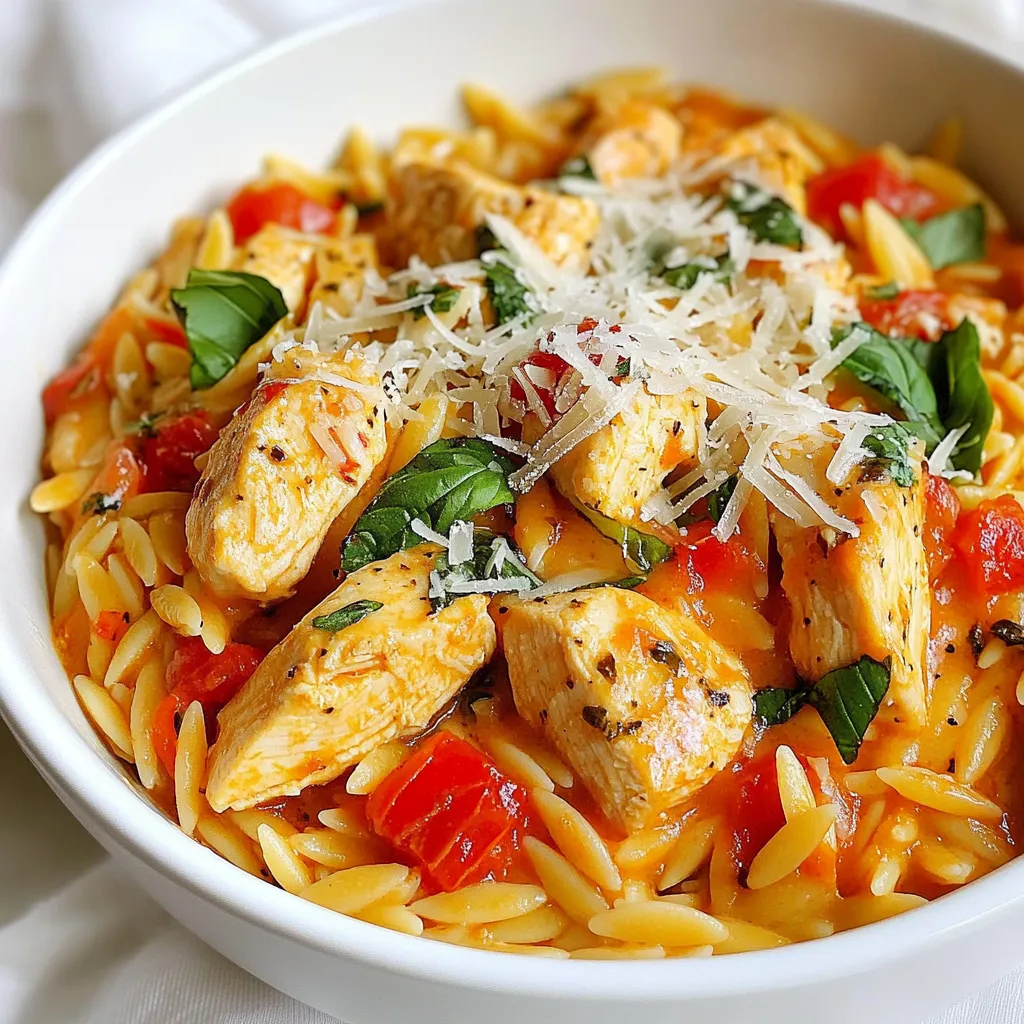 In this tasty dish, you will need these main ingredients to create a creamy, flavorful meal: - 2 chicken breasts, diced - 1 cup orzo pasta - 1 can (14 oz) crushed tomatoes - 1 cup chicken broth - 1 cup heavy cream - 1/2 cup grated Parmesan cheese - 3 cloves garlic, minced - 1 teaspoon dried oregano - 1 teaspoon red pepper flakes (optional) - 1/4 cup fresh basil, chopped - 2 tablespoons olive oil - Salt and pepper to taste Each ingredient plays a key role in building flavor. The chicken gives protein and heartiness. Orzo adds a fun texture. Crushed tomatoes bring a rich base. Heavy cream makes the dish creamy. Parmesan cheese adds a savory kick. Garlic and oregano give depth to each bite. Finally, fresh basil adds a bright finish. You can easily find these ingredients in your local store. Feel free to adjust based on your taste or what you have on hand. The beauty of cooking lies in its flexibility! {{ingredient_image_1}} Start by heating olive oil in a large pot over medium heat. Add the diced chicken and season it with salt, pepper, and oregano. This gives the chicken a great taste. Cook the chicken for about 5 to 7 minutes. Look for a golden brown color; this means it's done. Once the chicken is ready, remove it from the pot. In the same pot, add minced garlic and optional red pepper flakes. Sauté for about one minute until the garlic smells good. Next, stir in the crushed tomatoes and chicken broth. Bring this mixture to a simmer. This step builds rich flavors that make the dish special. Now, add the orzo pasta to the pot. Stir it well to mix everything. Cook according to the package directions, usually 8 to 10 minutes. Check for al dente texture. This means the pasta should be firm but cooked through. After the orzo is done, lower the heat. Stir in heavy cream and grated Parmesan cheese. Mix until it becomes creamy and smooth. Finally, return the cooked chicken to the pot and add fresh basil. Let everything warm together for a few minutes. Taste and adjust seasoning with salt and pepper. You are ready to enjoy a delicious meal! - Overcooking the chicken: Cook the chicken until golden brown, about 5-7 minutes. If you cook it longer, it will dry out. Always check for a juicy inside. - Timing for adding cream: Add the cream after cooking the orzo. Stir it in on low heat to keep it creamy. If you add it too soon, it may curdle. - Suggestions for additional herbs: You can add thyme or parsley for more depth. Fresh herbs bring vibrant taste. Try mixing them in before serving. - Using stock versus broth: Chicken stock gives a richer flavor than broth. Use it for a more robust sauce. If you go with broth, add more herbs to lift the taste. - Garnishing options: Top your dish with extra basil or Parmesan cheese. A sprinkle of red pepper flakes adds color and a hint of heat. - Serving suggestions for variety: Serve with a side salad or garlic bread. This meal pairs well with a light white wine for a special touch. Pro Tips Use Fresh Basil: Fresh basil adds a vibrant flavor that dried basil cannot replicate. Add it at the end to maintain its fresh taste and aroma. Customize the Heat: If you enjoy spice, increase the amount of red pepper flakes or add a pinch of cayenne pepper for an extra kick. Perfectly Cooked Orzo: Stir the orzo occasionally while cooking to prevent it from sticking together, ensuring a creamy and fluffy texture. Make it Healthier: Substitute half of the heavy cream with Greek yogurt for a lighter version that still provides creaminess. {{image_2}} You can switch out chicken for shrimp or tofu. Both options add unique flavors. If you use shrimp, cook it for about 3-5 minutes until it turns pink. For tofu, sauté it until golden brown, which takes around 5-7 minutes. This keeps the dish fresh and fun. To make a meat-free version, simply skip the chicken. You can add veggies like zucchini, bell peppers, or spinach. These options bring color and nutrition. Sauté them with garlic for extra flavor. You can also add chickpeas for protein if you want a heartier dish. If you need a gluten-free meal, swap orzo for gluten-free pasta. Look for options like rice or quinoa pasta. Keep an eye on cooking times, as they may differ. Start checking for doneness a few minutes earlier to avoid mushiness. Enjoy a creamy meal without the gluten! To keep your creamy tomato basil chicken orzo fresh, place it in the fridge. Use airtight containers for best results. Make sure to cool the dish to room temperature before sealing. This helps prevent moisture loss and keeps flavors intact. Try to eat leftovers within three days for the best taste. You can reheat your orzo in two ways: the microwave or on the stovetop. For the microwave, place your portion in a bowl and cover it. Heat in short bursts, stirring in between. This helps it warm evenly. For stovetop, use a pan on low heat. Add a splash of cream or broth to keep it creamy. Stir gently until heated through. Yes, you can freeze this dish! Let it cool completely before transferring it to a freezer-safe container. This helps prevent ice crystals from forming. To thaw, place it in the fridge overnight. For reheating, use the stovetop method with a bit of liquid to restore creaminess. Enjoy it within three months for the best flavor. Yes, you can prep this dish in advance. To do this, cook the chicken and make the sauce. Let the sauce cool, then store it in the fridge. Cook the orzo just before serving. This keeps the pasta from getting mushy. You can use fresh tomatoes! Use about 2-3 medium tomatoes. First, blanch them to remove the skin. Then, chop them and add them to the pot. You may need to add a bit more broth to keep it saucy. Absolutely! If you don’t have orzo, try penne or fusilli. Adjust the cooking time according to the pasta you choose. Make sure it’s cooked al dente for the best texture in your dish. This blog post explored a delicious chicken orzo recipe. We went through the key ingredients, simple steps for cooking, and tips to avoid common mistakes. I shared ways to enhance flavor and suggested tasty variations for different diets. Remember to store leftovers well and follow the reheating tips to keep your dish creamy. Whether you follow the recipe or adapt it, have fun and enjoy cooking. This dish can bring warmth and comfort, perfect for any occasion.