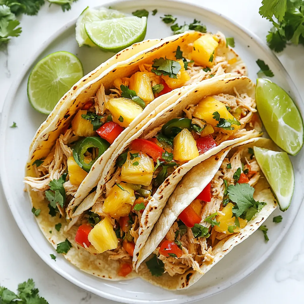 For these tasty tacos, you will need: - 2 cups cooked chicken, shredded - 1 cup fresh pineapple, diced - 1 red bell pepper, thinly sliced - 1 jalapeño, finely chopped (adjust for spice preference) - 1/4 cup red onion, finely chopped - 3 tablespoons fresh cilantro, chopped - 1 tablespoon olive oil - 2 tablespoons lime juice - 1 teaspoon ground cumin - 1 teaspoon smoked paprika - Salt and pepper to taste - 8 small corn tortillas - Lime wedges for serving Each ingredient adds its own flavor. The chicken is the base. Pineapple gives sweetness. The jalapeño brings heat. You can adjust the heat to your liking. Red bell pepper adds crunch and color. The spices create a rich taste. Lime juice adds brightness. You can enhance your tacos with these options: - Avocado slices - Sour cream or Greek yogurt - Shredded cheese - Extra cilantro - Pickled red onions These toppings can add creaminess or tang. They also give your tacos a personal touch. Try them to see which you like best. To make your Spicy Pineapple Chicken Tacos, gather these tools: - Large skillet - Wooden spoon or spatula - Knife - Cutting board - Serving plates Having the right tools makes cooking easier. A large skillet helps with sautéing. A sharp knife and cutting board save time when prepping ingredients. {{ingredient_image_1}} To start, heat olive oil in a large skillet over medium heat. Add the sliced red bell pepper, chopped jalapeño, and red onion. Sauté these vegetables for about 5 to 7 minutes. You want them soft but not mushy. Next, stir in the cooked shredded chicken and diced pineapple. Add ground cumin, smoked paprika, lime juice, salt, and pepper. Cook this mix for another 5 to 6 minutes. Stir often to blend the flavors well and heat everything through. When cooking the vegetables, keep an eye on them. You want a nice color without burning. The red bell pepper adds sweetness, while the jalapeño gives a nice kick. Adjust the amount of jalapeño based on your spice preference. If you like it hot, add more! The onions should turn soft and sweet, creating a great base for your tacos. While the chicken mixture cooks, it's time to warm the corn tortillas. Use a separate dry skillet over medium heat. Place the tortillas in the skillet for about 30 seconds on each side. You want them warm and pliable, perfect for folding. This step adds a nice texture and flavor. Now comes the fun part! Take each warm tortilla and place a generous spoonful of the spicy pineapple chicken mixture in the center. Be sure to add enough to fill it well. Top each taco with fresh chopped cilantro for a burst of flavor. Serve the tacos right away with lime wedges on the side. Squeezing fresh lime juice over the top adds a bright, zesty touch. Enjoy every flavorful bite! To make great tacos, start with a fresh pineapple. Look for a pineapple with a sweet smell. The skin should be firm but slightly soft when pressed. A golden color shows ripeness. Avoid pineapples with dark spots or bruises. A ripe pineapple will enhance the taste of your dish. You can adjust the spice level easily. If you want mild tacos, skip the jalapeño or use less. For more heat, add more jalapeño or even a pinch of cayenne pepper. Taste as you go to find the right balance. Always remember, you can add spice, but you can’t take it away! To save time, you can prepare some parts in advance. Cook the chicken and chop the veggies the day before. Store them in separate containers in the fridge. You can also mix the chicken and pineapple ahead of time. Just warm it all up before serving. This makes taco night quick and easy! Pro Tips Balance the Heat: If you prefer milder tacos, remove the seeds from the jalapeño or use a smaller amount. You can also substitute with a milder pepper like a green bell pepper. Fresh Ingredients Matter: Using fresh pineapple enhances the sweetness and acidity of the dish. If fresh is unavailable, opt for canned pineapple in juice (not syrup) for the best flavor. Warm Tortillas: Warming corn tortillas before serving makes them more pliable and less likely to tear. You can also wrap them in a clean kitchen towel to keep them warm. Garnish Wisely: Along with cilantro, consider adding avocado slices or crumbled queso fresco for extra creaminess and flavor contrast in your tacos. {{image_2}} You can switch up the protein in your tacos for new flavors. Try using shrimp or fish for a fresh twist. They cook quickly and pair well with pineapple. Ground turkey or beef also works nicely if you want something hearty. Just make sure to season them with the same spices for that zesty kick. If you want a vegetarian version, use black beans or chickpeas. They add protein and texture. Sauté them with the same spices from the chicken recipe. You can also add grilled vegetables, like zucchini or mushrooms. These options keep the tacos filling and tasty without meat. Want to spice things up? Add mango or peach chunks for a sweet twist. A splash of soy sauce gives a savory depth. For a smoky flavor, try adding chipotle peppers. You can also mix in some avocado for creaminess. Each of these twists makes the tacos unique and fun to try. To keep your Spicy Pineapple Chicken Tacos fresh, store leftovers in an airtight container. Make sure to separate the chicken mixture from the tortillas. This helps maintain the taco's crunch. Store the chicken mixture in the fridge for up to three days. When you're ready to enjoy your leftovers, reheat the chicken mixture on the stove. Use low heat and stir often to avoid burning. Warm the tortillas in a dry skillet for about 30 seconds on each side. This will bring back their soft texture. If you want to save some for later, freeze the chicken mixture. Place it in a freezer-safe container or a zip-top bag. Remove as much air as possible before sealing. It can stay in the freezer for up to three months. When ready to eat, thaw it in the fridge overnight and reheat as mentioned above. Yes, you can use canned pineapple. It saves time and is easy to find. Just drain the juice well. This helps keep the tacos from getting soggy. Fresh pineapple has a bright flavor. Canned pineapple is sweet, but the taste is still good. Corn tortillas are the best choice for these tacos. They add a nice flavor and texture. You can also use flour tortillas if you prefer. Just warm them up before filling. This makes them soft and easier to fold. To make it dairy-free, skip any cheese or sour cream. Use fresh toppings like cilantro and lime instead. These add flavor without dairy. You can also try avocado for creaminess. It pairs well with the spicy chicken and pineapple. You can serve these tacos with a fresh salad. A simple green salad with lime dressing works great. Rice or quinoa is another good choice. They fill you up and balance the flavors. Chips and salsa also make a fun side. Enjoy your meal with some fresh fruit! You learned how to make Spicy Pineapple Chicken Tacos today. We covered the key ingredients, step-by-step cooking, and helpful tips. You can even explore variations to fit your taste. Remember to store any leftovers properly to enjoy them later. Cooking should be fun and tasty. You can impress friends and family with this dish. Now, it's time to try this recipe and enjoy your flavorful taco creation!