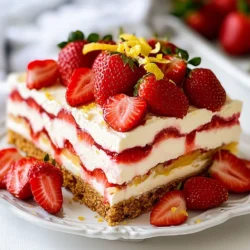 For this recipe, you need 2 cups of fresh strawberries. Make sure to hull and slice them. Fresh strawberries add sweetness and a nice texture. If your strawberries are not sweet enough, you can add 1 tablespoon of sugar. This step helps bring out their juices. You will need 8 oz of cream cheese. It should be softened for easy mixing. Next, use 1 cup of powdered sugar to sweeten the cream cheese. Add 1 teaspoon of vanilla extract for flavor. Finally, you need 1 cup of heavy whipping cream. This will make your cheesecake light and fluffy. For the base, get 12 graham crackers, or more if needed. They create a great crunch. You can also add the zest of 1 lemon. This adds a bright, fresh taste to the cake. These ingredients come together to create a delicious icebox cake that everyone will love. {{ingredient_image_1}} Start by taking 2 cups of fresh strawberries. Hull and slice them into thin pieces. If you want extra sweetness, add 1 tablespoon of sugar. This step helps bring out their natural juices. Let the strawberries sit for about 15 to 20 minutes. This makes them juicy and perfect for your cake. Next, grab 8 ounces of softened cream cheese. In a large bowl, use an electric mixer to beat the cream cheese until it is smooth. Slowly add in 1 cup of powdered sugar. Then mix in 1 teaspoon of vanilla extract. Blend until everything is well combined and creamy. In another bowl, pour in 1 cup of heavy whipping cream. Use a hand mixer to whip the cream until you see stiff peaks. This means the cream is thick and fluffy. Now, gently fold the whipped cream into the cream cheese mixture. Make sure to combine them fully without losing the fluffiness. Start building your cake by lining the bottom of your rectangular cake pan with graham crackers. Place a layer of graham crackers down. Next, spread a third of your cheesecake filling over the crackers. Now, add a layer of your macerated strawberries. This creates a lovely mix of flavors. Once you have all your layers set, cover the cake with plastic wrap. Put it in the refrigerator. Let it chill for at least 4 hours. For the best flavor and texture, chilling overnight is ideal. When you're ready to serve, zest one lemon over the top of the cake. This adds a bright, fresh flavor. You can also garnish with a few whole strawberries for a lovely touch. Cut the cake into squares and serve on plates. Drizzle some extra strawberry juice on top if you like. Enjoy your delicious Strawberry Cheesecake Icebox Cake! To make the best Strawberry Cheesecake Icebox Cake, focus on layering. Start with graham crackers at the bottom. Spread a third of the cheesecake filling over them. Then, add a layer of strawberries. Repeat this until you run out of ingredients. I like to end with a layer of filling. This gives the cake a nice look. Texture matters a lot in this recipe. Use softened cream cheese for a smooth filling. Whip the heavy cream until it forms stiff peaks. Gently fold this into the cream cheese mix. This makes the filling light and fluffy. Let the cake chill for at least four hours. Chilling helps the layers set and blend flavors well. For a great presentation, cut the cake into squares. Serve each piece on a plate. Drizzle some strawberry juice over each slice. You can also zest a lemon on top for a nice touch. Add whole strawberries for color and appeal. These small details make your cake stand out. Pro Tips Sweeten to Taste: Adjust the sugar in the maceration process based on the sweetness of your strawberries. Fresh, ripe strawberries may not need additional sugar. Chill for Best Results: Allow the cake to chill overnight for a firmer texture and enhanced flavors. The longer it sits, the better the layers meld together. Use Fresh Ingredients: Opt for fresh, in-season strawberries for the best flavor. Frozen strawberries can be used, but they may result in a softer texture. Make it Your Own: Feel free to experiment by adding other fruits like blueberries or raspberries, or by using different flavored extracts in the cheesecake filling. {{image_2}} You can change the taste of your icebox cake easily. Add lemon zest for a fresh twist. You can also mix in a bit of cocoa powder for a chocolate flavor. Try adding peanut butter to the cheesecake filling for a nutty kick. You can also use flavored extracts like almond or coconut for fun surprises. Toppings can make your icebox cake even more exciting. Use blueberries, raspberries, or blackberries for a berry medley. Crushed cookies or nuts add a crunchy texture. You can drizzle caramel or chocolate sauce on top for sweetness. Fresh mint leaves can give a nice touch and bright flavor. You can enjoy this dessert even without dairy. Use plant-based cream cheese instead of regular cream cheese. For the whipped cream, try coconut cream. Chill a can of coconut milk overnight, then whip it to get creamy goodness. Use vegan graham crackers to keep it dairy-free. After you enjoy your Strawberry Cheesecake Icebox Cake, store leftovers in the fridge. Place it in an airtight container. If you don’t have one, cover the cake tightly with plastic wrap. This keeps the cake fresh and prevents it from drying out. You can enjoy the cake for up to three days. However, it tastes best within the first two days. Refrigerate the icebox cake right after serving. The cold helps the flavors meld together. Make sure your fridge is at 40°F or lower. This temperature keeps your cake safe to eat. If you notice any moisture forming on the wrap, change it out to avoid sogginess. This way, your cake stays delicious and fresh! You can freeze your Strawberry Cheesecake Icebox Cake for longer storage. To do this, first, cut it into squares. Wrap each piece tightly in plastic wrap. Then, place the wrapped pieces in a freezer-safe bag. It’s best to freeze the cake for up to two months. When you’re ready to eat it, thaw it in the fridge overnight. This keeps the texture smooth and creamy. Enjoy your tasty treat! Yes, you can use frozen strawberries. Just thaw them first. Drain any extra juice before using them in the cake. This helps keep the layers from getting too soggy. The icebox cake stays fresh for about 3-5 days in the fridge. Keep it covered with plastic wrap or a lid. After that, it may lose its flavor and texture. Absolutely! This recipe works well if you make it a day ahead. Chilling it overnight enhances the flavors. It also helps the layers set nicely. If you need a substitute for cream cheese, try Greek yogurt or mascarpone cheese. These options provide a creamy texture. They also add a different flavor twist. While it is not strictly necessary, chilling overnight is best. It allows the flavors to blend well. The cake also becomes firmer, making it easier to slice. This blog walked you through making a delicious icebox cake. We covered fresh strawberries, dairy ingredients, and graham crackers. You learned how to prepare, assemble, and chill your cake for the best taste. Tips like perfecting layers and presentation ideas help make it shine. Plus, variations offer exciting twists, whether you prefer dairy-free options or alternative toppings. Remember to store leftovers properly so you can enjoy each bite later. Now, it's time to create your own masterpiece and impress your friends and family with this easy dessert!