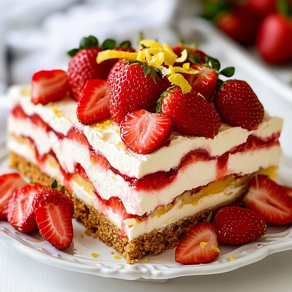 For this recipe, you need 2 cups of fresh strawberries. Make sure to hull and slice them. Fresh strawberries add sweetness and a nice texture. If your strawberries are not sweet enough, you can add 1 tablespoon of sugar. This step helps bring out their juices. You will need 8 oz of cream cheese. It should be softened for easy mixing. Next, use 1 cup of powdered sugar to sweeten the cream cheese. Add 1 teaspoon of vanilla extract for flavor. Finally, you need 1 cup of heavy whipping cream. This will make your cheesecake light and fluffy. For the base, get 12 graham crackers, or more if needed. They create a great crunch. You can also add the zest of 1 lemon. This adds a bright, fresh taste to the cake. These ingredients come together to create a delicious icebox cake that everyone will love. {{ingredient_image_1}} Start by taking 2 cups of fresh strawberries. Hull and slice them into thin pieces. If you want extra sweetness, add 1 tablespoon of sugar. This step helps bring out their natural juices. Let the strawberries sit for about 15 to 20 minutes. This makes them juicy and perfect for your cake. Next, grab 8 ounces of softened cream cheese. In a large bowl, use an electric mixer to beat the cream cheese until it is smooth. Slowly add in 1 cup of powdered sugar. Then mix in 1 teaspoon of vanilla extract. Blend until everything is well combined and creamy. In another bowl, pour in 1 cup of heavy whipping cream. Use a hand mixer to whip the cream until you see stiff peaks. This means the cream is thick and fluffy. Now, gently fold the whipped cream into the cream cheese mixture. Make sure to combine them fully without losing the fluffiness. Start building your cake by lining the bottom of your rectangular cake pan with graham crackers. Place a layer of graham crackers down. Next, spread a third of your cheesecake filling over the crackers. Now, add a layer of your macerated strawberries. This creates a lovely mix of flavors. Once you have all your layers set, cover the cake with plastic wrap. Put it in the refrigerator. Let it chill for at least 4 hours. For the best flavor and texture, chilling overnight is ideal. When you're ready to serve, zest one lemon over the top of the cake. This adds a bright, fresh flavor. You can also garnish with a few whole strawberries for a lovely touch. Cut the cake into squares and serve on plates. Drizzle some extra strawberry juice on top if you like. Enjoy your delicious Strawberry Cheesecake Icebox Cake! To make the best Strawberry Cheesecake Icebox Cake, focus on layering. Start with graham crackers at the bottom. Spread a third of the cheesecake filling over them. Then, add a layer of strawberries. Repeat this until you run out of ingredients. I like to end with a layer of filling. This gives the cake a nice look. Texture matters a lot in this recipe. Use softened cream cheese for a smooth filling. Whip the heavy cream until it forms stiff peaks. Gently fold this into the cream cheese mix. This makes the filling light and fluffy. Let the cake chill for at least four hours. Chilling helps the layers set and blend flavors well. For a great presentation, cut the cake into squares. Serve each piece on a plate. Drizzle some strawberry juice over each slice. You can also zest a lemon on top for a nice touch. Add whole strawberries for color and appeal. These small details make your cake stand out. Pro Tips Sweeten to Taste: Adjust the sugar in the maceration process based on the sweetness of your strawberries. Fresh, ripe strawberries may not need additional sugar. Chill for Best Results: Allow the cake to chill overnight for a firmer texture and enhanced flavors. The longer it sits, the better the layers meld together. Use Fresh Ingredients: Opt for fresh, in-season strawberries for the best flavor. Frozen strawberries can be used, but they may result in a softer texture. Make it Your Own: Feel free to experiment by adding other fruits like blueberries or raspberries, or by using different flavored extracts in the cheesecake filling. {{image_2}} You can change the taste of your icebox cake easily. Add lemon zest for a fresh twist. You can also mix in a bit of cocoa powder for a chocolate flavor. Try adding peanut butter to the cheesecake filling for a nutty kick. You can also use flavored extracts like almond or coconut for fun surprises. Toppings can make your icebox cake even more exciting. Use blueberries, raspberries, or blackberries for a berry medley. Crushed cookies or nuts add a crunchy texture. You can drizzle caramel or chocolate sauce on top for sweetness. Fresh mint leaves can give a nice touch and bright flavor. You can enjoy this dessert even without dairy. Use plant-based cream cheese instead of regular cream cheese. For the whipped cream, try coconut cream. Chill a can of coconut milk overnight, then whip it to get creamy goodness. Use vegan graham crackers to keep it dairy-free. After you enjoy your Strawberry Cheesecake Icebox Cake, store leftovers in the fridge. Place it in an airtight container. If you don’t have one, cover the cake tightly with plastic wrap. This keeps the cake fresh and prevents it from drying out. You can enjoy the cake for up to three days. However, it tastes best within the first two days. Refrigerate the icebox cake right after serving. The cold helps the flavors meld together. Make sure your fridge is at 40°F or lower. This temperature keeps your cake safe to eat. If you notice any moisture forming on the wrap, change it out to avoid sogginess. This way, your cake stays delicious and fresh! You can freeze your Strawberry Cheesecake Icebox Cake for longer storage. To do this, first, cut it into squares. Wrap each piece tightly in plastic wrap. Then, place the wrapped pieces in a freezer-safe bag. It’s best to freeze the cake for up to two months. When you’re ready to eat it, thaw it in the fridge overnight. This keeps the texture smooth and creamy. Enjoy your tasty treat! Yes, you can use frozen strawberries. Just thaw them first. Drain any extra juice before using them in the cake. This helps keep the layers from getting too soggy. The icebox cake stays fresh for about 3-5 days in the fridge. Keep it covered with plastic wrap or a lid. After that, it may lose its flavor and texture. Absolutely! This recipe works well if you make it a day ahead. Chilling it overnight enhances the flavors. It also helps the layers set nicely. If you need a substitute for cream cheese, try Greek yogurt or mascarpone cheese. These options provide a creamy texture. They also add a different flavor twist. While it is not strictly necessary, chilling overnight is best. It allows the flavors to blend well. The cake also becomes firmer, making it easier to slice. This blog walked you through making a delicious icebox cake. We covered fresh strawberries, dairy ingredients, and graham crackers. You learned how to prepare, assemble, and chill your cake for the best taste. Tips like perfecting layers and presentation ideas help make it shine. Plus, variations offer exciting twists, whether you prefer dairy-free options or alternative toppings. Remember to store leftovers properly so you can enjoy each bite later. Now, it's time to create your own masterpiece and impress your friends and family with this easy dessert!