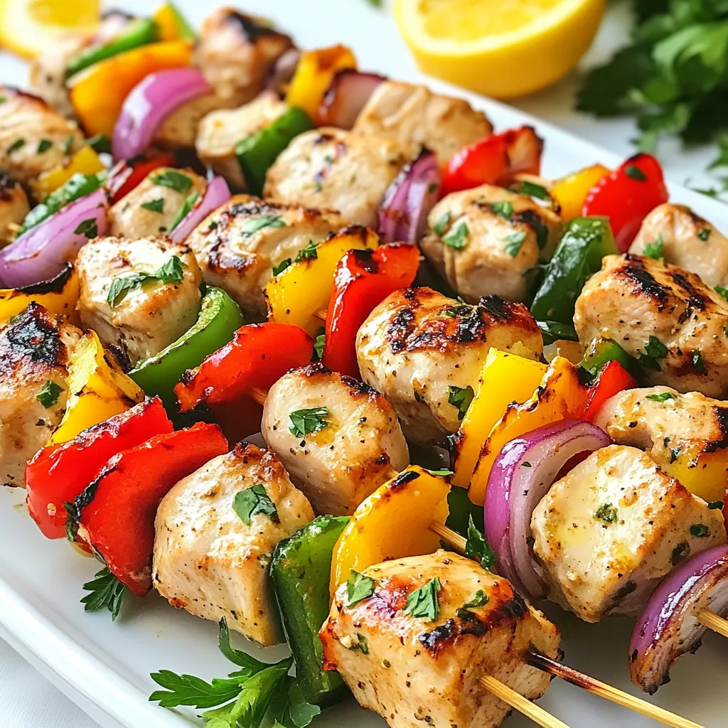 For Greek Lemon Chicken Kebabs, you need: - 1.5 lbs boneless, skinless chicken breasts, cut into 1-inch cubes - 1/4 cup olive oil - Zest and juice of 2 large lemons - 4 cloves garlic, minced - 1 tablespoon dried oregano - 1 teaspoon salt - 1/2 teaspoon black pepper - 1/2 teaspoon smoked paprika These main ingredients give the kebabs their bright, fresh flavor. The chicken is the star. It absorbs the zesty marinade well. The marinade is key to great flavor. You mix: - Olive oil - Lemon zest and juice - Minced garlic - Dried oregano - Salt - Black pepper - Smoked paprika This mix tenderizes the chicken. The lemon adds brightness, while garlic and oregano bring warmth. The spices give each bite depth and character. Adding veggies makes the dish colorful and healthy. Use: - 1 red bell pepper, cut into 1-inch pieces - 1 green bell pepper, cut into 1-inch pieces - 1 red onion, cut into wedges These vegetables roast well on the grill. They add sweetness and a nice crunch. Plus, they look great on the skewers! Enjoy every bite with the chicken. {{ingredient_image_1}} To start, gather a large bowl. In this bowl, whisk together the olive oil, lemon zest, lemon juice, minced garlic, dried oregano, salt, black pepper, and smoked paprika. This mix brings bright flavors to the chicken. Make sure it is well combined. Next, take your chicken breasts and cut them into 1-inch cubes. Add the chicken to the marinade. Toss it well to coat every piece. Cover the bowl and place it in the fridge. Let the chicken marinate for at least 1 hour, but 4 hours gives even better taste. Now, if you use wooden skewers, soak them in water for 30 minutes. This step keeps them from burning on the grill. Preheat your grill or grill pan to medium-high heat. Take the marinated chicken and start threading it onto the skewers. Alternate the chicken with red and green bell pepper pieces and red onion wedges. This adds color and flavor. Place the assembled kebabs on the grill. Grill them for about 10-15 minutes. Turn the kebabs occasionally. Cook until the chicken is done and reaches 165°F (75°C). The veggies should get a nice char. After grilling, let the kebabs rest for a few minutes before serving. This helps keep them juicy and tasty. To get juicy and full-flavored chicken, marinate it well. I like to use fresh lemon juice and zest. They add a bright tang. Combine them with olive oil, garlic, and spices. This mix helps to tenderize the chicken. Cover the chicken in the marinade and chill it for at least an hour. For a stronger flavor, you can marinate for up to four hours. Cooking chicken to the right temperature is key. The safe internal temperature is 165°F (75°C). I use a meat thermometer to check this. It ensures the chicken is fully cooked and safe to eat. If you want juicy meat, avoid overcooking. Cook until it reaches the safe temperature, then take it off the grill. Getting those nice grill marks can impress your guests. First, preheat your grill to medium-high heat. Place the kebabs directly on the grill. Don’t move them for a few minutes. This helps create those beautiful lines. After three to four minutes, rotate them 90 degrees. This gives you perfect diamond shapes. Flip the kebabs to cook the other side. Pro Tips Marinate Longer for Flavor: For the best flavor, marinate the chicken for at least 4 hours or overnight if possible. This allows the chicken to absorb all the delicious flavors from the marinade. Ensure Even Cooking: Cut chicken and vegetables into uniform pieces to ensure they cook evenly on the grill. This prevents some pieces from being undercooked or overcooked. Use High Heat: Grill the kebabs on high heat to achieve a nice char and seal in the juices. This helps to keep the chicken moist and adds great flavor. Rest Before Serving: Allow the kebabs to rest for a few minutes after grilling. This helps the juices redistribute throughout the chicken, making it more tender and flavorful. {{image_2}} You can easily make these kebabs vegetarian. Use firm tofu or tempeh instead of chicken. Both absorb flavors well. Cube the tofu or tempeh and marinate it just like the chicken. You can also add mushrooms, zucchini, or eggplant for extra flavor and texture. Don’t have all the marinade ingredients? No problem! You can use yogurt instead of olive oil for a creamy twist. Add fresh herbs like basil or thyme for a different taste. For a spicy kick, mix in a bit of chili powder or cayenne pepper. Serve your kebabs on a large platter with fresh parsley and lemon wedges. This adds color and brightness to the dish. Pair them with tzatziki sauce for dipping. Warm pita bread also makes a great side. For a full meal, add a Greek salad or couscous. After you enjoy your Greek Lemon Chicken Kebabs, store any leftovers in an airtight container. This keeps the flavors fresh. Place the container in the fridge. Eat the leftovers within 3 days for the best taste. If you have extra kebabs, don’t worry! Just make sure they cool down before putting them away. This helps prevent moisture buildup in the container. If you want to keep your kebabs longer, freezing is a great option. First, wrap each kebab in plastic wrap or aluminum foil. Then, place them in a freezer-safe bag or container. Make sure to squeeze out any air. You can freeze them for up to 3 months. When you're ready to eat, just thaw them in the fridge overnight. To reheat your Greek Lemon Chicken Kebabs, use your oven or grill for the best results. Preheat your oven to 350°F (175°C). Place the kebabs on a baking sheet. Heat them for about 10-15 minutes. If using a grill, preheat it to medium heat and grill the kebabs for 5-7 minutes, turning occasionally. Make sure they reach an internal temperature of 165°F (75°C) before eating. Enjoy the delicious flavors just like fresh! To make Greek lemon chicken kebabs, start by mixing olive oil, lemon zest, lemon juice, garlic, oregano, salt, black pepper, and smoked paprika in a bowl. Whisk until smooth. Next, add 1.5 lbs of chicken cubes. Toss them well in the marinade. Cover the bowl and chill it for at least one hour. After marinating, soak wooden skewers in water if needed. Preheat your grill to medium-high. Thread the chicken, red and green bell peppers, and red onion onto the skewers. Grill them for 10-15 minutes, turning often until the chicken reaches 165°F. Let them rest before serving. Yes, you can prepare Greek lemon chicken kebabs ahead of time. Marinate the chicken for up to four hours for better flavor. You can also assemble the kebabs and store them in the fridge before grilling. This saves time and helps the flavors blend well. Great sides include a fresh Greek salad, tzatziki sauce, or warm pita bread. Rice or couscous also makes a tasty base. Grilled vegetables can add color and flavor. These sides complement the bright taste of the kebabs. To check if the chicken is fully cooked, use a meat thermometer. It should read 165°F (75°C) in the thickest part. The chicken should be white and no longer pink. If you cut into it, the juices should run clear. This ensures the chicken is safe to eat. This guide covers everything you need for Greek Lemon Chicken Kebabs. We discussed key ingredients, marinade choices, and grilling steps. I shared tips for perfect results, including cooking temperatures and mark techniques. You learned about tasty variations and proper storage methods to keep your leftovers fresh. Enjoy making this dish. It’s fun, flavorful, and a great meal for any occasion. Dive into the world of kebabs and impress your family and friends with your skills. Happy grilling!