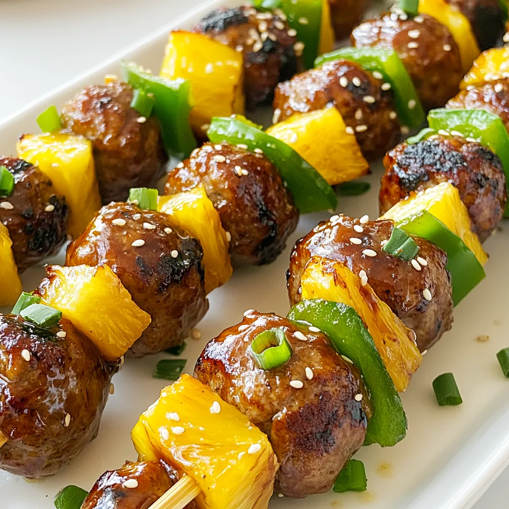 - 1 pound ground chicken or turkey - 1/2 cup breadcrumbs - 1/4 cup green onions, finely chopped - 2 cloves garlic, minced - 1 tablespoon fresh ginger, grated For the meatballs, I prefer ground chicken or turkey. Both options keep the dish light yet filling. The breadcrumbs help bind the meatballs. Fresh green onions add a nice crunch. Minced garlic and grated ginger bring out rich flavors. - 1/4 cup soy sauce (low sodium recommended) - 1/4 cup pineapple juice - 1 tablespoon sesame oil - 1/4 cup brown sugar - 1 tablespoon cornstarch The sauce is crucial for flavor. Soy sauce gives it that umami kick. Pineapple juice adds sweetness and tang. Sesame oil enhances the aroma, while brown sugar balances the salty flavor. Cornstarch thickens the sauce for a nice glaze. - 1 cup fresh pineapple chunks - 1 bell pepper, cut into bite-sized pieces (any color) - Salt and pepper to taste - Wooden or metal skewers Fresh pineapple chunks add a juicy burst. I like to use bell peppers for color and crunch. Season with salt and pepper for added taste. Make sure to have skewers ready, so you can thread everything together easily. {{ingredient_image_1}} - In a large bowl, combine the ground chicken or turkey, breadcrumbs, chopped green onions, minced garlic, and grated ginger. - Add salt and pepper to taste. Mix well until combined. - Form the mixture into small meatballs, about 1 inch in size. You should make around 20-24 meatballs. - In a small saucepan, whisk together the soy sauce, pineapple juice, sesame oil, brown sugar, and cornstarch. - Heat this mixture over medium heat. Stir constantly until the sauce thickens, which takes about five minutes. - Once thick, remove the sauce from heat and set it aside. - Preheat your grill or grill pan to medium heat. - If using wooden skewers, soak them in water for about 30 minutes. This helps prevent burning. - Thread the meatballs, fresh pineapple chunks, and bell pepper pieces onto each skewer. Alternate them as you like. - Brush the skewers with the teriyaki sauce before placing them on the grill. - Grill the skewers for about 10-12 minutes. Turn them occasionally and brush with more teriyaki sauce. Look for grill marks and ensure the meatballs are fully cooked. - Once grilled, take the skewers off the grill and let them rest for a couple of minutes. - Serve the meatball skewers drizzled with any leftover teriyaki sauce. You can garnish with more chopped green onions if you wish. To ensure your meatballs are fully cooked, check their center. Use a meat thermometer; the center should reach 165°F. This keeps your meal safe and tasty. Grill them for about 10-12 minutes, turning them often. This gives them nice grill marks and helps them cook evenly. To prevent skewers from burning, soak wooden skewers in water for 30 minutes before grilling. This trick helps keep them from catching fire. If you use metal skewers, you don’t need to worry about soaking. Just make sure they are clean and ready. For a fun presentation, serve skewers on a large platter with fresh lettuce leaves. Drizzle extra teriyaki sauce over the skewers for a glossy look. Sprinkle sesame seeds on top for an extra touch. You can also garnish with chopped green onions for color. Pair these skewers with jasmine rice or a light salad. The sweetness of the pineapple works well with both. You can also serve them with a side of steamed veggies for a colorful plate. Always use fresh ingredients. Fresh garlic and ginger really boost the taste of your meatballs. Using ripe pineapple also adds more sweetness and flavor. To adjust sweetness, add more or less brown sugar to the sauce. If you want it saltier, add a bit more soy sauce. Taste the sauce as you go, and find the right balance for your palate. Pro Tips Use Fresh Ingredients: Fresh pineapple and high-quality ground meat enhance the flavor of your skewers significantly. Perfect Skewering: Alternate between meatballs, pineapple, and bell pepper for a balanced flavor and visual appeal. Monitor Grill Temperature: Ensure your grill is preheated to medium heat to achieve nice grill marks without burning the skewers. Rest Before Serving: Allow skewers to rest for a couple of minutes after grilling to help the juices redistribute within the meatballs. {{image_2}} You can switch out ground chicken or turkey for ground beef or pork. This adds richness and flavor. If you want a lighter option, try ground turkey breast. You can also use plant-based meat for a vegetarian twist. For veggies, bell peppers work well, but you can use zucchini, cherry tomatoes, or mushrooms too. These choices keep it fun and fresh. To bake the meatball skewers, preheat your oven to 400°F. Place the skewers on a baking sheet lined with parchment paper. Bake for about 15-20 minutes, turning halfway through. This method gives you a crispy outside without a grill. If you prefer air frying, set your air fryer to 375°F. Cook for about 10 minutes, shaking the basket halfway through for even cooking. Both methods save time and add convenience. Want to spice things up? Add crushed red pepper flakes or a dash of cayenne to the meatball mix. Fresh herbs like cilantro or basil can brighten the dish. You can also try other sauces. Swap teriyaki for sweet and sour sauce or barbecue sauce for a different taste. Each change can bring a new twist to your skewers, making them unique every time. To store any leftovers, place the skewers in an airtight container. You can keep them in the fridge for up to three days. When you’re ready to eat, reheat them in a microwave or on a skillet. Heat until the meatballs are warm throughout. This keeps the flavors fresh and tasty. For freezing, wrap the cooked skewers tightly in plastic wrap. Then, place them in a freezer bag. They can stay in the freezer for up to three months. To thaw, move them to the fridge overnight. Reheat in the oven or on the grill. This helps the meatballs retain their juicy texture. In the fridge, these skewers last about three days. If you freeze them, they stay good for about three months. Always check for any signs of spoilage before eating. Enjoy your flavorful meal anytime with proper storage! You can use crushed crackers or oats as a substitute for breadcrumbs. Both options work well to bind the meatballs. You can also use ground nuts for a gluten-free choice. Just keep in mind that the texture may change a bit. Yes, you can prepare the skewers ahead of time. Assemble them and store them in the fridge for a few hours. Just brush them with teriyaki sauce before grilling. This saves time when you want to cook. To check if the meatballs are done, use a meat thermometer. The internal temperature should reach 165°F. You can also cut one open; it should no longer be pink inside. Make sure they are cooked evenly. Yes, you can make a vegetarian version using plant-based meat or mashed beans. Add in the same flavorings and binders. You can also use mushrooms for a meaty texture. This way, everyone can enjoy the skewers. Absolutely! Store-bought teriyaki sauce can save you time. Just make sure to check the flavor and sweetness. You might want to adjust it by adding more garlic or ginger for a fresh taste. You can easily make tasty meatball skewers with ground chicken or turkey. We covered key ingredients like garlic, ginger, and fresh veggies. I walked you through making a rich teriyaki sauce and grilling the skewers. Remember to check for doneness and feel free to mix things up with different flavors. These skewers are fun for any gathering. Enjoy creating and sharing this dish with loved ones!