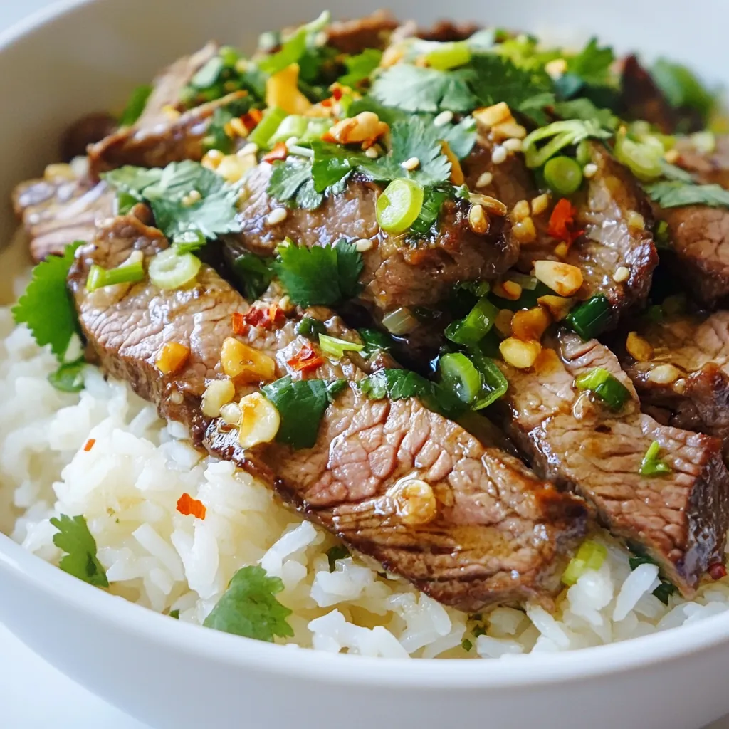 For this Ginger Scallion Beef Rice Skillet, you need: - 1 lb beef sirloin, thinly sliced - 2 cups cooked jasmine rice - 1 tablespoon vegetable oil - 4 green onions (scallions), chopped - 2 tablespoons fresh ginger, minced - 3 cloves garlic, minced - 2 tablespoons soy sauce - 1 tablespoon sesame oil - 1 teaspoon red pepper flakes (optional) - Salt and pepper to taste - Fresh cilantro, for garnish You can swap some items if needed: - Use chicken or tofu instead of beef for a different protein. - Brown rice works well if you want a whole grain. - Any cooking oil, like olive or canola, can replace vegetable oil. - For a milder flavor, use less ginger and garlic. - If you don’t have soy sauce, try tamari or coconut aminos. - Skip red pepper flakes if you prefer no heat. Measuring helps ensure your dish turns out great: - Use a kitchen scale for precise meat weights. - A measuring cup works well for rice and liquids. - For minced garlic and ginger, chop finely for even cooking. - Level off ingredients like soy sauce with a straight edge. - Keep a measuring spoon handy for oils and seasonings. These tips will help you gather everything you need for this delicious dish. Enjoy the cooking process and the tasty results! {{ingredient_image_1}} Start with the beef sirloin. Slice it thinly against the grain. This helps it stay tender. Season the slices with salt and pepper. Heat vegetable oil in a large skillet over medium-high heat. When the oil is hot, add the beef. Let it sear for about 3-4 minutes. Look for a nice brown color. Once browned, remove the beef from the skillet and set it aside. Next, reduce the heat to medium. In the same skillet, add minced ginger, minced garlic, and chopped scallions. Sauté these for about 2-3 minutes. You want to smell the ginger and garlic. This step adds a lot of flavor to your dish. Stir occasionally to avoid burning. Now, return the beef to the skillet. Add the cooked jasmine rice, soy sauce, and sesame oil. Mix everything well. If you like heat, sprinkle in some red pepper flakes. Stir again for another 3-4 minutes. Make sure everything is heated through. Taste it and add more salt and pepper if needed. Serve hot, and don’t forget to garnish with fresh cilantro and extra scallions if you want. Enjoy your meal! To get tender beef, slice it thinly against the grain. This cuts the fibers, making each bite softer. Use sirloin for the best taste and texture. Sear the beef in hot oil for a nice crust. Don’t crowd the skillet; cook in batches if needed. This helps the beef brown well and not steam. For extra flavor, marinate the beef. Mix soy sauce, ginger, and garlic in a bowl. Add the beef and let it sit for 30 minutes. This step gives the beef a deeper taste. If you are short on time, skip this step. The dish will still taste great without marination. Using leftover rice makes this dish quick. It should be cold and dry for the best results. Fresh rice can be too sticky and clump together. If you don’t have leftover rice, cook it earlier in the day. This dish is perfect for using up that extra rice from takeout or previous meals. Pro Tips Slice Against the Grain: For tender beef, always slice the sirloin against the grain. This helps break down the muscle fibers and results in a more tender bite. Use Day-Old Rice: If possible, use rice that has been cooked and refrigerated for at least a few hours. Day-old rice is drier and holds its shape better when stir-fried. Adjust Spice Levels: Feel free to adjust the amount of red pepper flakes to match your spice preference. Start with a small amount and add more as needed. Garnish Generously: Fresh cilantro and additional scallions not only add flavor but also enhance the dish's presentation. Don't skip on the garnish! {{image_2}} You can easily make this dish vegetarian or vegan. Swap the beef for firm tofu or tempeh. Slice it thin and cook it as you would the beef. Use soy sauce or tamari for a savory kick. Add a bit of extra ginger and garlic for flavor. This way, you still get a tasty meal without meat. If you love heat, add more red pepper flakes. Start with a full teaspoon and adjust based on your taste. You can also include fresh chili peppers for extra spice. Sauté them along with the ginger and garlic for a rich flavor. A splash of hot sauce at the end can also amp up the heat. Incorporate seasonal veggies to boost nutrition and taste. Broccoli, bell peppers, or snap peas work great. Just chop them up and add them with the ginger and garlic. Cook until they are tender but still crisp. This adds color and crunch to your dish, making it even more enjoyable. I often make more than I need. If you have leftovers, cool them down. Once cool, place the beef rice in an airtight container. Store it in the fridge for up to three days. This keeps the flavors fresh and safe to eat. When you're ready, just take it out, and it's almost like new! Want to save some for later? You can freeze the beef rice! Use a freezer-safe container or bag. Make sure to remove as much air as possible. Label it with the date. It can last up to three months in the freezer. When you're ready to eat, just thaw it overnight in the fridge. Reheating is easy! You can use the microwave or the stovetop. If using a microwave, cover the bowl with a damp paper towel. This keeps it moist. Heat for about 1-2 minutes, stirring halfway. If you prefer the stovetop, add a splash of water. Heat it in a pan over low heat, stirring until warm. Enjoy your meal just like the first time! Yes, you can use other types of rice. Brown rice or basmati rice works well too. Each type gives a different taste and texture. Remember, cooking times may vary. Always check the rice package for cooking instructions. You can serve this dish with a fresh salad or steamed veggies. A side of pickled cucumbers adds a nice crunch. For a heartier meal, consider egg rolls or dumplings. These add variety and complement the flavors. To adjust for meal prep, cook extra beef and rice. Divide them into containers for easy lunches. You can also add extra veggies for nutrition. Store each meal in the fridge for up to four days. Just reheat when ready to eat. This article covered the key steps to make Ginger Scallion Beef Rice Skillet. We explored the necessary ingredients and tasty substitutions. You learned about accurate measuring and preparation tips that enhance flavor. We also shared variations to fit your taste and how to store leftovers properly. Cooking should be fun and easy. With these insights, you can create a delicious dish that fits your needs. Enjoy experimenting in your kitchen!