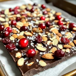 - 12 oz dark chocolate (70% cocoa), chopped - 1 cup dried cranberries - 1 cup sliced almonds - 1 tablespoon coconut oil (for melting) - 1/2 cup white chocolate (for drizzling) - 1/2 teaspoon sea salt - 1/4 teaspoon cinnamon Cranberry Almond Holiday Bark is a simple yet festive treat. The main ingredients blend rich dark chocolate with tart cranberries and crunchy almonds. The dark chocolate gives a deep flavor. The dried cranberries add a sweet and tangy bite. The sliced almonds provide a nice crunch, making each bite delightful. If you want to make melting easier, you can use coconut oil. It helps the chocolate melt smoothly, making it easier to mix. The optional white chocolate drizzle adds a pretty touch and sweet flavor. It’s perfect for the holidays. For seasoning, a touch of sea salt enhances the chocolate's richness. Cinnamon adds warmth and a hint of spice. Mixing these ingredients together creates a treat that feels festive and comforting. You can adjust the ingredients to suit your taste. Swap out nuts or fruits if you prefer. This recipe is flexible and perfect for holiday fun! {{ingredient_image_1}} Start by lining a baking sheet with parchment paper. Make sure it is flat and smooth. This step helps the bark release easily once it sets. You can melt the dark chocolate using two methods: - Microwave method: Place the chopped dark chocolate and coconut oil in a heatproof bowl. Microwave in 30-second intervals. Stir well between each interval until smooth. - Double boiler method: Fill a pot with water and bring it to a simmer. Place the heatproof bowl on top, making sure it doesn't touch the water. Stir the chocolate until it melts completely. Once your chocolate is melted, it’s time to add flavor: - Stir in 1/4 teaspoon of cinnamon and half of the sea salt. This mix gives the bark a warm spice note. - Now, gently fold in 1 cup of dried cranberries and 1 cup of sliced almonds. Ensure they get evenly mixed throughout the chocolate. Pour the chocolate mixture onto your prepared baking sheet. Use a spatula to spread it evenly into a layer about 1/4 inch thick. Next, place the baking sheet in the refrigerator. Chill for 30-45 minutes, or until the chocolate sets and feels firm. For an optional drizzle, melt 1/2 cup of white chocolate using the same method as before. Once melted, drizzle it over the hardened dark chocolate bark. After that, take the bark out of the fridge. Break it into pieces with your hands. For the final touch, sprinkle the remaining sea salt over the top. To melt chocolate well, avoid overheating it. Chocolate can burn easily. Use short bursts of heat. In a microwave, heat for 30 seconds. Stir after each round. If it’s not smooth yet, heat again. You can also use a double boiler. Place a bowl over simmering water. This method helps keep the heat gentle. You can change the nuts and fruits in your bark. Try walnuts or pecans instead of almonds. You can also add dried cherries or apricots for a twist. Adjust the sweetness by adding more or less chocolate. If you like spice, add more cinnamon or try nutmeg. Experiment to find your favorite blend! For gifting, wrap your bark in clear cellophane. Tie it with a festive ribbon. This makes it look special. At gatherings, serve the bark on a nice platter. You can break it into fun shapes, too. This adds a personal touch. Your guests will love the look and taste! Pro Tips Use Quality Chocolate: The flavor of your bark heavily depends on the chocolate you use. Opt for high-quality dark chocolate with at least 70% cocoa for a rich taste. Customize Your Add-Ins: Feel free to swap out cranberries and almonds for your favorite dried fruits or nuts, such as apricots or walnuts, to suit your taste. Keep It Cool: To ensure your bark sets properly, chill it in the refrigerator instead of the freezer, which can cause it to become too brittle. Presentation Matters: For a festive touch, consider adding a sprinkle of edible glitter or crushed peppermint on top before serving, especially during the holiday season. {{image_2}} You can easily make this treat suit different diets. If you want a vegan-friendly option, use dairy-free dark chocolate. Many brands offer great choices that still taste amazing. For those who need gluten-free snacks, this recipe is naturally gluten-free. Just check your chocolate and other add-ins to be sure. Adding spices can bring new life to your bark. Try a dash of nutmeg or cardamom for warmth. These spices pair well with the sweetness of cranberries. If you prefer a sweeter taste, use milk chocolate instead of dark chocolate. This change makes the bark rich and creamy, perfect for those who love a sweeter treat. Feel free to get creative with your bark. You can add other dried fruits like cherries or apricots for extra flavor. These fruits add a chewy texture and vibrant color. Another fun idea is to mix in seeds like pumpkin or sunflower seeds. They give a nice crunch and boost the nutrition of your bark. To keep your cranberry almond holiday bark fresh and tasty, store it in an airtight container. This helps keep moisture away and maintains its crunch. You can use a plastic container or a glass jar with a tight lid. - Use parchment paper: Place parchment paper between layers to prevent sticking. - Keep it cool: Store the container in a cool, dry place. Avoid sunlight and heat. For optimal freshness, your bark will last about two weeks when stored properly. If you notice changes, check for signs of spoilage. - Look for white spots: This is called bloom and can happen if the chocolate gets warm. - Smell test: If it smells off or stale, it's time to toss it out. If you want to save your bark for later, you can freeze it. Freezing keeps it fresh for up to three months. - Wrap it well: Use plastic wrap or foil to cover the bark tightly. - Use a freezer bag: Place it in a freezer-safe bag to prevent freezer burn. To thaw, just remove it from the freezer and leave it at room temperature for about an hour. Enjoy your festive treat whenever you like! Yes, you can use milk chocolate or white chocolate instead of dark chocolate. Milk chocolate adds creaminess and sweetness. White chocolate gives a rich, sweet flavor. Both can work well with cranberries and almonds. Just keep in mind that using milk or white chocolate might change the taste a bit. It won’t have the same strong cocoa flavor. The bark usually takes about 30 to 45 minutes to set in the fridge. This time allows the chocolate to become firm and easy to break. Make sure to check it after 30 minutes. If it’s still soft, give it a little more time. You want it to be hard but not too hard to break. You can add more ingredients! Try adding nuts like walnuts or pecans. You can also mix in dried fruits like apricots or cherries. Just be careful not to add too much. Too many ingredients can make it hard to set. Stick to about one cup total for best results. This blog covered how to make delicious chocolate bark. You learned about key ingredients, like dark chocolate, cranberries, and almonds. I shared step-by-step instructions, tips, and variations to customize your bark. Feel free to explore storage options and common questions. Chocolate bark is versatile, fun, and sure to impress. Enjoy making it or gifting it to friends. You’ll create a tasty treat that everyone will love. Happy cooking!
