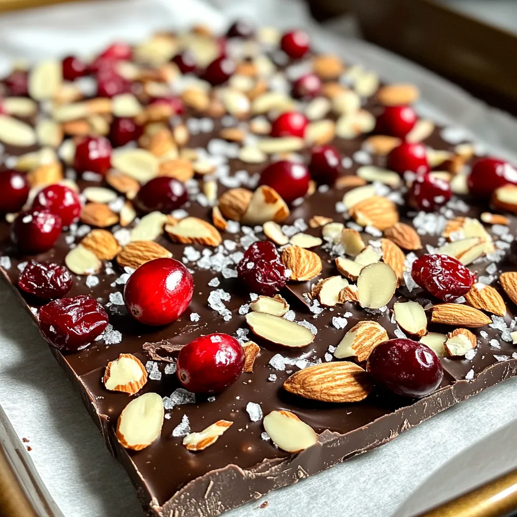 - 12 oz dark chocolate (70% cocoa), chopped - 1 cup dried cranberries - 1 cup sliced almonds - 1 tablespoon coconut oil (for melting) - 1/2 cup white chocolate (for drizzling) - 1/2 teaspoon sea salt - 1/4 teaspoon cinnamon Cranberry Almond Holiday Bark is a simple yet festive treat. The main ingredients blend rich dark chocolate with tart cranberries and crunchy almonds. The dark chocolate gives a deep flavor. The dried cranberries add a sweet and tangy bite. The sliced almonds provide a nice crunch, making each bite delightful. If you want to make melting easier, you can use coconut oil. It helps the chocolate melt smoothly, making it easier to mix. The optional white chocolate drizzle adds a pretty touch and sweet flavor. It’s perfect for the holidays. For seasoning, a touch of sea salt enhances the chocolate's richness. Cinnamon adds warmth and a hint of spice. Mixing these ingredients together creates a treat that feels festive and comforting. You can adjust the ingredients to suit your taste. Swap out nuts or fruits if you prefer. This recipe is flexible and perfect for holiday fun! {{ingredient_image_1}} Start by lining a baking sheet with parchment paper. Make sure it is flat and smooth. This step helps the bark release easily once it sets. You can melt the dark chocolate using two methods: - Microwave method: Place the chopped dark chocolate and coconut oil in a heatproof bowl. Microwave in 30-second intervals. Stir well between each interval until smooth. - Double boiler method: Fill a pot with water and bring it to a simmer. Place the heatproof bowl on top, making sure it doesn't touch the water. Stir the chocolate until it melts completely. Once your chocolate is melted, it’s time to add flavor: - Stir in 1/4 teaspoon of cinnamon and half of the sea salt. This mix gives the bark a warm spice note. - Now, gently fold in 1 cup of dried cranberries and 1 cup of sliced almonds. Ensure they get evenly mixed throughout the chocolate. Pour the chocolate mixture onto your prepared baking sheet. Use a spatula to spread it evenly into a layer about 1/4 inch thick. Next, place the baking sheet in the refrigerator. Chill for 30-45 minutes, or until the chocolate sets and feels firm. For an optional drizzle, melt 1/2 cup of white chocolate using the same method as before. Once melted, drizzle it over the hardened dark chocolate bark. After that, take the bark out of the fridge. Break it into pieces with your hands. For the final touch, sprinkle the remaining sea salt over the top. To melt chocolate well, avoid overheating it. Chocolate can burn easily. Use short bursts of heat. In a microwave, heat for 30 seconds. Stir after each round. If it’s not smooth yet, heat again. You can also use a double boiler. Place a bowl over simmering water. This method helps keep the heat gentle. You can change the nuts and fruits in your bark. Try walnuts or pecans instead of almonds. You can also add dried cherries or apricots for a twist. Adjust the sweetness by adding more or less chocolate. If you like spice, add more cinnamon or try nutmeg. Experiment to find your favorite blend! For gifting, wrap your bark in clear cellophane. Tie it with a festive ribbon. This makes it look special. At gatherings, serve the bark on a nice platter. You can break it into fun shapes, too. This adds a personal touch. Your guests will love the look and taste! Pro Tips Use Quality Chocolate: The flavor of your bark heavily depends on the chocolate you use. Opt for high-quality dark chocolate with at least 70% cocoa for a rich taste. Customize Your Add-Ins: Feel free to swap out cranberries and almonds for your favorite dried fruits or nuts, such as apricots or walnuts, to suit your taste. Keep It Cool: To ensure your bark sets properly, chill it in the refrigerator instead of the freezer, which can cause it to become too brittle. Presentation Matters: For a festive touch, consider adding a sprinkle of edible glitter or crushed peppermint on top before serving, especially during the holiday season. {{image_2}} You can easily make this treat suit different diets. If you want a vegan-friendly option, use dairy-free dark chocolate. Many brands offer great choices that still taste amazing. For those who need gluten-free snacks, this recipe is naturally gluten-free. Just check your chocolate and other add-ins to be sure. Adding spices can bring new life to your bark. Try a dash of nutmeg or cardamom for warmth. These spices pair well with the sweetness of cranberries. If you prefer a sweeter taste, use milk chocolate instead of dark chocolate. This change makes the bark rich and creamy, perfect for those who love a sweeter treat. Feel free to get creative with your bark. You can add other dried fruits like cherries or apricots for extra flavor. These fruits add a chewy texture and vibrant color. Another fun idea is to mix in seeds like pumpkin or sunflower seeds. They give a nice crunch and boost the nutrition of your bark. To keep your cranberry almond holiday bark fresh and tasty, store it in an airtight container. This helps keep moisture away and maintains its crunch. You can use a plastic container or a glass jar with a tight lid. - Use parchment paper: Place parchment paper between layers to prevent sticking. - Keep it cool: Store the container in a cool, dry place. Avoid sunlight and heat. For optimal freshness, your bark will last about two weeks when stored properly. If you notice changes, check for signs of spoilage. - Look for white spots: This is called bloom and can happen if the chocolate gets warm. - Smell test: If it smells off or stale, it's time to toss it out. If you want to save your bark for later, you can freeze it. Freezing keeps it fresh for up to three months. - Wrap it well: Use plastic wrap or foil to cover the bark tightly. - Use a freezer bag: Place it in a freezer-safe bag to prevent freezer burn. To thaw, just remove it from the freezer and leave it at room temperature for about an hour. Enjoy your festive treat whenever you like! Yes, you can use milk chocolate or white chocolate instead of dark chocolate. Milk chocolate adds creaminess and sweetness. White chocolate gives a rich, sweet flavor. Both can work well with cranberries and almonds. Just keep in mind that using milk or white chocolate might change the taste a bit. It won’t have the same strong cocoa flavor. The bark usually takes about 30 to 45 minutes to set in the fridge. This time allows the chocolate to become firm and easy to break. Make sure to check it after 30 minutes. If it’s still soft, give it a little more time. You want it to be hard but not too hard to break. You can add more ingredients! Try adding nuts like walnuts or pecans. You can also mix in dried fruits like apricots or cherries. Just be careful not to add too much. Too many ingredients can make it hard to set. Stick to about one cup total for best results. This blog covered how to make delicious chocolate bark. You learned about key ingredients, like dark chocolate, cranberries, and almonds. I shared step-by-step instructions, tips, and variations to customize your bark. Feel free to explore storage options and common questions. Chocolate bark is versatile, fun, and sure to impress. Enjoy making it or gifting it to friends. You’ll create a tasty treat that everyone will love. Happy cooking!