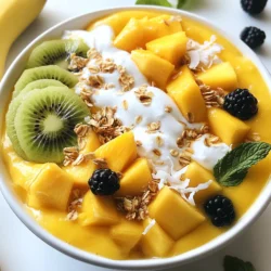 - 1 large ripe mango, peeled and diced - 1 banana, sliced - 1 cup coconut milk (or any plant-based milk) - 1/2 cup Greek yogurt (or coconut yogurt for a vegan option) - 1 tablespoon honey or maple syrup (optional) - 1 tablespoon chia seeds The main ingredients of this Mango Coconut Smoothie Bowl create a creamy and tropical base. Ripe mangoes bring a natural sweetness and vibrant color. Bananas add creaminess and a hint of earthiness. Coconut milk provides a rich, smooth texture. Greek yogurt contributes protein and tanginess. For vegan options, use coconut yogurt. Chia seeds add fiber and a slight crunch. - 1/4 cup granola - 1/4 cup shredded unsweetened coconut - Fresh fruit slices (kiwi, berries) - Mint leaves Toppings are where you can get creative! Granola adds a nice crunch. Shredded coconut enhances the tropical flavor. Fresh fruit slices, like kiwi or berries, bring color and extra nutrients. Mint leaves add a fresh aroma and look nice on top. You can mix and match your favorites! {{ingredient_image_1}} - First, blend the mango, banana, coconut milk, Greek yogurt, and chia seeds. - Blend until the mixture is smooth and creamy. - Next, taste it. You can add honey or maple syrup if you want it sweeter. Blend again briefly. - Now, pour the smoothie mixture into a bowl. Use a spatula to make it smooth on top. - Time to add toppings! Sprinkle granola and shredded coconut on top. - Add fresh fruit slices like kiwi or berries for color. - Finish by garnishing with a few mint leaves. This adds a nice touch! - Serve right away and enjoy your tasty and refreshing smoothie bowl! To get the best smoothie texture, always use ripe fruit. Ripe mangoes and bananas are sweeter and blend better. If your smoothie is too thick, add more coconut milk. You want it creamy but not runny. Try natural sweeteners like honey or maple syrup. These add flavor without using processed sugar. Taste your smoothie before adding sweetener. This helps you find the right balance. Enjoy this smoothie bowl at breakfast or as a snack. It’s perfect after a workout. Pair it with whole-grain toast or nuts for added energy. This makes a great meal or a fun treat! Pro Tips Use Frozen Fruits: For a thicker and colder smoothie bowl, consider using frozen mango or banana. This will give your bowl a refreshing texture and help keep it cool longer. Experiment with Toppings: Don't be afraid to mix up your toppings! Try adding nuts, seeds, or even a drizzle of nut butter for added flavor and crunch. Sweetness Adjustments: Depending on the ripeness of your mango and banana, you may not need to add any sweetener. Always taste your mixture before adding honey or maple syrup. Chill Your Bowl: For an extra refreshing experience, chill your serving bowl in the freezer for a few minutes before adding the smoothie. This keeps your smoothie bowl nice and cold! {{image_2}} You can easily make this smoothie bowl vegan. Use coconut yogurt instead of Greek yogurt. It gives a creamy texture without dairy. For milk, opt for non-dairy options. Almond milk or oat milk works well. This keeps the bowl light and tasty. Feel free to mix it up with other fruits. Try adding pineapple or berries for a twist. They add unique flavors and colors. You can also include nut butter. Almond or peanut butter adds healthy fats and protein. It makes your bowl extra filling. Adjust your smoothie bowl with seasonal fruits. In summer, use ripe peaches or cherries. In winter, try frozen berries or bananas. These swaps keep your bowl fresh and exciting. You can also adapt for weather. In colder months, add warm spices like cinnamon. It gives a cozy feeling while you enjoy your bowl. To keep your mango coconut smoothie bowl fresh, store it correctly. First, make the smoothie mixture as usual. Pour it into an airtight container. This helps prevent air from getting in. You can store it in the fridge for up to two days. If you have leftovers, keep them in the same container. Just remember to seal it tight. You can freeze the smoothie bowl too. Pour the mixture into ice cube trays or a freezer-safe container. This makes it easy to use later. To thaw your smoothie bowl, take it out of the freezer. Let it sit in the fridge overnight. You can also use a microwave on low. Just be careful not to overheat it. In the fridge, your smoothie bowl lasts about two days. Look for changes in color or smell to check for spoilage. If the mixture smells sour or looks off, it is best to toss it. Trust your senses; they are a good guide. Enjoy your bowl while it is fresh for the best taste! To make a thicker smoothie bowl, use less liquid. Try adding more fruit. Frozen fruits are great for this. You can also blend in a bit of ice. Chia seeds help too, as they soak up liquid. Yes, you can use frozen mango. It gives a nice cold texture. Just remember to adjust the liquid. Frozen fruit makes your bowl thicker and creamier. You can use coconut yogurt for a vegan option. Regular yogurt also works well. Silken tofu is a great choice too. It adds creaminess without strong flavors. To lower calories, skip the sweetener or use less. You can also reduce the amount of yogurt. Use more fruit and less coconut milk. Toppings like granola can be measured too. Yes, this smoothie bowl is good for meal prep. Prepare the smoothie base and store it in the fridge. Keep toppings separate until you are ready to eat. This way, it stays fresh and tasty. This blog post covered how to make a delicious smoothie bowl. We explored the main ingredients, like ripe mango and coconut milk. I provided step-by-step instructions to guide you through blending and serving. Tips on achieving the best texture were also shared. In the end, customizing your smoothie bowl can bring joy to your meals. Try different fruits, sweeteners, or presentations. Enjoy making your smoothie bowl and share your creations!