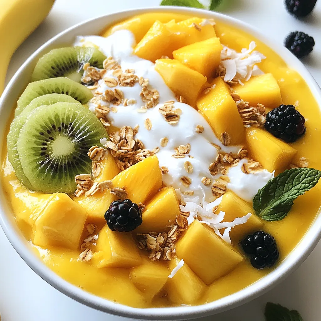 - 1 large ripe mango, peeled and diced - 1 banana, sliced - 1 cup coconut milk (or any plant-based milk) - 1/2 cup Greek yogurt (or coconut yogurt for a vegan option) - 1 tablespoon honey or maple syrup (optional) - 1 tablespoon chia seeds The main ingredients of this Mango Coconut Smoothie Bowl create a creamy and tropical base. Ripe mangoes bring a natural sweetness and vibrant color. Bananas add creaminess and a hint of earthiness. Coconut milk provides a rich, smooth texture. Greek yogurt contributes protein and tanginess. For vegan options, use coconut yogurt. Chia seeds add fiber and a slight crunch. - 1/4 cup granola - 1/4 cup shredded unsweetened coconut - Fresh fruit slices (kiwi, berries) - Mint leaves Toppings are where you can get creative! Granola adds a nice crunch. Shredded coconut enhances the tropical flavor. Fresh fruit slices, like kiwi or berries, bring color and extra nutrients. Mint leaves add a fresh aroma and look nice on top. You can mix and match your favorites! {{ingredient_image_1}} - First, blend the mango, banana, coconut milk, Greek yogurt, and chia seeds. - Blend until the mixture is smooth and creamy. - Next, taste it. You can add honey or maple syrup if you want it sweeter. Blend again briefly. - Now, pour the smoothie mixture into a bowl. Use a spatula to make it smooth on top. - Time to add toppings! Sprinkle granola and shredded coconut on top. - Add fresh fruit slices like kiwi or berries for color. - Finish by garnishing with a few mint leaves. This adds a nice touch! - Serve right away and enjoy your tasty and refreshing smoothie bowl! To get the best smoothie texture, always use ripe fruit. Ripe mangoes and bananas are sweeter and blend better. If your smoothie is too thick, add more coconut milk. You want it creamy but not runny. Try natural sweeteners like honey or maple syrup. These add flavor without using processed sugar. Taste your smoothie before adding sweetener. This helps you find the right balance. Enjoy this smoothie bowl at breakfast or as a snack. It’s perfect after a workout. Pair it with whole-grain toast or nuts for added energy. This makes a great meal or a fun treat! Pro Tips Use Frozen Fruits: For a thicker and colder smoothie bowl, consider using frozen mango or banana. This will give your bowl a refreshing texture and help keep it cool longer. Experiment with Toppings: Don't be afraid to mix up your toppings! Try adding nuts, seeds, or even a drizzle of nut butter for added flavor and crunch. Sweetness Adjustments: Depending on the ripeness of your mango and banana, you may not need to add any sweetener. Always taste your mixture before adding honey or maple syrup. Chill Your Bowl: For an extra refreshing experience, chill your serving bowl in the freezer for a few minutes before adding the smoothie. This keeps your smoothie bowl nice and cold! {{image_2}} You can easily make this smoothie bowl vegan. Use coconut yogurt instead of Greek yogurt. It gives a creamy texture without dairy. For milk, opt for non-dairy options. Almond milk or oat milk works well. This keeps the bowl light and tasty. Feel free to mix it up with other fruits. Try adding pineapple or berries for a twist. They add unique flavors and colors. You can also include nut butter. Almond or peanut butter adds healthy fats and protein. It makes your bowl extra filling. Adjust your smoothie bowl with seasonal fruits. In summer, use ripe peaches or cherries. In winter, try frozen berries or bananas. These swaps keep your bowl fresh and exciting. You can also adapt for weather. In colder months, add warm spices like cinnamon. It gives a cozy feeling while you enjoy your bowl. To keep your mango coconut smoothie bowl fresh, store it correctly. First, make the smoothie mixture as usual. Pour it into an airtight container. This helps prevent air from getting in. You can store it in the fridge for up to two days. If you have leftovers, keep them in the same container. Just remember to seal it tight. You can freeze the smoothie bowl too. Pour the mixture into ice cube trays or a freezer-safe container. This makes it easy to use later. To thaw your smoothie bowl, take it out of the freezer. Let it sit in the fridge overnight. You can also use a microwave on low. Just be careful not to overheat it. In the fridge, your smoothie bowl lasts about two days. Look for changes in color or smell to check for spoilage. If the mixture smells sour or looks off, it is best to toss it. Trust your senses; they are a good guide. Enjoy your bowl while it is fresh for the best taste! To make a thicker smoothie bowl, use less liquid. Try adding more fruit. Frozen fruits are great for this. You can also blend in a bit of ice. Chia seeds help too, as they soak up liquid. Yes, you can use frozen mango. It gives a nice cold texture. Just remember to adjust the liquid. Frozen fruit makes your bowl thicker and creamier. You can use coconut yogurt for a vegan option. Regular yogurt also works well. Silken tofu is a great choice too. It adds creaminess without strong flavors. To lower calories, skip the sweetener or use less. You can also reduce the amount of yogurt. Use more fruit and less coconut milk. Toppings like granola can be measured too. Yes, this smoothie bowl is good for meal prep. Prepare the smoothie base and store it in the fridge. Keep toppings separate until you are ready to eat. This way, it stays fresh and tasty. This blog post covered how to make a delicious smoothie bowl. We explored the main ingredients, like ripe mango and coconut milk. I provided step-by-step instructions to guide you through blending and serving. Tips on achieving the best texture were also shared. In the end, customizing your smoothie bowl can bring joy to your meals. Try different fruits, sweeteners, or presentations. Enjoy making your smoothie bowl and share your creations!