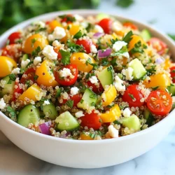 To make a tasty Lemon Herb Quinoa Salad, you need these key ingredients: - 1 cup quinoa, rinsed - 2 cups vegetable broth (or water) - 1 cup cherry tomatoes, halved - 1 cucumber, diced - 1 bell pepper (any color), diced - ½ red onion, finely chopped - 1 cup fresh parsley, chopped - ¼ cup olive oil - 2 tablespoons fresh lemon juice - Zest of 1 lemon - Salt and pepper to taste - 1 teaspoon dried oregano These main ingredients create a fresh base for your salad. The quinoa provides protein and a nice texture. The veggies add color and crunch, making each bite exciting. If you want to jazz up your salad, consider these optional add-ins: - ½ cup feta cheese, crumbled - Avocado slices - Black olives, sliced - Cooked chickpeas These add-ins can boost the flavor and nutrition. Feta cheese adds creaminess, while avocado gives a rich taste. Chickpeas increase protein, making your salad more filling. To elevate the taste of your Lemon Herb Quinoa Salad, use these herbs and spices: - Fresh basil - Fresh mint - Cilantro - Cumin These herbs and spices add a punch of flavor. Fresh basil and mint bring a bright taste. Cumin adds warmth and depth. Mix and match to find your favorite combo! {{ingredient_image_1}} To start, rinse 1 cup of quinoa under cold water. This removes any bitter taste. Then, in a medium saucepan, add the rinsed quinoa and 2 cups of vegetable broth. Bring this mix to a boil over medium-high heat. Once it bubbles, lower the heat to low. Cover the pot and let it simmer for about 15 minutes. The quinoa will soak up the broth and become fluffy. After 15 minutes, take it off the heat and let it cool. Use a fork to fluff it up. Now, grab a large bowl. In that bowl, combine 1 cup of halved cherry tomatoes, 1 diced cucumber, and 1 diced bell pepper. You can choose any color for the bell pepper. Next, add in ½ finely chopped red onion and 1 cup of chopped fresh parsley. This mix gives your salad a colorful and fresh look. Stir it gently to combine all the veggies. For the dressing, take a small bowl. Whisk together ¼ cup of olive oil, 2 tablespoons of fresh lemon juice, and the zest of 1 lemon. Add salt and pepper to taste, along with 1 teaspoon of dried oregano. Mix it well until everything blends nicely. This dressing adds a bright and zesty flavor to the salad. Once the quinoa has cooled, add it to the large bowl with the veggies. Pour the dressing over the salad and toss everything. Make sure every piece gets coated with the dressing. If you like, add ½ cup of crumbled feta cheese at this point. Gently mix it in. Finally, taste your salad and adjust the seasoning if needed. You may want to add more salt, pepper, or lemon juice. Chill the salad in the refrigerator for at least 30 minutes. This helps the flavors come together. Serve it cold or at room temperature for a refreshing dish. To make fluffy quinoa, start by rinsing it. Rinse it well under cold water to remove the bitter coating. Use a medium saucepan and combine one cup of rinsed quinoa with two cups of vegetable broth or water. Bring this to a boil over medium-high heat. When it boils, lower the heat, cover it, and simmer for about 15 minutes. Once the liquid is absorbed, remove it from the heat and let it sit, covered, for five more minutes. Then, fluff the quinoa with a fork. This method helps each grain stay separate and light. When chopping veggies, use a sharp knife for safety and ease. Start with cherry tomatoes; cut them in half. Next, take a cucumber and dice it into small pieces. For the bell pepper, remove the seeds, then dice it too. Lastly, finely chop half a red onion. To keep your cuts even, use a steady hand and work slowly. This will help your salad look and taste great! To adjust flavors, taste as you go. After mixing the salad, check if it needs more salt or lemon juice. If you want more zing, add extra lemon juice or zest. For a herby touch, sprinkle in more dried oregano or fresh parsley. Remember, you can always add more, but you can't take it out! So, start small and keep tasting until it’s just right. Pro Tips Rinse Your Quinoa: Rinsing quinoa before cooking helps remove its natural coating, called saponin, which can make it taste bitter. Always give it a good rinse under cold water for optimal flavor. Chill for Flavor: Allowing the salad to chill in the refrigerator for at least 30 minutes helps the flavors meld beautifully, enhancing the overall taste of the dish. Add Fresh Herbs: Experiment with adding other fresh herbs like mint or cilantro to elevate the flavor profile of your quinoa salad and add a refreshing twist. Customize Your Veggies: Feel free to swap or add any seasonal vegetables you enjoy. Zucchini, bell peppers, or even roasted vegetables work wonderfully in this salad. {{image_2}} You can switch up the veggies in this salad. Use what you like or have. Some great options are zucchini, carrots, or bell peppers. You can add corn for a sweet crunch. Try using spinach or arugula for a leafy touch. Each vegetable brings a new flavor and texture. This keeps the salad fresh and fun. Adding protein makes this salad more filling. Chickpeas are a great choice. They add a nice creaminess and are high in fiber. Grilled chicken works well too. It gives the dish a hearty feel. You could also use tofu or shrimp for a different twist. These options boost the nutrition and keep you satisfied. If you want a dairy-free option, try using vegan feta. It adds a similar taste without the dairy. Crumbled avocado can give a creamy texture too. You can also use nuts like walnuts or almonds for crunch. These alternatives keep the salad tasty while meeting your dietary needs. To keep your Lemon Herb Quinoa Salad fresh, place it in an airtight container. Make sure the container seals well. This keeps air out and helps maintain flavor. Store it in the fridge for optimal freshness. If you need to use a bowl, cover it tightly with plastic wrap. When prepping ahead, make the salad but hold off on adding dressing. Store the salad and dressing separately. This way, the salad stays crisp and fresh. You can mix them together just before serving. This method helps the flavors stay bright. Most fresh ingredients in this salad last about 3 to 5 days in the fridge. Quinoa can stay good for about a week when stored well. Cherry tomatoes may last about 5 days, while cucumbers and bell peppers last about a week. Check for any signs of spoilage before using them. Lemon Herb Quinoa Salad lasts about three to five days in the fridge. Keep it in an airtight container. This helps maintain its freshness. The flavors may even improve after a day. Just remember, if you add feta, it may not last as long. Yes, you can make this salad ahead of time. It tastes great when chilled. I recommend making it a day before you plan to serve it. This gives the flavors time to mix well. Just store it in the fridge until you’re ready to eat. You can pair this salad with many dishes. It goes well with grilled chicken or fish. You can also serve it with roasted veggies or as a side for wraps. If you want a light meal, enjoy it on its own. Absolutely! Quinoa is a superfood packed with protein and fiber. It’s gluten-free, making it a great choice for many diets. The fresh veggies add vitamins and minerals. Plus, olive oil is a healthy fat. This salad is both nutritious and delicious. Lemon Herb Quinoa Salad is easy to make and delicious. You learned the key ingredients, step-by-step prep, and useful tips. I shared ways to customize it with veggies and protein. Proper storage helps keep leftovers fresh. This salad is healthy and versatile, making it a great choice for any meal. Enjoy creating your own tasty version!
