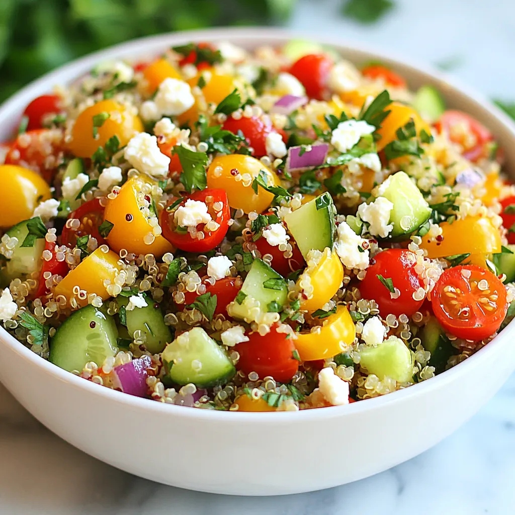 To make a tasty Lemon Herb Quinoa Salad, you need these key ingredients: - 1 cup quinoa, rinsed - 2 cups vegetable broth (or water) - 1 cup cherry tomatoes, halved - 1 cucumber, diced - 1 bell pepper (any color), diced - ½ red onion, finely chopped - 1 cup fresh parsley, chopped - ¼ cup olive oil - 2 tablespoons fresh lemon juice - Zest of 1 lemon - Salt and pepper to taste - 1 teaspoon dried oregano These main ingredients create a fresh base for your salad. The quinoa provides protein and a nice texture. The veggies add color and crunch, making each bite exciting. If you want to jazz up your salad, consider these optional add-ins: - ½ cup feta cheese, crumbled - Avocado slices - Black olives, sliced - Cooked chickpeas These add-ins can boost the flavor and nutrition. Feta cheese adds creaminess, while avocado gives a rich taste. Chickpeas increase protein, making your salad more filling. To elevate the taste of your Lemon Herb Quinoa Salad, use these herbs and spices: - Fresh basil - Fresh mint - Cilantro - Cumin These herbs and spices add a punch of flavor. Fresh basil and mint bring a bright taste. Cumin adds warmth and depth. Mix and match to find your favorite combo! {{ingredient_image_1}} To start, rinse 1 cup of quinoa under cold water. This removes any bitter taste. Then, in a medium saucepan, add the rinsed quinoa and 2 cups of vegetable broth. Bring this mix to a boil over medium-high heat. Once it bubbles, lower the heat to low. Cover the pot and let it simmer for about 15 minutes. The quinoa will soak up the broth and become fluffy. After 15 minutes, take it off the heat and let it cool. Use a fork to fluff it up. Now, grab a large bowl. In that bowl, combine 1 cup of halved cherry tomatoes, 1 diced cucumber, and 1 diced bell pepper. You can choose any color for the bell pepper. Next, add in ½ finely chopped red onion and 1 cup of chopped fresh parsley. This mix gives your salad a colorful and fresh look. Stir it gently to combine all the veggies. For the dressing, take a small bowl. Whisk together ¼ cup of olive oil, 2 tablespoons of fresh lemon juice, and the zest of 1 lemon. Add salt and pepper to taste, along with 1 teaspoon of dried oregano. Mix it well until everything blends nicely. This dressing adds a bright and zesty flavor to the salad. Once the quinoa has cooled, add it to the large bowl with the veggies. Pour the dressing over the salad and toss everything. Make sure every piece gets coated with the dressing. If you like, add ½ cup of crumbled feta cheese at this point. Gently mix it in. Finally, taste your salad and adjust the seasoning if needed. You may want to add more salt, pepper, or lemon juice. Chill the salad in the refrigerator for at least 30 minutes. This helps the flavors come together. Serve it cold or at room temperature for a refreshing dish. To make fluffy quinoa, start by rinsing it. Rinse it well under cold water to remove the bitter coating. Use a medium saucepan and combine one cup of rinsed quinoa with two cups of vegetable broth or water. Bring this to a boil over medium-high heat. When it boils, lower the heat, cover it, and simmer for about 15 minutes. Once the liquid is absorbed, remove it from the heat and let it sit, covered, for five more minutes. Then, fluff the quinoa with a fork. This method helps each grain stay separate and light. When chopping veggies, use a sharp knife for safety and ease. Start with cherry tomatoes; cut them in half. Next, take a cucumber and dice it into small pieces. For the bell pepper, remove the seeds, then dice it too. Lastly, finely chop half a red onion. To keep your cuts even, use a steady hand and work slowly. This will help your salad look and taste great! To adjust flavors, taste as you go. After mixing the salad, check if it needs more salt or lemon juice. If you want more zing, add extra lemon juice or zest. For a herby touch, sprinkle in more dried oregano or fresh parsley. Remember, you can always add more, but you can't take it out! So, start small and keep tasting until it’s just right. Pro Tips Rinse Your Quinoa: Rinsing quinoa before cooking helps remove its natural coating, called saponin, which can make it taste bitter. Always give it a good rinse under cold water for optimal flavor. Chill for Flavor: Allowing the salad to chill in the refrigerator for at least 30 minutes helps the flavors meld beautifully, enhancing the overall taste of the dish. Add Fresh Herbs: Experiment with adding other fresh herbs like mint or cilantro to elevate the flavor profile of your quinoa salad and add a refreshing twist. Customize Your Veggies: Feel free to swap or add any seasonal vegetables you enjoy. Zucchini, bell peppers, or even roasted vegetables work wonderfully in this salad. {{image_2}} You can switch up the veggies in this salad. Use what you like or have. Some great options are zucchini, carrots, or bell peppers. You can add corn for a sweet crunch. Try using spinach or arugula for a leafy touch. Each vegetable brings a new flavor and texture. This keeps the salad fresh and fun. Adding protein makes this salad more filling. Chickpeas are a great choice. They add a nice creaminess and are high in fiber. Grilled chicken works well too. It gives the dish a hearty feel. You could also use tofu or shrimp for a different twist. These options boost the nutrition and keep you satisfied. If you want a dairy-free option, try using vegan feta. It adds a similar taste without the dairy. Crumbled avocado can give a creamy texture too. You can also use nuts like walnuts or almonds for crunch. These alternatives keep the salad tasty while meeting your dietary needs. To keep your Lemon Herb Quinoa Salad fresh, place it in an airtight container. Make sure the container seals well. This keeps air out and helps maintain flavor. Store it in the fridge for optimal freshness. If you need to use a bowl, cover it tightly with plastic wrap. When prepping ahead, make the salad but hold off on adding dressing. Store the salad and dressing separately. This way, the salad stays crisp and fresh. You can mix them together just before serving. This method helps the flavors stay bright. Most fresh ingredients in this salad last about 3 to 5 days in the fridge. Quinoa can stay good for about a week when stored well. Cherry tomatoes may last about 5 days, while cucumbers and bell peppers last about a week. Check for any signs of spoilage before using them. Lemon Herb Quinoa Salad lasts about three to five days in the fridge. Keep it in an airtight container. This helps maintain its freshness. The flavors may even improve after a day. Just remember, if you add feta, it may not last as long. Yes, you can make this salad ahead of time. It tastes great when chilled. I recommend making it a day before you plan to serve it. This gives the flavors time to mix well. Just store it in the fridge until you’re ready to eat. You can pair this salad with many dishes. It goes well with grilled chicken or fish. You can also serve it with roasted veggies or as a side for wraps. If you want a light meal, enjoy it on its own. Absolutely! Quinoa is a superfood packed with protein and fiber. It’s gluten-free, making it a great choice for many diets. The fresh veggies add vitamins and minerals. Plus, olive oil is a healthy fat. This salad is both nutritious and delicious. Lemon Herb Quinoa Salad is easy to make and delicious. You learned the key ingredients, step-by-step prep, and useful tips. I shared ways to customize it with veggies and protein. Proper storage helps keep leftovers fresh. This salad is healthy and versatile, making it a great choice for any meal. Enjoy creating your own tasty version!