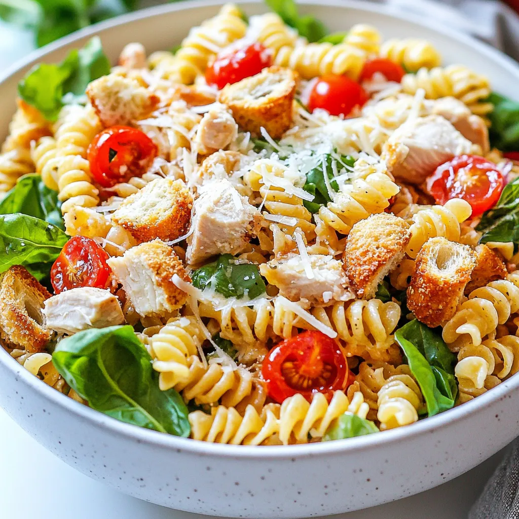 - 8 oz fusilli pasta - 2 cups cooked chicken breast, diced - 1 cup romaine lettuce, chopped - ½ cup cherry tomatoes, halved - ¼ cup grated Parmesan cheese - ½ cup Caesar dressing (store-bought or homemade) - ¼ cup croutons (optional for crunch) - Salt and pepper to taste - Fresh basil leaves for garnish For this Chicken Caesar Pasta Salad, I love using fusilli pasta. Its twists hold onto the dressing well. You can use leftover cooked chicken breast for quick prep. Diced chicken makes it easy to mix. Romaine lettuce adds a nice crunch and freshness. Cherry tomatoes bring sweetness and color. The grated Parmesan cheese adds a savory touch. I often use Caesar dressing from the store, but homemade can be fun! If you like crunch, add croutons. You can get creative with this salad! Here are some fun twists: - Different greens: Try kale or spinach for a change. - Other proteins: Grilled shrimp or tofu work well too. If you want to swap ingredients, consider: - Whole wheat pasta for a healthier choice. - Greek yogurt instead of Caesar dressing for a lighter option. {{ingredient_image_1}} To start, bring a large pot of salted water to a boil. The salt helps flavor the pasta. Once boiling, add 8 oz of fusilli pasta. Cook it for about 8 to 10 minutes or until it is al dente. Stir often to avoid sticking. When done, drain the pasta in a colander. Rinse it under cold water. This stops the cooking process and cools it down. Now, grab a large mixing bowl. Add the cooled fusilli pasta to the bowl. Next, add 2 cups of diced cooked chicken breast. Then, toss in 1 cup of chopped romaine lettuce and ½ cup of halved cherry tomatoes. Make sure to mix these ingredients gently. You want everything to blend well, but not break apart. Next, drizzle ½ cup of Caesar dressing over the salad. Toss everything together gently. You want the dressing to coat all the ingredients evenly. After that, add ¼ cup of grated Parmesan cheese. Toss again to mix in the cheese. Finally, season with salt and pepper to taste. If you want a crunchy bite, sprinkle on ¼ cup of croutons. Mix them in lightly. Now, your Chicken Caesar Pasta Salad is ready to enjoy! To cook pasta to al dente, follow these steps: - Boil water in a large pot and add salt. - Add the fusilli pasta and stir it well. - Check the cooking time on the package. - Taste the pasta a minute before it's done. - It should be firm but not hard. - Drain and rinse under cold water to stop cooking. For crunchy elements, consider these ideas: - Use croutons for a nice crunch. - Add toasted nuts like pine nuts or almonds. - Try crispy bacon bits for added flavor. Seasoning makes a big difference in taste. Here are my suggestions: - Use fresh ground black pepper for spice. - Add a pinch of salt to enhance flavors. - Fresh herbs brighten the dish; try basil or parsley. - Squeeze lemon juice for a fresh twist. Serve your Chicken Caesar Pasta Salad chilled for the best taste. Here are my tips: - Place the salad in a large bowl for sharing. - Use individual plates for a nice touch. - Garnish with fresh basil leaves for color. - Drizzle extra Caesar dressing on top for a great look. Pro Tips Perfect Pasta Cooking: Make sure to cook the fusilli pasta until al dente for the best texture in your salad. This will help it hold up against the dressing without becoming mushy. Chicken Choice: Use leftover rotisserie chicken for a quick and flavorful addition. It saves time and adds a delicious depth of flavor to the salad. Fresh Ingredients: Always opt for fresh romaine lettuce and ripe cherry tomatoes. Fresh ingredients enhance the overall taste and presentation of your pasta salad. Customize Your Dressing: Adjust the amount of Caesar dressing to your taste. Start with a little and add more until it’s just right for your preference. {{image_2}} You can make this salad lighter with simple swaps. Try using whole wheat fusilli for more fiber. Greek yogurt is a great swap for Caesar dressing. It adds creaminess with fewer calories. You can also add more veggies like cucumber or bell peppers. These will add crunch and nutrition. To make this salad vegetarian, skip the chicken. Use chickpeas for protein instead. You can also use tofu for a similar texture. For a vegan dressing, try a cashew-based Caesar. Blend soaked cashews with lemon juice and garlic for a creamy texture without dairy. Add unique flavors from around the world. For a Mexican twist, try adding black beans, corn, and avocado. If you want an Italian flair, mix in sun-dried tomatoes and olives. You can even use pesto instead of Caesar dressing for a fresh taste. Each variation brings a new taste adventure! To store leftover Chicken Caesar Pasta Salad, place it in an airtight container. Keep it in the fridge. It will stay fresh for up to three days. Make sure to cover the salad tightly. This prevents it from drying out or absorbing other smells. For long-term storage, you can freeze the pasta salad. Use a freezer-safe container and add the salad. It’s best to freeze it without the croutons. Croutons can get soggy when thawed. To thaw, move the container to the fridge overnight. This keeps the salad from losing its texture. To reheat Chicken Caesar Pasta Salad, use the microwave. Heat it in short bursts of 20 to 30 seconds. Stir between intervals to ensure even warming. Avoid reheating too long, as it can make the pasta mushy. If you want, add fresh romaine or croutons after warming for added crunch. Yes, you can use many types of pasta. Some great substitutes include: - Penne - Rotini - Farfalle - Bowtie Each pasta type adds its own shape and texture. Choose what you like best! You can store this salad in the fridge for about 3 days. Make sure to keep it in a sealed container. Check for freshness before eating. If the salad smells off or looks strange, it’s best to toss it. Yes, you can prep this salad ahead of time. Just follow these tips: - Cook the pasta and chicken, then cool them. - Mix the salad but leave the dressing off until serving. - Store in the fridge, covered, for up to a day. This way, it stays fresh and tasty! You've learned how to make a tasty Chicken Caesar Pasta Salad. We covered essential ingredients, cooking methods, and tips for flavor. Remember, you can customize this salad to fit your tastes. Try different greens or proteins to make it your own. Storage tips help you enjoy leftovers later. This salad is easy to make in advance, too. With these steps, you’ll impress your friends and family. Enjoy your delicious creation!