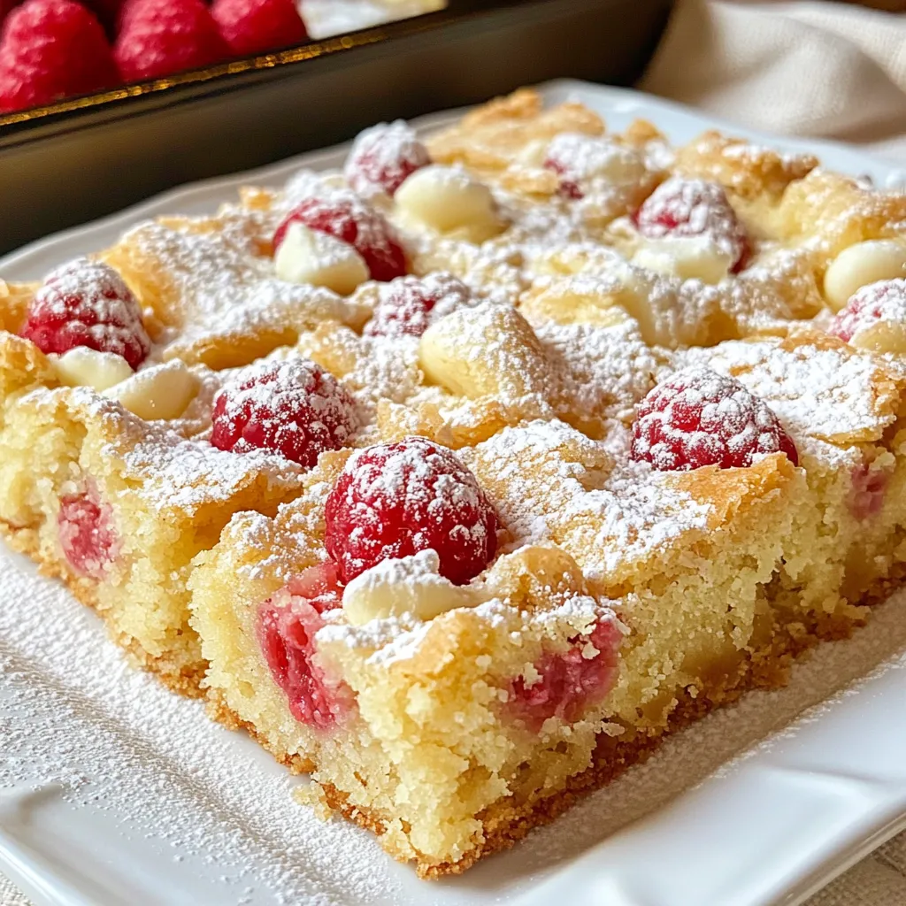 To make white chocolate raspberry blondies, gather these key ingredients: - 1 cup unsalted butter, melted - 1 cup brown sugar, packed - 1/2 cup granulated sugar - 2 large eggs - 2 teaspoons vanilla extract - 2 cups all-purpose flour - 1 teaspoon baking powder - 1/2 teaspoon salt - 1 cup white chocolate chips - 1 cup fresh raspberries These ingredients work together to create a rich and sweet treat. The butter adds moisture, while the sugars provide sweetness and depth. The eggs bind everything, and the flour gives structure. White chocolate chips bring creaminess, and fresh raspberries add a tangy burst. If you lack some ingredients, don’t worry. You can swap them easily. - Use coconut oil instead of butter for a dairy-free option. - Light brown sugar can replace dark brown sugar if needed. - Substitute eggs with flaxseed meal mixed with water for a vegan option. - For flour, you can use gluten-free all-purpose flour for a gluten-free treat. - If you don’t have white chocolate chips, try butterscotch chips or dark chocolate. These substitutes keep the blondies delicious, even with changes. You’ll need some handy tools and equipment for this recipe: - A 9x13 inch baking pan - Parchment paper or cooking spray for easy removal - Mixing bowls (one large and one medium) - Whisk for mixing wet and dry ingredients - Rubber spatula for folding in chocolate and raspberries - Cooling rack to cool the blondies after baking Having these tools ready makes the baking process smooth and fun. {{ingredient_image_1}} Start by setting your oven to 350°F (175°C). This step warms the oven for baking. Next, grease a 9x13 inch baking pan or line it with parchment paper. This makes it easy to remove the blondies later. In a large bowl, whisk together 1 cup of melted butter, 1 cup of brown sugar, and 1/2 cup of granulated sugar. Mix well until smooth. Then, add 2 large eggs, one at a time. Make sure to mix well after adding each egg. Stir in 2 teaspoons of vanilla extract to add flavor. In a second bowl, combine 2 cups of all-purpose flour, 1 teaspoon of baking powder, and 1/2 teaspoon of salt. Gradually mix the dry ingredients into the wet mixture until just combined. Now, it’s time to fold in the fun part! Gently add 1 cup of white chocolate chips and 1 cup of fresh raspberries to the batter. Be careful not to smash the raspberries. Pour the batter into the prepared pan and spread it evenly. Bake in your preheated oven for 25-30 minutes. Look for a golden top, and check if a toothpick comes out clean or with a few moist crumbs. This means your blondies are done! Once baked, take the pan out of the oven. Let the blondies cool in the pan on a wire rack for about 10-15 minutes. After that, gently lift them out and let them cool completely on the rack. When they are cool, cut them into squares for serving. For a lovely presentation, place the blondies on a decorative plate. Dust them with powdered sugar and add a few fresh raspberries on the side. This makes them look even more delicious! To make the best blondies, follow these easy tips. Use fresh raspberries for a bright flavor. Melt the butter, but do not let it bubble. Mix the sugars well; this helps create a soft texture. When adding eggs, mix one at a time to get a smooth batter. Be careful not to overmix the flour. Stir just until combined for a tender bite. Baking is a science, so small errors matter. Avoid using cold eggs. Room temperature eggs mix better and help the batter rise. Also, do not skip the baking powder; this gives your blondies lift. Make sure your oven is preheated. An unheated oven can lead to uneven baking. Lastly, avoid opening the oven door too soon; this can cause the blondies to sink. You can enhance the flavors in your blondies easily. Add a pinch of sea salt to boost sweetness. For a nutty taste, mix in chopped nuts like walnuts or pecans. If you want more raspberry flavor, add a bit of raspberry jam to the batter. For a fun twist, try mixing in other white chocolate or fruit. A little creativity goes a long way! Pro Tips Use Room Temperature Ingredients: Ensuring your eggs and butter are at room temperature helps create a smoother batter and better texture in your blondies. Don’t Overmix the Batter: Mix the wet and dry ingredients just until combined to avoid tough blondies. A few lumps are perfectly fine. Opt for Fresh Raspberries: Using fresh raspberries instead of frozen will prevent excess moisture from making your blondies too dense. Check for Doneness Early: Begin checking your blondies a few minutes before the recommended baking time to avoid overbaking. They should be slightly golden and a toothpick should come out with moist crumbs. {{image_2}} You can change the flavor of white chocolate raspberry blondies easily. For a nutty twist, add 1 cup of chopped nuts, like pecans or walnuts. You can also switch out raspberries for other fruits. Try blueberries or chopped strawberries for a fresh taste. If you love caramel, swirl some in before baking. It adds a rich layer of flavor. Need a gluten-free option? Use a 1-to-1 gluten-free flour blend instead of all-purpose flour. For a dairy-free version, swap out the butter for coconut oil and use dairy-free chocolate chips. If you're vegan, replace the eggs with flax eggs. Mix 1 tablespoon of flaxseed meal with 2.5 tablespoons of water for each egg. This keeps the blondies moist and tasty. Make your blondies look extra special. Serve them on a colorful plate with a sprinkle of powdered sugar on top. Add a few fresh raspberries on the side for color. You can also drizzle melted white chocolate over the blondies for a nice touch. For a fun twist, cut them into fun shapes using cookie cutters. This makes them perfect for parties or gatherings. To keep your white chocolate raspberry blondies fresh, use an airtight container. Place parchment paper between layers to avoid sticking. Store the container at room temperature for best taste. You can freeze these blondies for later. First, let them cool completely. Then, wrap each piece tightly in plastic wrap. Place them in a freezer bag or container. They can last in the freezer for up to three months. When stored properly, blondies stay fresh for about five days at room temperature. If you put them in the fridge, they last up to a week. Just remember, the longer they sit, the less soft they become. Enjoy them while they are still moist and tasty! Yes, you can use frozen raspberries. They work well in the recipe. Just be aware that frozen raspberries may release more juice. This could make your blondies a bit wetter. To avoid this, let the berries thaw and drain excess liquid. Gently fold them into the batter to keep your blondies from getting too soggy. Check the blondies around the 25-minute mark. The top should look golden and set. Insert a toothpick in the center. It should come out clean or with a few moist crumbs. If it’s wet with batter, bake a few more minutes. Be careful not to overbake, or they will dry out. I enjoy serving these blondies with a scoop of vanilla ice cream. Whipped cream adds a light touch, too. You can also dust them with powdered sugar for a pretty look. Pair them with fresh raspberries to enhance the flavor. A drizzle of chocolate sauce makes it even more special. You learned about the key ingredients and tools needed for perfect blondies. We explored step-by-step instructions, tips to avoid mistakes, and ways to enhance taste and texture. Variations and storage info let you get creative and keep your blondies fresh longer. Baking blondies can be fun and easy. With the right tools and guidance, you can impress friends with your tasty treats!