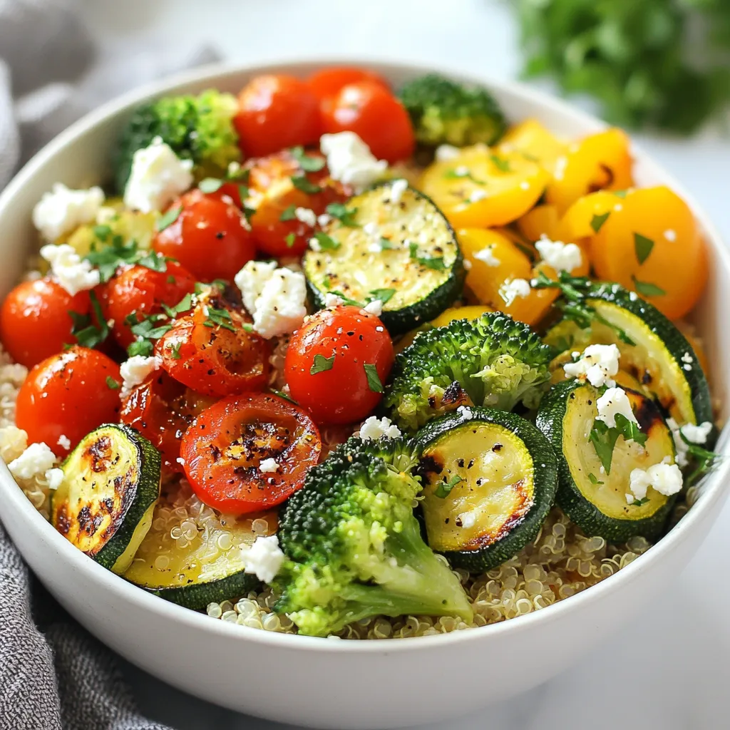 To make these tasty Roasted Veggie Quinoa Bowls, you need a few key items: - 1 cup quinoa, rinsed - 2 cups vegetable broth - 1 medium zucchini, diced - 1 red bell pepper, diced - 1 cup cherry tomatoes, halved - 1 cup broccoli florets Each ingredient adds flavor and nutrition to the dish. Quinoa is a great base. It is packed with protein and fiber. The fresh veggies bring color and crunch. Next, gather your seasonings and garnishes: - 1 tablespoon olive oil - 1 teaspoon garlic powder - 1 teaspoon smoked paprika - Salt and pepper to taste - 1/4 cup feta cheese, crumbled (optional) - Fresh parsley, chopped (for garnish) The olive oil helps the veggies roast nicely. Garlic powder and smoked paprika give a warm, rich flavor. Feta cheese adds a creamy touch if you want it. Fresh parsley brightens up the dish and looks great on top. With these ingredients ready, you're all set to create a healthy and colorful meal that tastes amazing. {{ingredient_image_1}} 1. Boiling vegetable broth: Start by pouring 2 cups of vegetable broth into a medium saucepan. Heat it over high heat until it boils. This broth adds flavor to the quinoa. 2. Cooking and fluffing quinoa: Once the broth boils, add 1 cup of rinsed quinoa. Cover the pot and lower the heat to a simmer. Cook for about 15 minutes. You’ll know it’s done when all the liquid is absorbed. After cooking, let it sit for 5 minutes with the lid on. Then, fluff the quinoa with a fork to make it light and airy. 1. Chopping vegetables: While the quinoa cooks, grab your fresh veggies. Dice 1 medium zucchini and 1 red bell pepper. Halve 1 cup of cherry tomatoes and chop 1 cup of broccoli into florets. Place all these veggies into a large mixing bowl. 2. Seasoning vegetables: Drizzle 1 tablespoon of olive oil over the chopped vegetables. Then, sprinkle in 1 teaspoon of garlic powder, 1 teaspoon of smoked paprika, and add salt and pepper to taste. Toss everything well until all the veggies are coated in the oil and spices. 1. Spreading on a baking sheet: Preheat your oven to 425°F (220°C). Spread the seasoned vegetables out in a single layer on a baking sheet. Make sure they’re not crowded. This helps them roast evenly. 2. Roasting time and tips: Roast the vegetables in the preheated oven for 20-25 minutes. Stir them halfway through the cooking time to ensure even roasting. They should be tender and slightly caramelized when finished. To ensure fluffy quinoa, rinse it well before cooking. This removes the natural coating called saponin. Next, use a 2:1 ratio of vegetable broth to quinoa. Bring the broth to a boil, add the quinoa, and cover it. Lower the heat and let it simmer for 15 minutes. After cooking, let it sit covered for 5 minutes. Fluff it with a fork to keep it light. Roasting vegetables evenly is key. Cut them into similar sizes for even cooking. Toss them in olive oil and spices before roasting. Spread them out on a baking sheet in a single layer. Stir them halfway through to help them cook well on all sides. Roast at 425°F (220°C) for 20-25 minutes. Look for tender and slightly caramelized veggies. For serving, use vibrant bowls to make the dish pop. Start with a base of fluffy quinoa. Arrange the roasted veggies artfully on top. This adds color and makes it look inviting. You can drizzle a little olive oil or lemon juice on top for added freshness. Garnishing ideas include crumbled feta cheese and fresh parsley. These add flavor and visual appeal. You can also sprinkle some extra smoked paprika for a hint of spice. Quinoa and veggies provide many health benefits. Quinoa is a complete protein, meaning it has all nine essential amino acids. It is also high in fiber, which is good for digestion. The fresh veggies add vitamins, minerals, and antioxidants. This combination supports overall health and well-being. To make your bowls even more nutritious, consider adding protein. Chickpeas or grilled chicken work well. You can also mix in leafy greens like spinach or kale for more vitamins. Pro Tips Use Seasonal Vegetables: Incorporating seasonal vegetables not only enhances the flavor but also ensures freshness and nutrition in your quinoa bowls. Perfectly Cooked Quinoa: To achieve fluffy quinoa, make sure to rinse it thoroughly before cooking to remove any bitterness from the saponins. Add a Flavor Boost: Experiment with different herbs and spices to customize the flavor profile. Fresh herbs like basil or dill can elevate the dish. Make it a Meal Prep: These quinoa bowls store well in the fridge. Prepare extra servings to enjoy for lunch or dinner throughout the week. {{image_2}} You can boost your quinoa bowl with protein. Chickpeas are a great choice. They add fiber and flavor. Just rinse and add them to your veggies before roasting. If you want meat, grilled chicken works well. Cut it into bite-sized pieces. Add it on top of your bowl after roasting. Tofu is another option. Use firm tofu, cube it, and grill or bake it. Both choices give you a hearty meal. Spices can change the flavor of your dish. Try adding cumin for warmth or chili powder for heat. These spices give depth to the veggies. Sauces can also enhance your bowl. Tahini is creamy and nutty. Drizzle it over the veggies and quinoa for a tasty twist. Avocado dressing is another option. It brings a fresh taste and pairs well with the roasted veggies. Using seasonal vegetables makes your dish fresh and fun. In summer, add corn or bell peppers. In fall, try sweet potatoes or Brussels sprouts. Always adjust based on what you find at the market. Pick vegetables that are in season for the best taste. This way, you keep your meal exciting and colorful. Plus, you support local farms by using what's fresh. To keep your Roasted Veggie Quinoa Bowls fresh, use airtight containers. Glass or BPA-free plastic containers work best. They prevent spills and keep odors out. Store your leftovers in the fridge for up to four days. After that, the veggies may lose their texture and flavor. You can reheat your leftovers in the microwave or oven. For quick reheating, the microwave is great. Use a microwave-safe dish and cover it with a lid or a damp paper towel. This keeps moisture in. If you prefer the oven, preheat it to 350°F (175°C). Place the bowl in and heat for about 10-15 minutes. This method helps retain the texture and flavor of the veggies. To save time, prep your Roasted Veggie Quinoa Bowls in advance. Cook a big batch of quinoa and roast extra vegetables on the weekend. Divide them into portions. You can also freeze these portions for later use. Just make sure to store them in freezer-safe containers. They will last for about three months in the freezer. When you're ready to eat, simply thaw and reheat! Yes, you can easily make these bowls vegan. Instead of feta cheese, use a plant-based cheese or simply skip it. You can add more fresh herbs for flavor. Nutritional yeast also adds a cheesy taste without dairy. Using vegetable broth ensures all ingredients stay vegan-friendly. You can customize your Roasted Veggie Quinoa Bowls in many ways. Try using different vegetables like carrots, sweet potatoes, or spinach. You can also change spices to match your taste. For example, add cumin or chili powder for a kick. Mix and match based on what you enjoy! These bowls pair well with several side dishes. A simple green salad adds freshness. You might also enjoy grilled chicken or chickpeas for extra protein. Serving a light vinaigrette on the side can enhance the meal. Choose sides that balance the flavors of the bowls. Yes, you can use other grains in place of quinoa. Brown rice, farro, or couscous work well. Each grain has a unique taste and texture. Cook them according to the package instructions. Just keep in mind that cooking times may vary. Choose a grain that fits your meal plan! This blog covered how to make delicious Roasted Veggie Quinoa Bowls. You learned to cook fluffy quinoa and prepare fresh roasted vegetables. We discussed tips for a perfect presentation and added healthy protein options. You can store leftovers well and reheat them easily. Lastly, I answered common questions about vegan options and ingredient swaps. Enjoy creating your own bowls tailored to your taste! These meals are healthy and fun to make.