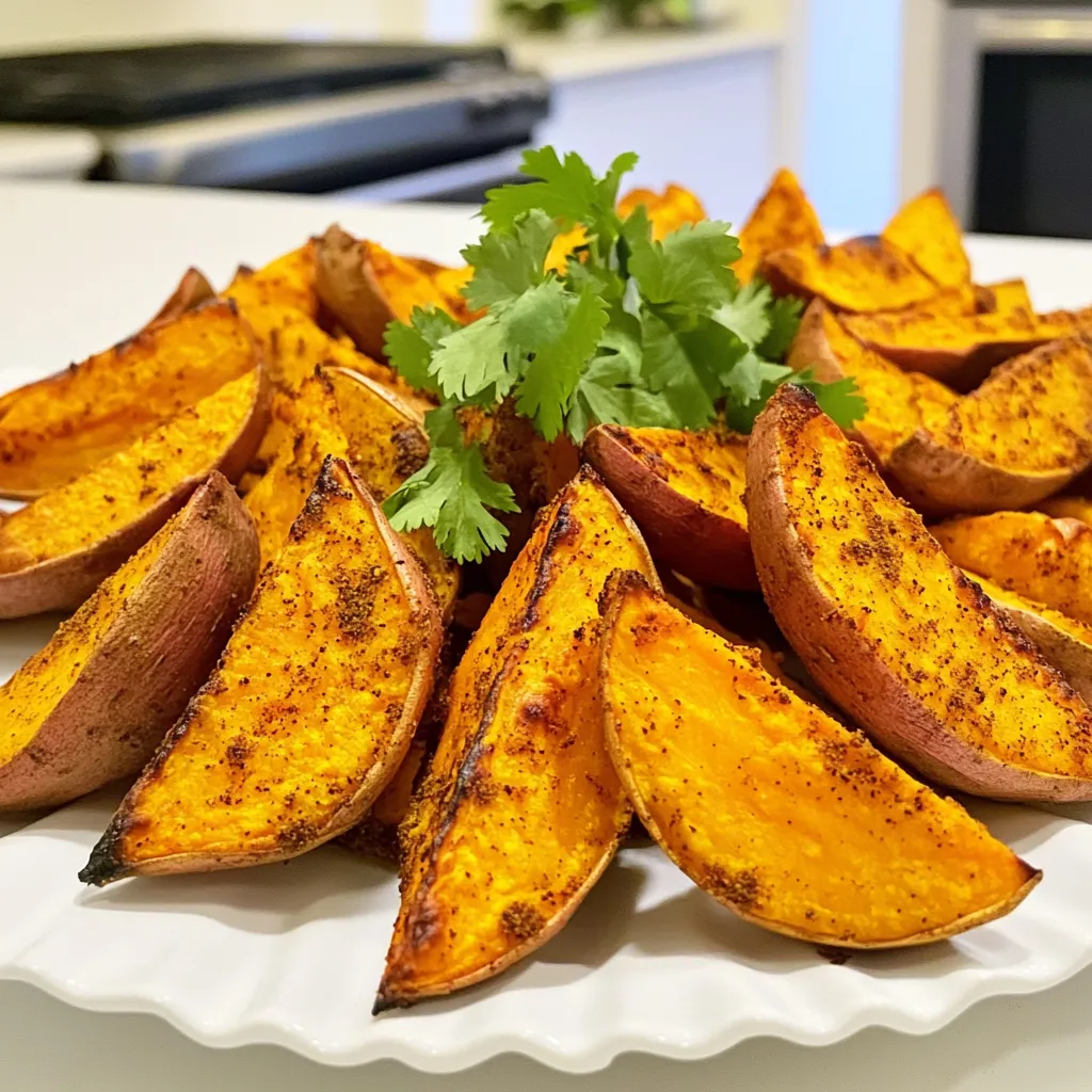 - 2 large sweet potatoes, cut into wedges - 3 tablespoons olive oil - 1 teaspoon paprika - 1 teaspoon cumin - 1/2 teaspoon garlic powder - 1/2 teaspoon onion powder - 1/4 teaspoon cayenne pepper (optional for extra heat) - Salt and pepper to taste - Fresh cilantro or parsley for garnish You can swap sweet potatoes for regular potatoes. They will taste different but still good. Use avocado oil instead of olive oil for a different flavor. If you don’t have paprika, try smoked paprika or chili powder. You can also leave out the cayenne for a milder snack. Feel free to mix up the spices! You can add Italian herbs for a fresh twist. Try chili flakes for more heat if you want. If you love sweet flavors, add a pinch of cinnamon. You can even use lemon zest to brighten the taste. Keep experimenting to find your favorite mix! To start, preheat your oven to 425°F (220°C). This high heat helps the wedges become crispy. Next, line a baking sheet with parchment paper. This makes cleanup easy and helps prevent sticking. In a large bowl, mix together the olive oil, paprika, cumin, garlic powder, onion powder, cayenne pepper, salt, and pepper. Whisk them well to create a spicy marinade. Cut two large sweet potatoes into wedges. Make sure they are all about the same size. This helps them cook evenly. Now, add the sweet potato wedges to the bowl with the marinade. Toss them well until every wedge is coated. Spread the coated wedges in a single layer on the baking sheet. Leave some space between each wedge. This allows for even roasting and prevents steaming. Roast the sweet potatoes in the oven for 25-30 minutes. Flip them halfway through for even browning. They should turn golden brown and crispy outside while staying soft inside. To get the crispiest wedges, try these tips: - Use enough oil: Olive oil helps create a crispy texture. - Do not overcrowd: Give the wedges space on the baking sheet. - Flip halfway: Turning them helps both sides crisp up nicely. - Check for doneness: They should be tender when pierced with a fork. Once done, let your wedges cool for a few minutes. Serve them with fresh cilantro or parsley on top for extra flavor. Enjoy your crispy snack! One common mistake is not cutting the sweet potatoes evenly. Uneven wedges roast at different rates. Make sure each wedge is similar in size. Another mistake is overcrowding the baking sheet. If the wedges touch, they will steam instead of roast. This keeps them from getting crispy. Always leave space between the pieces. Lastly, don’t skip the flipping step. Turning the wedges halfway helps them cook evenly. To boost the taste, try adding lemon juice or zest to the marinade. A splash of lime juice can also add a zesty kick. You can mix in some fresh herbs like thyme or rosemary into the spice mix. For a sweet twist, add a pinch of brown sugar. This can balance the spices and enhance the sweetness of the potatoes. Experimenting with different spices keeps things exciting. Serve your roasted sweet potato wedges hot and crispy. They pair well with dipping sauces like honey mustard or ranch. For a fun twist, try a yogurt-based dip with herbs. Arrange the wedges in a fan shape on a platter for eye-catching presentation. Sprinkle fresh cilantro or parsley on top for a pop of color. Serve them as a snack, side dish, or even a light meal option. {{image_2}} You can mix different spices for unique flavors. Try adding cinnamon for a sweet touch. For a more savory taste, use rosemary or thyme. You can also mix in some chili powder for a smoky flavor. Feel free to get creative and adjust spices to your liking. Dipping sauces can make your sweet potato wedges even better. A classic option is honey mustard. It adds a nice sweetness and tang. You can also try a yogurt-based dip with herbs and garlic. For something spicy, mix mayo with sriracha. Each sauce brings out the best in your crispy wedges. Herbs and spices can change the whole dish. Instead of cumin, you could use curry powder for a bold twist. You can also swap paprika for smoked paprika for a deeper flavor. Fresh herbs like dill or chives can add brightness. These options help keep the recipe fresh and fun. Once your sweet potato wedges cool, place them in an airtight container. Make sure to store them in the fridge. They stay fresh for up to four days. If you want to keep them longer, freezing is a great option. To reheat, preheat your oven to 400°F (200°C). Place the wedges on a baking sheet. Heat them for about 10-15 minutes. This helps them regain their crispiness. You can also use an air fryer for about 5-7 minutes. This method makes them crispy again. To freeze, let the cooked wedges cool completely. Spread them in a single layer on a baking sheet. Freeze for about 1-2 hours. Once frozen, transfer them to a freezer bag. They can last for up to three months in the freezer. When you're ready to eat, you can bake them straight from frozen. Just add a few extra minutes to the cooking time. Roast sweet potato wedges for 25 to 30 minutes at 425°F (220°C). Flip them halfway through. This helps them get crispy on all sides. Check for a golden color and tenderness inside. Every oven is different, so keep an eye on them. Yes, you can use other types of potatoes. Russet or Yukon Gold potatoes work well. They will have a different flavor but can still taste great. Just remember to adjust the roasting time if needed. Sweet potatoes are full of vitamins and minerals. They are high in fiber, which helps digestion. They also have a lot of vitamin A, which is good for your eyes. Plus, sweet potatoes have antioxidants, which can help your body fight off illness. Eating them can support your health while enjoying a tasty snack. This blog post shared how to make great sweet potato wedges. We covered the key ingredients, their substitutes, and seasoning choices. I provided steps for preparation, roasting, and tips for getting crispy wedges. You learned common mistakes to avoid and ways to enhance flavors. I also explored fun variations, storage methods, and answered frequent questions. In the end, making sweet potato wedges is easy and fun. Enjoy creating a dish that tastes great and is good for you.