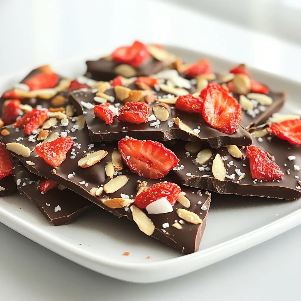 - 12 ounces dark chocolate chips - 1 cup dried strawberries (or freeze-dried) - ½ cup slivered almonds - ¼ cup coconut flakes (unsweetened) - Sea salt for sprinkling - 2 tablespoons coconut oil - Makes 12 pieces Each ingredient plays a key role in the taste and look of the bark. The dark chocolate chips offer a rich base. Dried or freeze-dried strawberries add a sweet and tangy flavor. Slivered almonds give a nice crunch. Coconut flakes bring a hint of tropical flavor. A sprinkle of sea salt adds depth. Optionally, coconut oil can make the chocolate smooth and glossy. This recipe yields 12 pieces of delicious bark, perfect for sharing or enjoying yourself! Start by lining your baking sheet with parchment paper. This step makes it easy to lift the bark off later. You want to make sure the paper covers the whole sheet so nothing sticks. Take a microwave-safe bowl and add 12 ounces of dark chocolate chips. If you like, add 2 tablespoons of coconut oil for a smoother finish. Heat the bowl in your microwave for 30 seconds. After that, take it out and stir. Repeat this until the chocolate is totally melted and smooth. This usually takes about 1 to 2 minutes total. Be careful not to overheat it. Now, pour the melted chocolate onto your lined baking sheet. Use a spatula to spread it evenly to about a ¼-inch thickness. Next, sprinkle 1 cup of dried strawberries, ½ cup of slivered almonds, and ¼ cup of coconut flakes on top. Press them down gently into the chocolate so they stick well. To finish, sprinkle a pinch of sea salt on top for extra flavor. Let your chocolate bark cool at room temperature for about 30 minutes. After that, place the baking sheet in the refrigerator. Chill it for about 1 hour, or until the chocolate is firm and set. Once it’s ready, break the bark into pieces that suit your taste. Enjoy your tasty treat! Melting chocolate can be tricky. You want to avoid seizing or burning it. Here are some tips to help: - Use a microwave-safe bowl. - Heat in 30-second bursts. - Stir each time to check the texture. - If chocolate gets too thick, add a little coconut oil. - Be patient; slow melting keeps it smooth. You can make this bark your own. Here are some fun ideas: - Try different toppings like nuts or seeds. - Add dried fruits such as apricots or cherries. - Use white or milk chocolate instead of dark. - Mix in spices, like cinnamon, for a kick. - Get creative! Your bark can reflect your taste. Make your bark look festive when serving. Here are some tips: - Use a decorative platter for a nice touch. - Arrange it with fresh strawberries for color. - Cut the bark into fun shapes or sizes. - Dust with extra coconut flakes for flair. - Enjoy sharing this treat at parties or gatherings! {{image_2}} You can switch up the chocolate for your bark. Try using white or milk chocolate instead of dark chocolate. Each type gives a different taste. White chocolate adds a sweet and creamy flavor. Milk chocolate is rich and smooth. These options can change the whole vibe of the treat. Feel free to mix and match, based on your mood or what you have on hand. You can get creative with your toppings too. Instead of just strawberries, try nuts like walnuts or pecans. Dried fruits like cranberries or apricots can add a chewy bite. You could even sprinkle some spices like cinnamon for a warm twist. The choices are endless, so have fun with it! If you need to follow special diets, you can easily adapt this recipe. For a vegan version, swap dark chocolate chips for dairy-free chocolate. Use a plant-based topping instead of slivered almonds. To make it gluten-free, just check that your toppings are safe. These simple changes let everyone enjoy this tasty treat! Store your chocolate covered strawberry bark in an airtight container. This keeps it fresh and tasty. You can use a glass jar or a plastic container with a tight lid. Make sure to layer the bark with parchment paper. This prevents sticking. The bark stays fresh for up to two weeks. If you keep it in the fridge, it may last longer. Always check for any signs of spoilage before eating. If it smells off or has a weird texture, toss it out. Yes, you can freeze chocolate bark! Wrap it well in plastic wrap and then put it in a freezer bag. This helps prevent freezer burn. When you want to eat it, let it thaw at room temperature. Enjoy it cold or at room temp! Making chocolate covered strawberry bark is easy and fun. First, gather your ingredients. You need dark chocolate chips, dried strawberries, slivered almonds, coconut flakes, and sea salt. You can add coconut oil for a smooth texture if you want. Start by lining a baking sheet with parchment paper. Then, melt the dark chocolate in a microwave-safe bowl. Heat it in 30-second bursts, stirring in between. Once smooth, pour the chocolate onto the baking sheet. Spread it evenly to about ¼ inch thick. Next, sprinkle dried strawberries, slivered almonds, and coconut flakes over the melted chocolate. Lightly press the toppings in. Finish by adding a pinch of sea salt for flavor. Let it cool at room temperature for 30 minutes. Then, chill it in the fridge for about an hour until set. Break the bark into pieces, and enjoy! You can use fresh strawberries, but there are pros and cons. Fresh strawberries add great flavor and color, but they have more moisture. This moisture can make the chocolate soggy and affect the bark's texture. Dried strawberries have a chewy texture and concentrate their sweetness. They also stay crunchy when mixed with chocolate. If you choose fresh strawberries, slice them thin and dry them on paper towels to reduce moisture. If your chocolate isn't setting, it could be due to moisture. Even a small amount can cause issues. Make sure your bowl and baking sheet are completely dry. Another reason could be overheating the chocolate. If you burn the chocolate, it can seize and become thick. Always melt it slowly in short intervals. If your chocolate is not setting, try placing it in the fridge for longer. Yes, you can make chocolate covered strawberry bark ahead of time. It stores well in an airtight container. Just keep it in a cool, dry place. The bark stays fresh for up to two weeks. If you want to keep it longer, you can freeze it. Wrap the pieces in plastic wrap, then place them in a freezer bag. When ready to eat, thaw the pieces at room temperature. You’ve learned how to make tasty chocolate bark. We covered the main ingredients and the fun toppings you can try. Followed my simple steps, you can melt your chocolate, mix in your favorites, and let it set. Remember, you can customize it to fit your taste. Whether you want it sweet or crunchy, you have choices. Store it well, and enjoy it for weeks. Cooking can be fun and creative, so get started and make your own chocolate bark today!