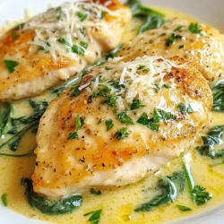 - 4 boneless, skinless chicken breasts - 2 cups fresh spinach, chopped - 4 cloves garlic, minced - 1 cup heavy cream - 1 cup chicken broth - ½ cup grated Parmesan cheese - 1 tablespoon olive oil - 1 teaspoon dried Italian herbs (or herbes de Provence) - Salt and pepper to taste - Fresh parsley, chopped, for garnish Let’s take a closer look at these ingredients. First, chicken breasts are the star of this dish. They are lean and cook quickly. I like using boneless and skinless chicken because it stays juicy and tender. Next, fresh spinach adds color and nutrition. Its mild taste pairs well with garlic. Minced garlic brings a strong, aromatic flavor that makes the dish pop. For the creamy sauce, heavy cream gives a rich texture. Chicken broth adds depth, enhancing the chicken’s taste. Grated Parmesan cheese melts into the sauce, making it extra creamy and cheesy. To season, olive oil helps cook the chicken and adds flavor. Dried Italian herbs bring a mix of flavors that tie everything together. Salt and pepper are must-have basics to enhance all the tastes. Finally, fresh parsley brightens the plate and adds a nice touch. With all these ingredients, you can create a creamy and flavorful meal that everyone will love. {{ingredient_image_1}} First, you need to season the chicken breasts. Sprinkle salt, pepper, and Italian herbs on both sides. This gives the chicken great flavor. For even cooking, let the chicken sit at room temperature for about 10 minutes. This helps it cook more evenly. Heat the olive oil in a large skillet over medium-high heat. Make sure the oil is hot but not smoking. Carefully add the chicken breasts to the skillet. Cook for about 6-7 minutes on each side. They should be golden brown and cooked through. When done, remove the chicken from the skillet and set it aside. Lower the heat to medium. Add the minced garlic to the same skillet. Sauté for about 30 seconds. You want it fragrant but not burned. Next, pour in the chicken broth, scraping up any brown bits. That adds flavor. Let it simmer, then stir in the heavy cream. Bring it to a gentle boil. Now, stir in the chopped spinach. Cook for 2-3 minutes until it wilts. Then, mix in the grated Parmesan cheese until it melts and becomes creamy. Return the cooked chicken to the skillet. Spoon the sauce over the chicken and let it simmer for an additional 5 minutes. This melds the flavors beautifully. Serve the chicken with the creamy sauce on top and garnish with fresh parsley for a lovely touch. To check for doneness, use a meat thermometer. Chicken should reach 165°F. If you don't have a thermometer, cut into the thickest part. The meat should be white, not pink. I recommend cooking the chicken at medium-high heat. This helps it brown nicely while staying juicy. Cook for about 6-7 minutes on each side. For a twist, try using different cheeses. Cream cheese or goat cheese can add a nice flavor. You can also use mozzarella for a stretchier texture. Add fresh herbs like basil or thyme for more flavor. A pinch of red pepper flakes adds heat, while lemon zest brightens the dish. Garnish the dish with fresh parsley for color. You can also sprinkle extra Parmesan on top. This looks nice and adds more flavor. Serve the chicken with sides like rice or roasted veggies. A simple salad pairs well, too. It keeps the meal light and fresh. Pro Tips Rest the Chicken: Allow the chicken to rest for a few minutes after cooking. This helps retain the juices, resulting in a more tender and flavorful dish. Use Fresh Spinach: For the best flavor and texture, opt for fresh spinach over frozen. It wilts beautifully and adds a vibrant color to the dish. Adjust the Creaminess: If you prefer a lighter sauce, reduce the amount of heavy cream and add more chicken broth. This keeps the dish creamy without being overly rich. Garnish for Flavor: Don't skip the fresh parsley garnish! It adds a pop of color and a fresh flavor that complements the creamy sauce perfectly. {{image_2}} You can switch up the protein in this dish. Shrimp or tofu works well here. For shrimp, cook them until they turn pink, about 2-3 minutes per side. If you're using tofu, cut it into cubes and sauté until golden brown. This usually takes around 5-7 minutes. Adjust the cooking times to ensure everything is cooked through but not overdone. Feel free to add other leafy greens. Kale or Swiss chard adds great flavor and nutrition. You can also toss in bell peppers, mushrooms, or zucchini for more texture. Just remember to adjust cooking times for these veggies. Sauté them until tender, about 5-6 minutes, before adding the spinach. For a lighter dish, you can swap heavy cream for half-and-half or coconut milk. This change still keeps the meal creamy but with fewer calories. If you want to go dairy-free, use almond milk with a thickener like cornstarch. This keeps the sauce rich without the cream. To keep your Creamy Garlic Spinach Chicken fresh, use airtight containers. Glass or plastic containers work well. Let the chicken cool for about 30 minutes before putting it in the fridge. Cover it tightly to avoid any air. This method keeps flavors intact and helps it last longer. When reheating, aim to keep the chicken juicy. Use a skillet over low heat for the best results. Heat for about 5-7 minutes until warmed through. You can add a splash of chicken broth to keep the sauce creamy. Avoid microwaving, as it can dry out the chicken. To freeze Creamy Garlic Spinach Chicken, place it in a freezer-safe container. Be sure to leave some space for expansion. It can last up to three months in the freezer. For thawing, move it to the fridge overnight. This method helps preserve the texture and flavor. You can serve many tasty sides with this dish. Here are some ideas: - Garlic bread to soak up the sauce - Steamed rice for a filling meal - Mashed potatoes for comfort food - A fresh salad for a light side - Roasted vegetables for added flavor These sides will enhance your meal and make it more enjoyable. To check if the chicken is done, use a meat thermometer. The internal temperature should reach 165°F (75°C). Another way is to cut into the chicken. The meat should be white and juices should run clear, not pink. This ensures it's safe to eat. Yes, you can prepare this dish ahead of time. Cook the chicken and sauce, then store them separately. Keep them in the fridge for up to two days. When ready to eat, reheat on low heat until warm. This keeps the chicken juicy and the sauce creamy. You can easily make this dish dairy-free. Instead of heavy cream, use coconut milk or cashew cream. You can skip the cheese or use nutritional yeast for a cheesy flavor. This way, you can enjoy creamy garlic spinach chicken without dairy. To store leftovers, place them in an airtight container. Make sure to cool the chicken and sauce to room temperature first. You can keep it in the fridge for about three days. For longer storage, freeze the dish in a freezer-safe container. Just remember to label it with the date. In this post, we explored a delicious recipe for Creamy Garlic Spinach Chicken. You learned about key ingredients, step-by-step instructions, and tips for perfect cooking. I shared variations for different proteins and offered storage methods for leftovers. This dish is versatile and can easily fit different diets. Enjoy experimenting with flavors and making it your own. Trust your taste, and have fun in the kitchen!