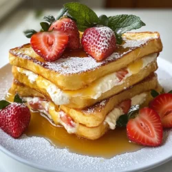 - 4 slices of thick brioche bread - 2 large eggs - 1/2 cup milk - 1 tsp vanilla extract - 1/2 tsp cinnamon - 1/2 cup cream cheese, softened - 1/4 cup powdered sugar To create the perfect Strawberry Cheesecake French Toast, start with thick brioche bread. This bread is soft and fluffy, making it ideal for soaking up the egg mixture. Use two large eggs and half a cup of milk for the custard. Add one teaspoon of vanilla extract for flavor and half a teaspoon of cinnamon for warmth. The cream cheese adds richness, while powdered sugar gives a touch of sweetness. - 1 cup fresh strawberries, hulled and sliced - Maple syrup, for serving - Fresh mint leaves, for garnish (optional) For toppings, you will need fresh strawberries. Slice them up to sit on top of your French toast. Maple syrup drizzled over the top adds sweetness and enhances the flavors. If you want a pop of color, add fresh mint leaves as a garnish. This not only looks nice but also gives a fresh taste. {{ingredient_image_1}} First, take a medium bowl. Add 2 large eggs, 1/2 cup milk, 1 tsp vanilla extract, and 1/2 tsp cinnamon. Whisk them together until they blend well. This mixture is key for soaking the bread. It gives the French toast a rich flavor. In another bowl, mix 1/2 cup of softened cream cheese and 1/4 cup of powdered sugar. Use a spatula or whisk to combine them. You want it to be smooth and creamy. This filling adds a sweet touch that tastes like cheesecake. Now, take one slice of thick brioche bread. Spread the cream cheese filling on one side. Top it with sliced strawberries. Then, place another slice of bread on top to create a sandwich. Repeat this process for the other slices. You will have two yummy sandwiches. Preheat your skillet over medium heat. Add 2 tablespoons of butter and let it melt. Dip each sandwich into the egg mixture. Soak both sides for a few seconds. Place the soaked sandwiches on the skillet. Cook for about 3-4 minutes on each side. Look for a golden brown color. Once done, remove them from the skillet. Let them sit for a minute, then slice in half. Enjoy this treat warm, with maple syrup drizzled on top! For the best French toast, use thick brioche bread. Brioche is soft and rich. It soaks up the egg mixture well. Other good options include challah or Texas toast. These types hold their shape during cooking. They also give a nice, fluffy texture. Avoid thin bread. It may fall apart or get too soggy. To get golden-brown toast, heat your skillet over medium heat. Don't rush the cooking process. Place the soaked sandwiches carefully in the pan. Cook for about 3-4 minutes on each side. Look for a nice, even color. Use a spatula to check the bottom. If it’s golden, it’s time to flip. If not, give it another minute. This ensures the insides cook through without burning the outside. Serve your French toast warm for the best taste. Drizzle maple syrup over the top for sweetness. Fresh mint leaves add a nice touch and flavor. You can also top it with more sliced strawberries. If you like, a dollop of whipped cream makes it a real treat. Consider pairing it with a side of bacon or sausage for a hearty meal. Pro Tips Choose the Right Bread: Using thick brioche or challah bread will give your French toast that perfect custardy texture. Customize Your Filling: Feel free to add other fruits like blueberries or bananas to the cream cheese mixture for added flavor. Perfect Soaking Time: Ensure you soak the bread just long enough to absorb the egg mixture without becoming too soggy. Keep It Warm: If making multiple servings, keep cooked French toast in a warm oven (200°F) while you finish cooking the rest. {{image_2}} You can switch up the strawberries in this recipe. Use blueberries for a sweet twist. Raspberries work great too, adding a nice tart flavor. You might even try sliced bananas for a rich and creamy touch. Each fruit brings its own taste and color. Feel free to mix and match! Want to amp up the flavor? Add a splash of almond extract for a nutty taste. You can also mix in a pinch of nutmeg for warmth. A little lemon zest brightens the whole dish. These small changes make a big difference in taste. Don't be afraid to get creative! You can easily make this dish dairy-free or vegan. Use almond milk or oat milk instead of regular milk. For the cream cheese, look for a vegan brand or use silken tofu blended smooth. Replace eggs with flaxseed meal mixed with water, creating a binding agent. These swaps keep the dish tasty while meeting your dietary needs! Store any leftover strawberry cheesecake French toast in the fridge. Place it in an airtight container. It stays fresh for up to three days. If you want to keep it longer, freeze it. Wrap each piece tightly in plastic wrap. Then, place them in a freezer bag. Frozen French toast lasts about two months. To reheat, use a skillet for the best texture. Heat the skillet over medium heat. Add a touch of butter to enhance flavor. Place the French toast on the skillet for a few minutes on each side. This method keeps it crispy. You can also use a microwave, but it may be softer. Heat on medium power for about 30 seconds to one minute. Check if it’s warm all the way through. Enjoy your tasty treat! Yes, you can prepare this dish ahead of time. You can make the cream cheese filling a day before. Store it in the fridge in a sealed container. You can also assemble the sandwiches the night before. Just cover them with plastic wrap and place them in the fridge. When ready to cook, dip them in the egg mixture and cook as usual. This saves you time in the morning! To make the cream cheese filling lighter, you can swap some ingredients. Use low-fat cream cheese instead of regular. You can also use Greek yogurt for a tangy twist. Instead of powdered sugar, opt for a bit of honey or agave syrup. This way, your filling stays creamy but has fewer calories. If you want to skip maple syrup, try these tasty alternatives. Honey is a great option; it adds sweetness and flavor. You can also use fruit compote for a fresh taste. Try drizzling with chocolate sauce for a fun twist. Lastly, a sprinkle of powdered sugar can add sweetness without syrup. This blog post covered how to make delicious French toast sandwiches. We explored the key ingredients like thick brioche bread and a creamy filling. You also learned how to prepare, cook, and store them. Remember, the right toppings can elevate your dish. Experiment with fruits and flavors to customize your meal. Whether you prefer it vegan or with different syrups, options abound. Enjoy creating your perfect breakfast treat with these tips. You’ll impress everyone at the table!