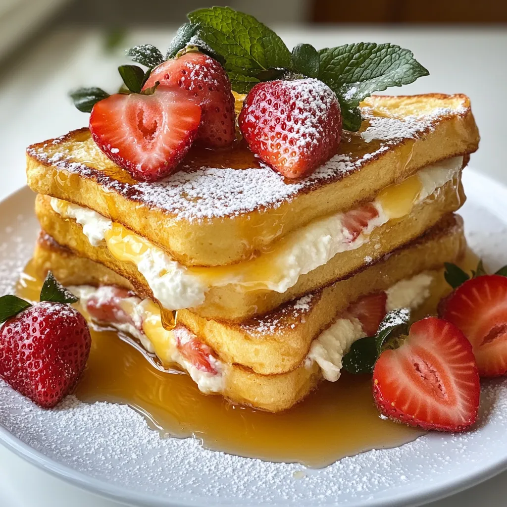 - 4 slices of thick brioche bread - 2 large eggs - 1/2 cup milk - 1 tsp vanilla extract - 1/2 tsp cinnamon - 1/2 cup cream cheese, softened - 1/4 cup powdered sugar To create the perfect Strawberry Cheesecake French Toast, start with thick brioche bread. This bread is soft and fluffy, making it ideal for soaking up the egg mixture. Use two large eggs and half a cup of milk for the custard. Add one teaspoon of vanilla extract for flavor and half a teaspoon of cinnamon for warmth. The cream cheese adds richness, while powdered sugar gives a touch of sweetness. - 1 cup fresh strawberries, hulled and sliced - Maple syrup, for serving - Fresh mint leaves, for garnish (optional) For toppings, you will need fresh strawberries. Slice them up to sit on top of your French toast. Maple syrup drizzled over the top adds sweetness and enhances the flavors. If you want a pop of color, add fresh mint leaves as a garnish. This not only looks nice but also gives a fresh taste. {{ingredient_image_1}} First, take a medium bowl. Add 2 large eggs, 1/2 cup milk, 1 tsp vanilla extract, and 1/2 tsp cinnamon. Whisk them together until they blend well. This mixture is key for soaking the bread. It gives the French toast a rich flavor. In another bowl, mix 1/2 cup of softened cream cheese and 1/4 cup of powdered sugar. Use a spatula or whisk to combine them. You want it to be smooth and creamy. This filling adds a sweet touch that tastes like cheesecake. Now, take one slice of thick brioche bread. Spread the cream cheese filling on one side. Top it with sliced strawberries. Then, place another slice of bread on top to create a sandwich. Repeat this process for the other slices. You will have two yummy sandwiches. Preheat your skillet over medium heat. Add 2 tablespoons of butter and let it melt. Dip each sandwich into the egg mixture. Soak both sides for a few seconds. Place the soaked sandwiches on the skillet. Cook for about 3-4 minutes on each side. Look for a golden brown color. Once done, remove them from the skillet. Let them sit for a minute, then slice in half. Enjoy this treat warm, with maple syrup drizzled on top! For the best French toast, use thick brioche bread. Brioche is soft and rich. It soaks up the egg mixture well. Other good options include challah or Texas toast. These types hold their shape during cooking. They also give a nice, fluffy texture. Avoid thin bread. It may fall apart or get too soggy. To get golden-brown toast, heat your skillet over medium heat. Don't rush the cooking process. Place the soaked sandwiches carefully in the pan. Cook for about 3-4 minutes on each side. Look for a nice, even color. Use a spatula to check the bottom. If it’s golden, it’s time to flip. If not, give it another minute. This ensures the insides cook through without burning the outside. Serve your French toast warm for the best taste. Drizzle maple syrup over the top for sweetness. Fresh mint leaves add a nice touch and flavor. You can also top it with more sliced strawberries. If you like, a dollop of whipped cream makes it a real treat. Consider pairing it with a side of bacon or sausage for a hearty meal. Pro Tips Choose the Right Bread: Using thick brioche or challah bread will give your French toast that perfect custardy texture. Customize Your Filling: Feel free to add other fruits like blueberries or bananas to the cream cheese mixture for added flavor. Perfect Soaking Time: Ensure you soak the bread just long enough to absorb the egg mixture without becoming too soggy. Keep It Warm: If making multiple servings, keep cooked French toast in a warm oven (200°F) while you finish cooking the rest. {{image_2}} You can switch up the strawberries in this recipe. Use blueberries for a sweet twist. Raspberries work great too, adding a nice tart flavor. You might even try sliced bananas for a rich and creamy touch. Each fruit brings its own taste and color. Feel free to mix and match! Want to amp up the flavor? Add a splash of almond extract for a nutty taste. You can also mix in a pinch of nutmeg for warmth. A little lemon zest brightens the whole dish. These small changes make a big difference in taste. Don't be afraid to get creative! You can easily make this dish dairy-free or vegan. Use almond milk or oat milk instead of regular milk. For the cream cheese, look for a vegan brand or use silken tofu blended smooth. Replace eggs with flaxseed meal mixed with water, creating a binding agent. These swaps keep the dish tasty while meeting your dietary needs! Store any leftover strawberry cheesecake French toast in the fridge. Place it in an airtight container. It stays fresh for up to three days. If you want to keep it longer, freeze it. Wrap each piece tightly in plastic wrap. Then, place them in a freezer bag. Frozen French toast lasts about two months. To reheat, use a skillet for the best texture. Heat the skillet over medium heat. Add a touch of butter to enhance flavor. Place the French toast on the skillet for a few minutes on each side. This method keeps it crispy. You can also use a microwave, but it may be softer. Heat on medium power for about 30 seconds to one minute. Check if it’s warm all the way through. Enjoy your tasty treat! Yes, you can prepare this dish ahead of time. You can make the cream cheese filling a day before. Store it in the fridge in a sealed container. You can also assemble the sandwiches the night before. Just cover them with plastic wrap and place them in the fridge. When ready to cook, dip them in the egg mixture and cook as usual. This saves you time in the morning! To make the cream cheese filling lighter, you can swap some ingredients. Use low-fat cream cheese instead of regular. You can also use Greek yogurt for a tangy twist. Instead of powdered sugar, opt for a bit of honey or agave syrup. This way, your filling stays creamy but has fewer calories. If you want to skip maple syrup, try these tasty alternatives. Honey is a great option; it adds sweetness and flavor. You can also use fruit compote for a fresh taste. Try drizzling with chocolate sauce for a fun twist. Lastly, a sprinkle of powdered sugar can add sweetness without syrup. This blog post covered how to make delicious French toast sandwiches. We explored the key ingredients like thick brioche bread and a creamy filling. You also learned how to prepare, cook, and store them. Remember, the right toppings can elevate your dish. Experiment with fruits and flavors to customize your meal. Whether you prefer it vegan or with different syrups, options abound. Enjoy creating your perfect breakfast treat with these tips. You’ll impress everyone at the table!