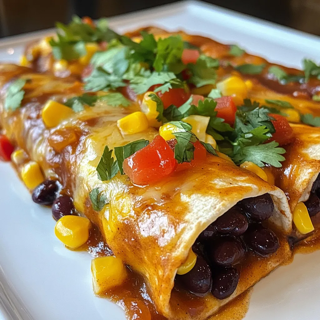 To make tasty spicy black bean enchiladas, you will need: - 1 can (15 oz) black beans, drained and rinsed - 1 medium onion, finely chopped - 2 garlic cloves, minced - 1 tsp ground cumin - 1 tsp smoked paprika - 1/2 tsp cayenne pepper (adjust based on spice preference) - 1 cup corn kernels (fresh or frozen) - 1 cup diced bell peppers (any color) - 8 small corn tortillas - 2 cups enchilada sauce (store-bought or homemade) - 1 cup shredded cheese (cheddar or a Mexican blend) - Fresh cilantro, for garnish - Sour cream or Greek yogurt, for serving (optional) You can swap some ingredients if needed. For black beans, try pinto or kidney beans. Instead of corn, you can use diced zucchini or carrots. Use any onion type, like red or yellow. If you want less spice, skip the cayenne or use mild chili powder. You can also use flour tortillas if you prefer. For cheese, mozzarella or a dairy-free option works great too. Lastly, if you don’t have enchilada sauce, use salsa or tomato sauce mixed with spices. Each serving of these enchiladas has around: - Calories: 300 - Protein: 12g - Fat: 10g - Carbohydrates: 45g - Fiber: 8g - Sugar: 3g These enchiladas are nutritious and filling. They offer protein from the beans and healthy carbs from the tortillas. Enjoy! {{ingredient_image_1}} First, you need to preheat the oven to 375°F (190°C). This step helps your enchiladas cook evenly and become nice and bubbly. Make sure to do this before starting other steps. Next, grab a large skillet and heat a tablespoon of oil over medium heat. Add one finely chopped onion. Sauté it for about 5 minutes until it looks clear. Then, mix in two minced garlic cloves. Cook this for one more minute until it smells great. After that, add your black beans, one cup of corn kernels, and diced bell peppers. Sprinkle in one teaspoon of ground cumin, one teaspoon of smoked paprika, and half a teaspoon of cayenne pepper. Stir everything together and let it cook for 5 to 7 minutes. Your veggies should be tender now. Now, it's time to put the enchiladas together! Start by spreading a little enchilada sauce on the bottom of a baking dish. Take one corn tortilla and spoon 2 to 3 tablespoons of the black bean mixture down the center. Sprinkle some cheese on top, then roll it up tightly. Place it seam-side down in the dish. Repeat this for all tortillas. Once all the enchiladas are in the dish, pour the rest of the enchilada sauce over them. Top with any remaining cheese. Cover the dish with foil and bake in the oven for 20 minutes. After that, remove the foil and bake for another 10 to 15 minutes until the cheese is melty and bubbly. To keep your tortillas soft, warm them. Heat a skillet on low. Place each tortilla in for a few seconds on each side. This makes them easy to roll without breaking. You can also wrap them in a damp cloth. Microwave them for about 30 seconds. This will keep them moist and flexible. You can change the heat in your enchiladas. Start with half a teaspoon of cayenne pepper. Taste the filling before you roll the tortillas. If you want more heat, add more cayenne. You can also use fresh jalapeños for a different flavor. Just remember, you can always add heat, but you can't take it away. Melted cheese makes enchiladas tasty and gooey. Use a mix of cheeses for the best flavor. Cheddar and a Mexican blend work well together. Spread cheese evenly on top of the enchiladas. Cover with foil while baking to make sure the cheese melts nicely. Remove the foil for the last few minutes to get a nice golden top. Pro Tips Choose Your Spice Level: Adjust the cayenne pepper to your taste to make the enchiladas as spicy or mild as you like. Warm Tortillas First: Warming the tortillas in a dry skillet will make them more pliable and easier to roll without tearing. Customize Your Filling: Feel free to add other ingredients like zucchini, mushrooms, or spinach to the filling for extra flavor and nutrition. Let Them Rest: Allow the enchiladas to cool for a few minutes after baking. This helps the sauce thicken and makes them easier to serve. {{image_2}} You can make these enchiladas even more veggie-friendly. Use mushrooms, zucchini, or spinach. They add great flavor and texture. Each option brings its own charm. You might also swap black beans for pinto beans or lentils. This gives the dish a new twist. If you want more protein, add cooked chicken or tofu. Shred cooked chicken and mix it with the black bean filling. If you use tofu, crumble it and sauté it with the veggies. Both options keep the enchiladas tasty and filling. The sauce can change the whole vibe of your enchiladas. Red sauce offers a rich, bold flavor. Green sauce brings a fresher, zestier taste. Try both to see which you like best. You can even mix sauces for a unique flavor. You can store leftover enchiladas in the fridge. Place them in an airtight container. They will stay fresh for about 3 to 5 days. When you want to eat them, just take them out. Make sure to cover them with foil or a lid. Freezing enchiladas is easy and great for meal prep. Wrap each enchilada tightly in plastic wrap. Then, place them in a freezer-safe bag or container. They can last up to 3 months in the freezer. When you are ready to eat, let them thaw overnight in the fridge. To reheat, you can use the oven or the microwave. For the oven, preheat it to 350°F (175°C). Place the enchiladas in a baking dish, cover with foil, and heat for 20 to 25 minutes. If using a microwave, heat one enchilada at a time for about 1-2 minutes, or until warm. Enjoy them again! Yes, you can use other beans! Great options include pinto beans, kidney beans, or navy beans. Each type has its own flavor and texture. Pinto beans will give a creamy feel, while kidney beans add a hearty bite. Just keep in mind that the taste will change slightly. The spice level comes from cayenne pepper. With 1/2 teaspoon, the dish has a mild heat. If you want more spice, feel free to add more cayenne. You can also use hot sauce for an extra kick. Remember, everyone's spice tolerance is different, so adjust it to your taste! Many sides go well with these enchiladas. Here are some tasty ideas: - Rice: Cilantro-lime rice adds freshness. - Salad: A simple green salad balances the meal. - Guacamole: Creamy guacamole gives a nice cool touch. - Corn: Grilled corn on the cob is sweet and fun. These sides will enhance your meal and make it even more enjoyable! This blog post covers everything you need for making delicious black bean enchiladas. We discussed the key ingredients and their substitutes, so you can customize your meal. I shared step-by-step instructions to ensure your enchiladas come out just right. You also learned helpful tips to adjust flavors and textures. Finally, I offered storage info and answered common questions. With this guide, you can confidently prepare tasty and satisfying enchiladas at home. Enjoy experimenting with different variations and flavors to make it your own!