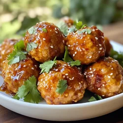 - 1 pound ground chicken - 1/4 cup breadcrumbs - 1/4 cup green onions, finely chopped - 2 cloves garlic, minced - 1 tablespoon fresh ginger, grated - 1/4 cup soy sauce - 1/4 cup honey - 1 tablespoon sesame oil - 1 teaspoon rice vinegar - 1/2 teaspoon black pepper - 1/4 teaspoon chili flakes (optional for heat) - 2 tablespoons sesame seeds for garnish - Fresh cilantro for garnish - Calories per serving: 250 - Protein content: 20 grams - Fat and carbohydrate breakdown: 12 grams of fat, 18 grams of carbs I love using ground chicken for these meatballs. It keeps them juicy and light. The breadcrumbs help bind everything, giving them a nice texture. Adding green onions and garlic gives a fresh taste. Fresh ginger adds a warm, spicy note that I can't resist. Soy sauce and honey create that perfect sweet and salty mix. Sesame oil adds a nutty flavor that ties it all together. Rice vinegar brightens the dish, while black pepper and chili flakes give a mild kick. For garnish, I always sprinkle sesame seeds and fresh cilantro. They not only look great but add more flavor. This dish is a hit with everyone. It's simple yet packed with taste. {{ingredient_image_1}} 1. Preheating the oven Start by preheating your oven to 400°F (200°C). This ensures a nice, even cook. Line a baking sheet with parchment paper. This helps with easy cleanup later. 2. Mixing the meatball ingredients In a large bowl, combine these ingredients: - 1 pound ground chicken - 1/4 cup breadcrumbs - 1/4 cup green onions, finely chopped - 2 cloves garlic, minced - 1 tablespoon fresh ginger, grated - 1/2 teaspoon black pepper - 1/4 teaspoon chili flakes (if you like heat) Use your hands to mix everything well. You want it to be fully combined but not overworked. 3. Forming the meatballs Take small portions of the mixture and form them into meatballs. Aim for about 1 inch in diameter. Place each meatball on the prepared baking sheet. Make sure they have space between them for even cooking. 1. Baking time and temperature Bake the meatballs in the preheated oven for 15-20 minutes. They should be golden brown and cooked through. 2. Glazing technique While the meatballs bake, make your glaze. In a separate bowl, whisk together: - 1/4 cup soy sauce - 1/4 cup honey - 1 tablespoon sesame oil - 1 teaspoon rice vinegar Brush half of this glaze over the meatballs about halfway through the baking time. This helps create a rich flavor. 3. Finishing touches In the last 5 minutes of baking, brush the rest of the glaze on the meatballs. This gives them an extra sticky finish. Once they are done, remove them from the oven and let them cool for a few minutes. Finally, garnish with sesame seeds and fresh cilantro before serving. Enjoy your delicious honey soy glazed chicken meatballs! To get the right glaze, mix honey and soy sauce. You want it smooth and thick. If it’s too thin, add more honey. If it’s too thick, add a splash of water. Brush half the glaze on the meatballs before baking. This step gives them great flavor. For a shiny finish, brush more glaze on during the last few minutes of baking. This makes the meatballs sticky and tasty. Baking works best for these meatballs. It cooks them evenly and keeps them juicy. Preheat your oven to 400°F (200°C). Line the baking sheet with parchment paper. This helps with easy cleanup. Form the meatballs about one inch wide. This size cooks well without drying out. If you prefer, you can pan-fry them too. Just ensure they are browned on all sides. Always check the internal temperature. It should reach 165°F to ensure they are cooked through. Pro Tips Choosing the Right Chicken: For the juiciest meatballs, opt for ground chicken thigh instead of breast, as it has more fat and flavor. Glaze Variations: Feel free to experiment with different flavors in the glaze, such as adding a splash of sriracha or a dash of lime juice for a tangy twist. Keep Them Uniform: Use a cookie scoop to ensure that all meatballs are the same size for even cooking and presentation. Storage Tips: Store any leftover meatballs in an airtight container in the fridge for up to 3 days or freeze them for later use. {{image_2}} You can change some ingredients to fit your taste. Instead of breadcrumbs, try oats or quinoa as binders. They add a nice texture. If you want more flavor, think about adding herbs like basil or spices like cumin. These changes can add fun twists to your meatballs. These meatballs shine when paired with rice or noodles. The glaze blends well with the carbs. For a fun twist, serve them in lettuce wraps. This makes a great low-carb option. Skewers are another creative choice. Just slide the meatballs onto sticks for easy eating. Your guests will love these unique serving ideas! Store your honey soy glazed chicken meatballs in the fridge. Use an airtight container. They will stay fresh for up to three days. If you want to keep them longer, consider freezing. Lay the meatballs on a baking sheet first. Freeze them for about an hour. Once frozen, transfer them to a freezer bag. They will last for up to three months. Reheat your meatballs in the oven for best results. Set your oven to 350°F (175°C). Place the meatballs on a baking sheet. Heat for about 10-15 minutes. You can also use a microwave. Place meatballs on a plate and cover with a damp paper towel. Heat for 1-2 minutes, checking for warmth. To keep the meatballs moist, add a splash of water or broth when reheating. This helps maintain flavor and texture. Enjoy your tasty leftovers! How can I make these meatballs gluten-free? To make these meatballs gluten-free, swap regular breadcrumbs for gluten-free breadcrumbs. You can also use crushed gluten-free crackers. Both options work well and keep the meatballs tasty. Can I use ground turkey instead of chicken? Yes, you can use ground turkey. It will give a slightly different taste but still works great. Just keep an eye on the cooking time; turkey may take a bit longer. How do I know when the meatballs are fully cooked? Check the internal temperature with a meat thermometer. It should reach 165°F (75°C). You can also cut one open to see if the meat is no longer pink inside. What dipping sauces pair well with honey soy chicken meatballs? These meatballs taste great with sweet and sour sauce, peanut sauce, or a spicy sriracha dip. Try different sauces to find your favorite! Can I make these meatballs in advance? Yes, you can! Make the meatballs and store them in the fridge for up to 24 hours. You can also freeze them for later use. Just thaw them before baking. This blog post covered everything you need for honey soy chicken meatballs. We discussed the ingredients, from ground chicken to fresh cilantro, along with nutritional info. I shared step-by-step instructions for preparation and cooking. You also learned tips to perfect your glaze and variations for unique flavors. Finally, I provided storage tips and answered common questions. Enjoy making these delicious meatballs! They are easy and fun, plus you can personalize them. Happy cooking!