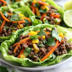 To make Ginger Garlic Beef Lettuce Boats, you need a mix of ground beef and fresh produce. Each ingredient plays a key role in creating a tasty dish. Let's break down what you'll need. - Ground beef and pantry essentials: - 1 lb ground beef - 2 tablespoons fresh ginger, grated - 4 cloves garlic, minced - 1 tablespoon soy sauce - 1 tablespoon oyster sauce - 1 teaspoon sesame oil - Fresh produce needed: - 1 bell pepper, finely chopped (any color) - 1 carrot, grated - 1 green onion, chopped - 1 head of butter or romaine lettuce, leaves separated - Optional garnishes: - Fresh cilantro for garnish - Lime wedges for serving Each ingredient adds its own flavor and texture. The beef gives a hearty base, while ginger and garlic add warmth. The fresh veggies bring crunch and color. You can play with the optional garnishes to elevate the dish. {{ingredient_image_1}} To start, heat a large skillet over medium-high heat. Add 1 pound of ground beef. Cook the beef for about 5 to 7 minutes. Break it apart with a spatula as it cooks. You want it to brown nicely. Next, it is crucial to drain any excess fat. This keeps the dish light and tasty. After draining, add 2 tablespoons of grated ginger and 4 cloves of minced garlic. Stir them into the beef. Cook for an additional 1 to 2 minutes until the ginger and garlic smell great. Now, it’s time to add flavor. Pour in 1 tablespoon of soy sauce, 1 tablespoon of oyster sauce, and 1 teaspoon of sesame oil. Mix these well with the beef. Let it cook for another 2 to 3 minutes. This step makes the beef rich and savory. Then, add in 1 finely chopped bell pepper and 1 grated carrot. Cook these for about 3 minutes. You want them to be slightly soft but still crunchy. This adds a nice texture to the dish. Remove the skillet from the heat and fold in 1 chopped green onion for a fresh taste. As you prepare to serve, take a lettuce leaf from a head of butter or romaine lettuce. Spoon a generous amount of the beef mixture into the center of the leaf. This is your lettuce boat! For a fun touch, garnish with fresh cilantro. Serve with lime wedges on the side. A squeeze of lime adds a burst of flavor that brightens the dish. Enjoy your Ginger Garlic Beef Lettuce Boats as a fresh and tasty meal! To avoid overcooking ground beef, cook it until it's just brown. This keeps it juicy and tender. Use a spatula to break it apart while cooking. Drain any excess fat quickly to keep the dish light. To enhance flavors, always add ginger and garlic right after browning the beef. These spices bring a wonderful aroma. Adding soy sauce and oyster sauce later boosts the umami taste. I recommend using a large skillet for even cooking. A spatula works well for breaking up the meat. A good grater is key for ginger and garlic. You can prepare ingredients in advance for easy cooking. Chop the bell pepper and green onion ahead of time. Grate the carrot and store it in the fridge. This way, you're ready to cook quickly. Pre-cooking the beef also saves time. Just brown it and store it in the fridge. When you're ready, heat it up, add sauces, and mix in the veggies. The ingredients in this dish have great benefits. Ground beef is a good source of protein. Ginger and garlic boost your immune system. Bell peppers are rich in vitamins A and C. For low-calorie versions, use lean ground beef or turkey. You can skip the oyster sauce if you're watching sodium. Lettuce is low in calories, making it a great wrap choice. Pro Tips Use Fresh Ingredients: Fresh ginger and garlic will enhance the flavor of your dish significantly compared to dried alternatives. Control the Heat: Adjust the cooking time to ensure the beef is fully cooked but not overdone, keeping it juicy and tender. Customize Your Veggies: Feel free to add other vegetables like zucchini or mushrooms for added texture and nutrition. Serve Immediately: These lettuce boats are best enjoyed fresh, so assemble them right before serving to maintain their crunch. {{image_2}} You can easily make Ginger Garlic Beef Lettuce Boats fit your diet. For a gluten-free option, swap soy sauce with tamari. Tamari gives you the same umami flavor without gluten. You can also look for gluten-free oyster sauce. If you want a vegetarian version, use mushrooms or tofu instead of beef. Both mushrooms and tofu soak up flavors well. Try using a mix of veggies like zucchini or eggplant for a tasty twist. Switching up veggies can add fun. Add shredded cabbage, diced cucumbers, or snap peas for a crunch. These veggies bring different textures and flavors to your meal. For proteins, ground turkey or chicken works great too. You can even use lentils for a plant-based option. Choose what you like best to make it your own. Want to spice things up? Add crushed red pepper or chili flakes for heat. A little goes a long way in adding depth. Don’t be afraid to play with sauces. Try hoisin or sweet chili sauce for a sweeter touch. You can also mix in peanut sauce for a nutty flavor. Enjoy experimenting to find your perfect blend! To store leftovers, let the beef mixture cool first. Place it in an airtight container. This keeps it fresh and tasty. You can keep it in the fridge for up to three days. You can freeze the beef mixture for later meals. Just place it in a freezer-safe bag. Make sure to remove as much air as possible to avoid freezer burn. When you're ready to eat, thaw it in the fridge overnight. To reheat, warm it in a skillet over medium heat until hot. Stir it often for even heating. Watch for signs of spoilage. If the beef smells sour or has a strange color, do not eat it. Always check for a slimy texture. Use clear glass or BPA-free plastic containers for storage. These work best for keeping your food safe and fresh. Can I use ground turkey instead of beef? Yes, ground turkey works well in this recipe. It has less fat than beef. The flavor may change slightly, but the ginger and garlic will still shine. What types of lettuce are best for boats? I recommend butter lettuce or romaine. These types hold up well and make great cups. They are also soft and easy to bite into. How can I make this recipe spicier? To add spice, try red pepper flakes or diced jalapeños. You can also use sriracha or chili garlic sauce in the beef mixture. Start small and taste as you go. How many calories per serving? Each serving has about 300 calories. This may vary based on the beef or sauces you choose. Protein content and other macros You get about 20 grams of protein per serving. The dish also has healthy fats and fiber from the veggies and lettuce. What to serve alongside this dish? Serve with rice or a light salad. You can also pair it with steamed veggies for a full meal. Best beverages to complement the meal A light iced tea or a crisp white wine works well. You can also enjoy sparkling water with lime for a refreshing choice. This blog post covers the essentials for making ginger garlic beef lettuce boats. We discussed the ingredients and detailed steps for cooking, flavoring, and serving. I shared tips to enhance your cooking process and health modifications for different diets. Remember to store leftovers properly to maintain freshness. You can customize the dish with ingredient swaps and variations. Explore these options to make this meal your own. Enjoy your cooking adventure and discover new flavors along the way!