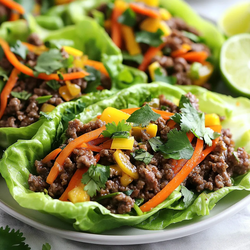 To make Ginger Garlic Beef Lettuce Boats, you need a mix of ground beef and fresh produce. Each ingredient plays a key role in creating a tasty dish. Let's break down what you'll need. - Ground beef and pantry essentials: - 1 lb ground beef - 2 tablespoons fresh ginger, grated - 4 cloves garlic, minced - 1 tablespoon soy sauce - 1 tablespoon oyster sauce - 1 teaspoon sesame oil - Fresh produce needed: - 1 bell pepper, finely chopped (any color) - 1 carrot, grated - 1 green onion, chopped - 1 head of butter or romaine lettuce, leaves separated - Optional garnishes: - Fresh cilantro for garnish - Lime wedges for serving Each ingredient adds its own flavor and texture. The beef gives a hearty base, while ginger and garlic add warmth. The fresh veggies bring crunch and color. You can play with the optional garnishes to elevate the dish. {{ingredient_image_1}} To start, heat a large skillet over medium-high heat. Add 1 pound of ground beef. Cook the beef for about 5 to 7 minutes. Break it apart with a spatula as it cooks. You want it to brown nicely. Next, it is crucial to drain any excess fat. This keeps the dish light and tasty. After draining, add 2 tablespoons of grated ginger and 4 cloves of minced garlic. Stir them into the beef. Cook for an additional 1 to 2 minutes until the ginger and garlic smell great. Now, it’s time to add flavor. Pour in 1 tablespoon of soy sauce, 1 tablespoon of oyster sauce, and 1 teaspoon of sesame oil. Mix these well with the beef. Let it cook for another 2 to 3 minutes. This step makes the beef rich and savory. Then, add in 1 finely chopped bell pepper and 1 grated carrot. Cook these for about 3 minutes. You want them to be slightly soft but still crunchy. This adds a nice texture to the dish. Remove the skillet from the heat and fold in 1 chopped green onion for a fresh taste. As you prepare to serve, take a lettuce leaf from a head of butter or romaine lettuce. Spoon a generous amount of the beef mixture into the center of the leaf. This is your lettuce boat! For a fun touch, garnish with fresh cilantro. Serve with lime wedges on the side. A squeeze of lime adds a burst of flavor that brightens the dish. Enjoy your Ginger Garlic Beef Lettuce Boats as a fresh and tasty meal! To avoid overcooking ground beef, cook it until it's just brown. This keeps it juicy and tender. Use a spatula to break it apart while cooking. Drain any excess fat quickly to keep the dish light. To enhance flavors, always add ginger and garlic right after browning the beef. These spices bring a wonderful aroma. Adding soy sauce and oyster sauce later boosts the umami taste. I recommend using a large skillet for even cooking. A spatula works well for breaking up the meat. A good grater is key for ginger and garlic. You can prepare ingredients in advance for easy cooking. Chop the bell pepper and green onion ahead of time. Grate the carrot and store it in the fridge. This way, you're ready to cook quickly. Pre-cooking the beef also saves time. Just brown it and store it in the fridge. When you're ready, heat it up, add sauces, and mix in the veggies. The ingredients in this dish have great benefits. Ground beef is a good source of protein. Ginger and garlic boost your immune system. Bell peppers are rich in vitamins A and C. For low-calorie versions, use lean ground beef or turkey. You can skip the oyster sauce if you're watching sodium. Lettuce is low in calories, making it a great wrap choice. Pro Tips Use Fresh Ingredients: Fresh ginger and garlic will enhance the flavor of your dish significantly compared to dried alternatives. Control the Heat: Adjust the cooking time to ensure the beef is fully cooked but not overdone, keeping it juicy and tender. Customize Your Veggies: Feel free to add other vegetables like zucchini or mushrooms for added texture and nutrition. Serve Immediately: These lettuce boats are best enjoyed fresh, so assemble them right before serving to maintain their crunch. {{image_2}} You can easily make Ginger Garlic Beef Lettuce Boats fit your diet. For a gluten-free option, swap soy sauce with tamari. Tamari gives you the same umami flavor without gluten. You can also look for gluten-free oyster sauce. If you want a vegetarian version, use mushrooms or tofu instead of beef. Both mushrooms and tofu soak up flavors well. Try using a mix of veggies like zucchini or eggplant for a tasty twist. Switching up veggies can add fun. Add shredded cabbage, diced cucumbers, or snap peas for a crunch. These veggies bring different textures and flavors to your meal. For proteins, ground turkey or chicken works great too. You can even use lentils for a plant-based option. Choose what you like best to make it your own. Want to spice things up? Add crushed red pepper or chili flakes for heat. A little goes a long way in adding depth. Don’t be afraid to play with sauces. Try hoisin or sweet chili sauce for a sweeter touch. You can also mix in peanut sauce for a nutty flavor. Enjoy experimenting to find your perfect blend! To store leftovers, let the beef mixture cool first. Place it in an airtight container. This keeps it fresh and tasty. You can keep it in the fridge for up to three days. You can freeze the beef mixture for later meals. Just place it in a freezer-safe bag. Make sure to remove as much air as possible to avoid freezer burn. When you're ready to eat, thaw it in the fridge overnight. To reheat, warm it in a skillet over medium heat until hot. Stir it often for even heating. Watch for signs of spoilage. If the beef smells sour or has a strange color, do not eat it. Always check for a slimy texture. Use clear glass or BPA-free plastic containers for storage. These work best for keeping your food safe and fresh. Can I use ground turkey instead of beef? Yes, ground turkey works well in this recipe. It has less fat than beef. The flavor may change slightly, but the ginger and garlic will still shine. What types of lettuce are best for boats? I recommend butter lettuce or romaine. These types hold up well and make great cups. They are also soft and easy to bite into. How can I make this recipe spicier? To add spice, try red pepper flakes or diced jalapeños. You can also use sriracha or chili garlic sauce in the beef mixture. Start small and taste as you go. How many calories per serving? Each serving has about 300 calories. This may vary based on the beef or sauces you choose. Protein content and other macros You get about 20 grams of protein per serving. The dish also has healthy fats and fiber from the veggies and lettuce. What to serve alongside this dish? Serve with rice or a light salad. You can also pair it with steamed veggies for a full meal. Best beverages to complement the meal A light iced tea or a crisp white wine works well. You can also enjoy sparkling water with lime for a refreshing choice. This blog post covers the essentials for making ginger garlic beef lettuce boats. We discussed the ingredients and detailed steps for cooking, flavoring, and serving. I shared tips to enhance your cooking process and health modifications for different diets. Remember to store leftovers properly to maintain freshness. You can customize the dish with ingredient swaps and variations. Explore these options to make this meal your own. Enjoy your cooking adventure and discover new flavors along the way!