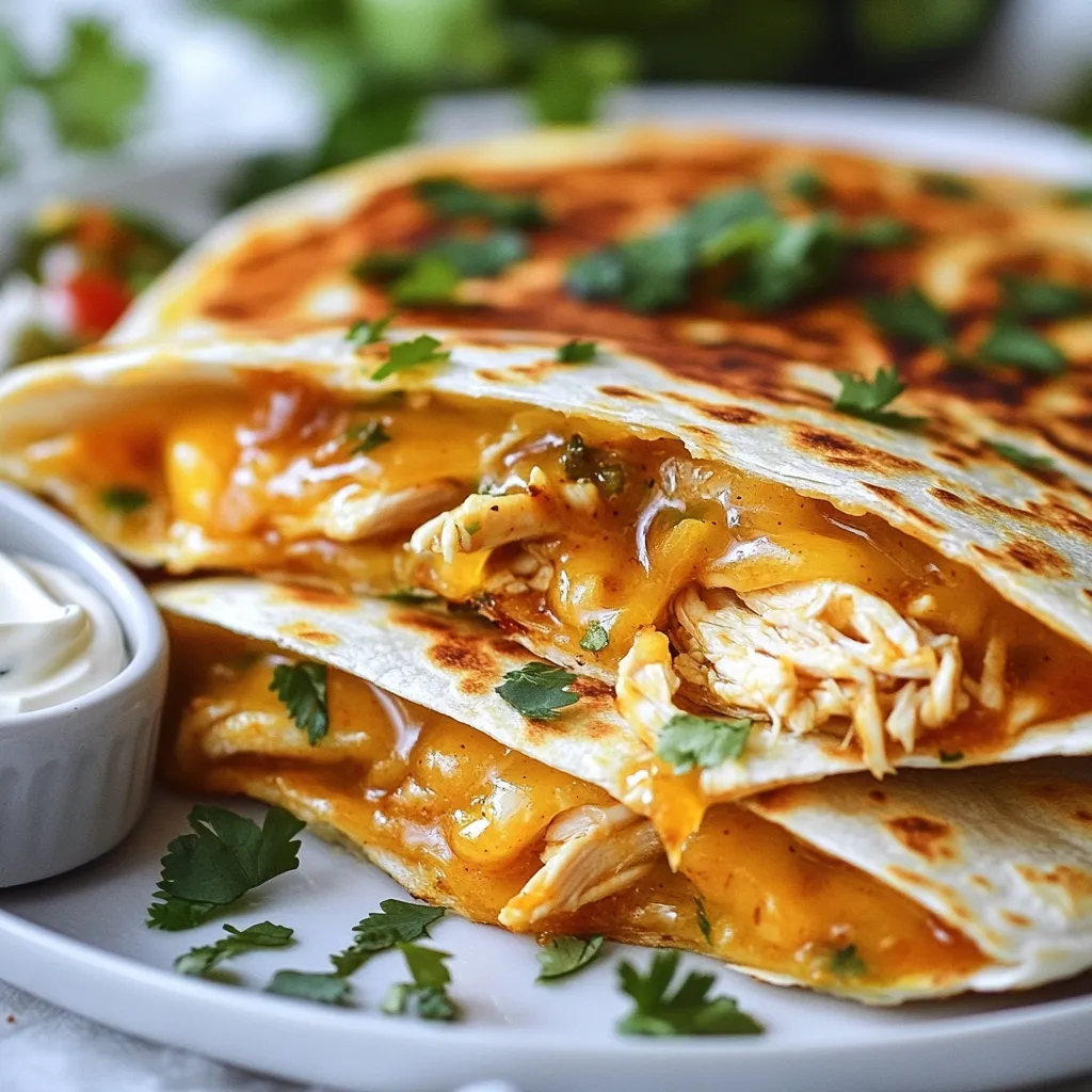 - 2 cups cooked chicken, shredded - 1 tablespoon olive oil - 2 tablespoons chipotle sauce (or blended chipotle in adobo) - 3 tablespoons honey - 1 teaspoon ground cumin - 1 teaspoon garlic powder - Salt and pepper to taste - 1 cup shredded cheddar cheese - 1 cup shredded Monterey Jack cheese - 4 large flour tortillas - Fresh cilantro, chopped (for garnish) - Sour cream (for serving) - Salsa (for serving) To make Chipotle Honey Chicken Quesadillas, gather these fresh ingredients. Start with cooked chicken. Shredded chicken works best. Use olive oil to help the chicken stay moist. Chipotle sauce adds a smoky kick. Honey gives a sweet touch that balances heat. Ground cumin and garlic powder boost flavor. Don't forget salt and pepper to enhance taste. For the cheesy goodness, mix cheddar and Monterey Jack. These cheeses melt well and taste amazing. Flour tortillas hold everything together. You can garnish with fresh cilantro for a pop of color. Serve with sour cream and salsa for extra zest. Each ingredient plays a key role. They all come together to create a delicious meal. Enjoy the blend of flavors and textures in every bite. {{ingredient_image_1}} First, grab a medium bowl. Add 2 cups of shredded chicken into the bowl. Next, pour in 1 tablespoon of olive oil. Then, add 2 tablespoons of chipotle sauce. You can also use blended chipotle in adobo. After that, mix in 3 tablespoons of honey. Now, sprinkle 1 teaspoon of ground cumin and 1 teaspoon of garlic powder. Don’t forget to add salt and pepper to taste. Mix everything well until the chicken is coated with the sauce. This mix is what makes your quesadillas tasty. Heat a non-stick skillet on medium heat. Place one large flour tortilla in the skillet. On one half of the tortilla, spread a good amount of the chicken mixture. Next, layer 1 cup of shredded cheddar cheese and 1 cup of shredded Monterey Jack cheese on top of the chicken. Fold the tortilla over the filling. Cook for about 3-4 minutes. Watch for the bottom to turn golden brown and the cheese to melt. Carefully flip the quesadilla. Cook the other side for 2-3 minutes until it is golden and crispy. Remove from the skillet and let it cool for a minute. Slice the quesadilla into wedges and enjoy the crunchy goodness. Repeat this with the rest of the tortillas and filling. Serve the warm quesadillas on a plate. Garnish them with fresh chopped cilantro for a pop of color. You can also add a side of sour cream for dipping. Salsa goes great with these quesadillas too. The mix of flavors will make everyone want seconds. To get that perfect crunch, use a non-stick skillet. Heat it to medium. This helps the quesadilla cook evenly. Use enough oil to coat the pan lightly. It helps the tortilla crisp up without burning. Flip it gently to avoid spilling the filling. Cook each side until golden brown. Letting it cool for a minute also helps keep it crispy. You can customize your quesadillas easily. Try adding black beans for a hearty touch. Fresh veggies like bell peppers or onions add color and crunch. If you love heat, add jalapeños or more chipotle sauce. For a twist, swap the cheeses. Pepper Jack cheese brings a spicy kick. Mixing in some corn gives a sweet bite. Each ingredient changes the taste, making it fun to explore! One common mistake is overfilling the quesadilla. This can make it hard to flip. Less is more when it comes to filling. Another mistake is cooking on too high heat. This can burn the outside before the cheese melts. Always check your heat level. Lastly, don’t forget to let it cool for a minute before cutting. This keeps the melted cheese inside and makes for better bites! Pro Tips Use Fresh Ingredients: Always opt for freshly cooked chicken for the best flavor and texture. Leftover rotisserie chicken can work, but fresh chicken will yield a juicier quesadilla. Customize the Heat: Adjust the amount of chipotle sauce according to your spice preference. Start with less if you are sensitive to heat, and add more to taste. Preheat the Skillet: Ensure your skillet is hot before adding the quesadilla. A properly preheated skillet helps achieve that perfect golden-brown crust. Experiment with Cheeses: While cheddar and Monterey Jack are great choices, feel free to mix in other cheeses such as pepper jack for added flavor or creaminess. {{image_2}} You can make a tasty vegetarian version of these quesadillas. Swap the chicken for 2 cups of cooked black beans or lentils. Add some diced bell peppers and onions for extra crunch. Use the same chipotle sauce and honey mix for flavor. You won't miss the meat! If you love heat, you can kick it up a notch. Add diced jalapeños or sliced serrano peppers to the chicken mixture. You can also sprinkle in some crushed red pepper flakes for more spice. If you want a smoky touch, add smoked paprika. These additions will make your quesadillas even more exciting. Not a fan of cheddar or Monterey Jack? No problem! You can use pepper jack cheese for a spicy twist. Vegan cheese is a great option too. Just make sure it melts well. Feta cheese or goat cheese can give a nice tangy flavor. Choose what you love to make these quesadillas your own! You can store leftover quesadillas in the fridge. First, let them cool to room temperature. Then, wrap each quesadilla in foil or place them in an airtight container. They will last for about 3 to 4 days. Label the container with the date so you know when to eat them. To reheat your quesadillas, use a non-stick skillet. Heat it over medium-low heat. Place the quesadilla in the skillet and cover with a lid. Heat for 3 to 4 minutes on each side. This keeps the quesadilla crispy outside while melting the cheese inside. You can also use the microwave, but it will make them soft. Heat for 30 seconds to 1 minute, checking often. If you want to freeze quesadillas, follow these steps. First, let them cool completely. Then, wrap each quesadilla in plastic wrap. Place them in a freezer-safe bag or container. They can keep well in the freezer for up to 2 months. When you're ready to eat, just take one out and reheat it. You will enjoy a tasty meal in no time! Chipotle honey chicken is a mix of shredded chicken with chipotle sauce and honey. The chipotle sauce gives it a spicy kick. Honey adds a sweet touch. Together, they create a tasty and unique flavor. You can use this mix in various dishes, like quesadillas, tacos, or burritos. Yes, you can make these quesadillas ahead of time. Prepare the chicken mix and store it in the fridge. You can assemble the quesadillas later. Just heat a skillet and cook them when you are ready. For best taste, eat them within two days of making them. You can serve many sides with quesadillas. Here are some great ideas: - Fresh salsa - Sour cream - Guacamole - Mexican rice - Refried beans - A simple salad These sides add flavor and texture to your meal. Yes, you can make these quesadillas gluten-free. Use gluten-free tortillas instead of regular flour tortillas. Check the labels to ensure they are safe. The rest of the ingredients are typically gluten-free, making this dish easy to adapt. Enjoy your tasty meal! This blog covers crafting delicious Chipotle Honey Chicken Quesadillas. You learned about key ingredients, from chicken to cheese, and how simple steps lead to tasty results. I shared tips for crispy quesadillas and variations, including vegetarian options. You can store leftovers and reheat them with ease. Remember, experimenting with flavors can make each batch unique. Enjoy your cooking and feel free to explore this dish your way!