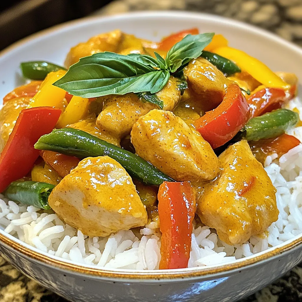 To make Thai Red Curry Chicken, gather these ingredients: - 500g boneless chicken thighs, cut into bite-sized pieces - 1 tablespoon vegetable oil - 1 onion, thinly sliced - 4 cloves garlic, minced - 1 tablespoon fresh ginger, grated - 2 tablespoons Thai red curry paste - 1 can (400ml) coconut milk - 1 cup chicken broth - 1 bell pepper (red or yellow), sliced - 1 cup green beans, trimmed and halved - 1 tablespoon fish sauce (or soy sauce for a vegetarian option) - 1 teaspoon brown sugar - Fresh basil leaves for garnish - Cooked jasmine rice for serving If you don’t have an ingredient, you can swap it out. Here are some ideas: - Chicken thighs can be replaced with chicken breast for a leaner option. - Use vegetable oil or coconut oil instead of regular vegetable oil. - If you lack fresh ginger, try using ground ginger instead. - For a vegetarian dish, replace fish sauce with soy sauce or tamari. - You can use any colorful bell pepper if red or yellow isn't available. Fresh ingredients are key in Thai cooking. They enhance the flavor and aroma of the dish. Fresh herbs like basil add a bright taste. Fresh vegetables keep their crunch and color. Good quality coconut milk makes the sauce creamy and rich. Using fresh ingredients helps you create a truly authentic meal. They also provide better nutrition. So, always aim for the freshest options you can find! {{ingredient_image_1}} To start, heat 1 tablespoon of vegetable oil in a large pot. Set the heat to medium. Once the oil is hot, add the sliced onion. Sauté the onion for about 5 minutes until it turns soft and clear. Next, add 4 minced garlic cloves and 1 tablespoon of grated ginger. Cook this mix for another minute. You want to smell the strong flavors! Now, it’s time for the star of the show: the Thai red curry paste. Add 2 tablespoons to the pot. Stir well to coat the onions, garlic, and ginger. Let it cook for 2–3 minutes. This step builds a solid flavor base. After this, pour in 400ml of coconut milk and 1 cup of chicken broth. Mix everything well. Bring the mixture to a gentle simmer. Add in 500g of bite-sized chicken thighs. Cook for 10–12 minutes until the chicken is fully cooked through. Next, stir in 1 sliced bell pepper and 1 cup of green beans. Cook these for 5–7 minutes until they are tender. The colors should look bright and fresh. Then, season with 1 tablespoon of fish sauce and 1 teaspoon of brown sugar. Mix well and taste. Adjust the flavors to your liking. Finally, remove the pot from heat. Garnish with fresh basil leaves and serve hot over jasmine rice. Enjoy your meal! Using fresh ingredients is key for great flavor. Always use fresh garlic and ginger. They add a punch that dried versions cannot match. Sautéing the onions until soft also builds a sweet base. Cook the curry paste well to release its spices. This step is vital for deep flavor. Don’t rush the simmering stage. Let the coconut milk and broth blend well with the spices. This creates a creamy, rich sauce. Adding vegetables at the right time keeps their color and crunch. You want a mix of textures in your dish! Smelling the dish as you cook is part of the fun! Start with the onions. As they cook, the smell fills your kitchen. When you add garlic and ginger, take a moment to breathe in. The aroma will get stronger and more inviting. Cooking the curry paste is another big step. As it cooks, it releases its full flavor. You can also try adding a bit of lime zest. This can brighten the aromas and flavors. Remember, the smells can make your meal even better! To make your Thai red curry chicken shine, follow these tips: - Use fresh ingredients. Fresh chicken, herbs, and spices enhance flavor. - Sauté properly. Cook the onion until soft. This builds a strong base. - Balance flavors. Taste and adjust fish sauce or sugar as needed. - Simmer gently. Let the curry simmer slowly to meld all flavors without burning. - Garnish with basil. Fresh basil adds brightness to your dish. Avoid these common missteps for the best results: - Skipping the curry paste. This adds depth; don’t leave it out. - Overcooking chicken. Remove when fully cooked to keep it tender. - Not tasting. Always taste as you cook. Adjust seasoning for your preference. - Using low-quality coconut milk. Choose full-fat for creaminess and richness. Pair your curry with these sides for a complete meal: - Jasmine rice. It soaks up the sauce well and complements the curry’s spice. - Steamed vegetables. Broccoli or bok choy add color and crunch. - Spring rolls. These add a fun, crispy contrast to your dish. - Cucumber salad. A refreshing salad can balance the heat of the curry. These tips will help you create a flavorful and enjoyable Thai red curry chicken experience. Happy cooking! Pro Tips Choose the Right Chicken: Opt for boneless, skinless chicken thighs for a tender and juicy texture that holds up well in the curry. Fresh Ingredients Matter: Using fresh garlic, ginger, and basil will enhance the flavor profile of your curry, making it more aromatic and flavorful. Adjust the Heat: If you prefer a milder curry, start with less red curry paste and gradually add more to suit your taste. Perfectly Cooked Veggies: Add vegetables towards the end of cooking to keep them crisp and vibrant, ensuring they retain their nutrients and color. {{image_2}} You can easily make this dish vegetarian or vegan. Swap out the chicken for a mix of tofu and vegetables. Use firm tofu for a great texture. Instead of fish sauce, use soy sauce or tamari for flavor. The coconut milk keeps the dish creamy and rich. You can still enjoy the bold taste of Thai red curry. If you want to switch the protein, shrimp works well too. Just add it in when you add the chicken. Cook until the shrimp turns pink and is fully cooked. Tofu is perfect for a vegetarian option. Make sure to press the tofu first. This helps it absorb all the flavors. Each protein option brings a different taste and texture. Using seasonal vegetables adds freshness and color. You can use zucchini, carrots, or snap peas. These veggies cook quickly and taste great in curry. Just chop them into bite-sized pieces. Add them in with the bell pepper and green beans. This keeps your dish vibrant and healthy. Plus, it makes the meal fun to customize! To keep your Thai red curry chicken fresh, store it in an airtight container. Let the dish cool to room temperature first. This will prevent moisture buildup and help maintain flavor. Place it in the fridge if you plan to eat it within three days. If you want to keep it longer, use the freezer. When reheating, use a medium pot on the stove. Add a splash of water or chicken broth to prevent sticking. Heat it gently over low heat. Stir often until it warms through. This keeps the flavors rich and the chicken tender. Avoid the microwave, as it may dry out your curry. To freeze, portion your curry into smaller containers. This makes it easy to thaw just what you need. Label the containers with the date. For best taste, use the frozen curry within three months. When ready to eat, transfer the container to the fridge overnight to thaw. Reheat as mentioned above for the best results. Thai Red Curry Chicken is a delicious dish from Thailand. It features tender chicken cooked in a rich and creamy coconut sauce. The sauce has bold flavors from Thai red curry paste, garlic, and ginger. You mix in fresh vegetables like bell peppers and green beans. This dish is often served with jasmine rice, making it comforting and filling. Each bite offers a balance of spice, sweetness, and creaminess. You can easily adapt this dish to fit your taste. To make Thai Red Curry Chicken less spicy, you can adjust the amount of curry paste. Start with just one teaspoon, then taste as you cook. You can also add more coconut milk to the mix. This helps tone down the heat. Another option is to add extra vegetables or sugar. Both will help balance the spice. Serve it with jasmine rice, which can also help reduce the heat in each bite. Yes, you can use different meat in this recipe. Chicken thighs are popular, but you can try chicken breasts, pork, or beef. Each type of meat will change the flavor slightly. If you want a lighter option, shrimp or tofu work well, too. Just adjust the cooking time based on the meat you choose. For shrimp, cook until they turn pink. For tofu, make sure it’s heated through and slightly crispy. You now know how to make Thai Red Curry Chicken like a pro. We covered key ingredients, cooking steps, and tips for success. Remember to use fresh items for the best taste. Explore variations to suit any diet. Store leftovers properly to keep flavors strong. With this guide, you can cook a delicious dish easily and confidently. Enjoy your cooking adventure!