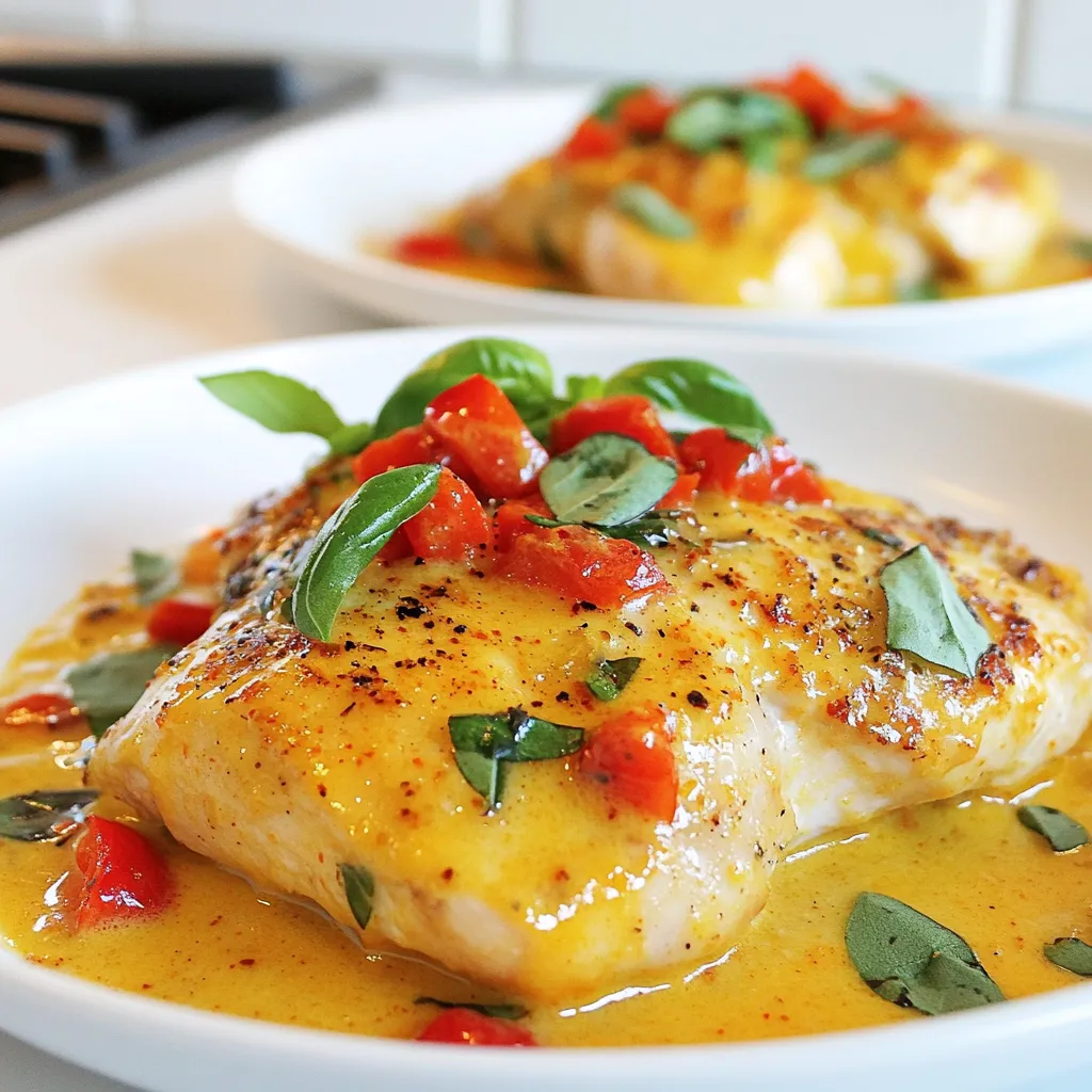 For Creamy Roasted Red Pepper Chicken, you will need: - 4 boneless, skinless chicken breasts - 1 jar (12 oz) roasted red peppers, drained and chopped - 1 cup heavy cream - 1 cup chicken broth - 2 tablespoons olive oil - 3 cloves garlic, minced - 1 teaspoon onion powder - 1 teaspoon smoked paprika - 1/2 teaspoon salt - 1/4 teaspoon black pepper - Fresh basil for garnish You can swap heavy cream with: - Coconut milk for a dairy-free option - Plain Greek yogurt for a lighter creaminess - Whole milk mixed with a bit of flour for thickness If you don’t have roasted red peppers, use fresh peppers. Roast them yourself by charring them over an open flame or in the oven. Using fresh ingredients boosts flavor. Fresh garlic adds a sharp taste. Good quality chicken ensures juicy bites. Fresh basil gives a nice aroma and color. Always choose the best you can find. This makes your dish pop with flavor. {{ingredient_image_1}} Start by gathering all your ingredients. You will need: - 4 boneless, skinless chicken breasts - 1 jar (12 oz) roasted red peppers, drained and chopped - 1 cup heavy cream - 1 cup chicken broth - 2 tablespoons olive oil - 3 cloves garlic, minced - 1 teaspoon onion powder - 1 teaspoon smoked paprika - 1/2 teaspoon salt - 1/4 teaspoon black pepper - Fresh basil for garnish Next, preheat your oven to 400°F (200°C). This step is key for cooking the chicken evenly. In a large oven-safe skillet, heat the olive oil over medium-high heat. Season the chicken breasts with salt and black pepper. Place them in the skillet. Sear each side for about 5 minutes until they are golden brown. After that, remove the chicken from the skillet and set it aside. In the same skillet, add the minced garlic. Sauté it for about 1 minute until it smells great. Then, stir in the chopped roasted red peppers. Pour in the chicken broth and heavy cream next. Add the onion powder and smoked paprika. Bring this mix to a gentle simmer. Return the seared chicken breasts to the skillet. Make sure they are well submerged in the creamy sauce. Now, transfer the skillet to your preheated oven. Bake for 20-25 minutes, or until the chicken reaches an internal temperature of 165°F (75°C). This ensures that your chicken is safe to eat and super juicy. Once cooked, take it out and let it rest for a few moments. This helps lock in the flavors. Finally, garnish with fresh basil before serving. Enjoy your creamy roasted red pepper chicken! When making creamy roasted red pepper chicken, avoid overcooking the chicken. If you cook it too long, it can dry out. Another mistake is not using enough seasoning. Salt and pepper enhance the dish's flavor, so use them generously. Lastly, don't skip the resting time after baking. Letting it rest allows the juices to redistribute, making the chicken juicier. To get the best flavor, start with high-quality roasted red peppers. They boost the dish's taste. Use fresh garlic instead of garlic powder for a stronger flavor. Incorporating smoked paprika adds depth, so don’t skip it. If you want a little kick, add a pinch of red pepper flakes. For extra creaminess, consider using a splash of white wine in the sauce. You will need a large oven-safe skillet for this dish. A good knife helps chop the garlic and peppers finely. A meat thermometer ensures the chicken reaches 165°F. For serving, a nice platter or bowl enhances presentation. Lastly, keep a wooden spoon handy for mixing the sauce, and have a cutting board for easy prep. Pro Tips Perfectly Sear the Chicken: Make sure your skillet is hot enough before adding the chicken to get that golden-brown crust. This locks in the juices for a tender result. Customize the Creaminess: If you want a lighter version, substitute half of the heavy cream with milk or use a low-fat cream alternative. Enhance the Flavor: Add a splash of white wine or lemon juice to the sauce for a tangy twist that complements the roasted red peppers beautifully. Resting the Chicken: Allow the chicken to rest for a few minutes after baking. This step helps redistribute the juices for a moist and flavorful dish. {{image_2}} To make a spicy version, add crushed red pepper flakes to the sauce. Start with 1 teaspoon and adjust to your taste. You can also use spicy roasted red peppers if you want more heat. The spicy sauce will give your dish a nice kick. It pairs well with the creamy texture and bright flavors. For a vegetarian take, swap chicken for firm tofu or chickpeas. Use the same cooking method to keep the dish simple. You can sauté the tofu until golden brown, just like the chicken. Make sure to add enough salt and pepper for flavor. This way, everyone can enjoy the creamy roasted red pepper sauce. This dish goes well with many sides. Here are some tasty options to try: - Garlic mashed potatoes - Pasta, such as fettuccine or penne - Steamed broccoli or green beans - A fresh garden salad with vinaigrette - Crusty bread for dipping in the sauce These sides will complement the creamy roasted red pepper chicken nicely. They add balance and texture to your meal. After enjoying your Creamy Roasted Red Pepper Chicken, let it cool to room temperature. Place the chicken and sauce in an airtight container. This keeps it fresh. Store it in the fridge for up to 3 days. If you want to extend its life, consider freezing it. For reheating, use the oven or stovetop. If using the oven, preheat to 350°F (175°C). Place the chicken in an oven-safe dish. Cover it with foil to keep moisture in. Heat for about 20 minutes or until warmed through. For the stovetop, use a skillet over low heat. Add a splash of chicken broth to keep it creamy. Stir gently until heated. To freeze, first cool the chicken and sauce. Then, portion it into freezer bags or containers. Remove as much air as possible to prevent freezer burn. Label each bag with the date and contents. You can freeze it for up to 3 months. When ready to eat, thaw it overnight in the fridge before reheating. This keeps the flavors intact. You can use chicken thighs if you want. They stay juicy and tender. You can also try turkey cutlets or even tofu for a vegetarian twist. These options work well in the creamy sauce. Just remember to adjust cooking times as needed. Yes, you can! This dish tastes great when made ahead. Prepare it up to the baking step. Then store it in the fridge for up to two days. When ready, bake it straight from the fridge. It may need a few extra minutes to cook through. Check the internal temperature with a meat thermometer. It should read 165°F (75°C). If you cut into the chicken, the juices should run clear, not pink. Let it rest for a few minutes before slicing. This helps keep the chicken juicy. This article covered the key steps to make Creamy Roasted Red Pepper Chicken. We discussed ingredients, cooking methods, and helpful tips for the best taste. You also learned how to store and reheat leftovers properly. Remember, fresh ingredients boost your dish's flavor significantly. Choose your variations carefully to suit your taste. With practice, you can avoid common mistakes. Enjoy cooking and impress others with your meal!