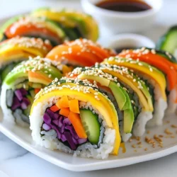 - 1 cup sushi rice - 1 1/4 cups water - 4 sheets nori (seaweed) - 1 medium avocado, sliced - 1 small cucumber, julienned - 1 medium carrot, julienned - 1/2 bell pepper (any color), thinly sliced - 1/2 cup purple cabbage, shredded - 1 tablespoon rice vinegar - 1 teaspoon sugar - Salt to taste - Soy sauce (for dipping) - Pickled ginger (optional) - Sesame seeds When making rainbow veggie sushi rolls, you need fresh, colorful ingredients. Sushi rice is the base. Use high-quality sushi rice for the best texture. Water helps cook the rice perfectly. Nori sheets hold everything together. Choose fresh veggies like avocado, cucumber, carrot, bell pepper, and purple cabbage. Each adds color and crunch. For additional flavor, mix rice vinegar, sugar, and salt. This mixture enhances the rice. Soy sauce is a must for dipping. Pickled ginger adds a nice touch, too. Don't forget sesame seeds for garnish. They add a nice crunch and look great. Gather all these ingredients before you start. It makes the process smooth and fun. The vibrant colors of the veggies will excite you as you roll. {{ingredient_image_1}} - Rinse the sushi rice Start by rinsing the sushi rice under cold water. Keep rinsing until the water runs clear. This step removes excess starch and helps the rice cook well. - Cooking the rice Combine the rinsed rice and 1 1/4 cups of water in a pot. Bring it to a boil over medium heat. Once boiling, lower the heat, cover the pot, and let it simmer for 20 minutes. The rice should absorb all the water and become soft. - Seasoning the rice Remove the pot from heat after 20 minutes. Let it sit covered for 10 more minutes. In a small bowl, mix 1 tablespoon of rice vinegar, 1 teaspoon of sugar, and a pinch of salt. Stir until dissolved. Add this mixture to the warm rice and mix gently. Let the rice cool to room temperature. - Preparing the nori and mat Grab a bamboo sushi mat and place it on a clean surface. Lay one sheet of nori on the mat with the shiny side facing down. - Spreading the rice Wet your hands with water to stop the rice from sticking. Take about 1/4 of the sushi rice and spread it evenly over the nori. Leave a 1-inch border at the top. - Adding vegetables Place a line of the sliced avocado, julienned cucumber, julienned carrot, thinly sliced bell pepper, and shredded purple cabbage across the center of the rice. - Rolling technique Starting at the bottom, use the mat to roll the sushi away from you. Press gently but firmly to shape the roll. Lift the mat as you roll to keep the nori intact. - Sealing the roll Once you reach the end, wet the top edge of the nori with a bit of water. This helps seal the roll shut. - Slicing the rolls Use a sharp knife to cut each roll into 6-8 pieces. Wipe the knife with a damp cloth between cuts for clean slices. Arrange the sushi rolls on a platter, sprinkle with sesame seeds, and enjoy! To make great sushi rice, rinse it well. Rinse the sushi rice under cold water. Keep washing until the water runs clear. This step removes extra starch. Extra starch can make the rice too sticky. Next, cook the rice right. Combine rinsed rice and water in a pot. Bring it to a boil over medium heat. Once boiling, lower the heat and cover it. Let it simmer for 20 minutes. After cooking, remove it from heat. Let it sit covered for 10 more minutes. Mix rice vinegar, sugar, and a pinch of salt in a bowl. Stir until dissolved. Add this mix to the warm rice. Let the rice cool to room temperature before using. To roll sushi well, avoid sticking. Wet your hands before touching the rice. This helps prevent the rice from sticking to your fingers. When rolling, use a bamboo mat. Place one sheet of nori shiny side down. Spread rice evenly on the nori, leaving a border at the top. Add your veggies in a line down the center. Roll tightly from the bottom. Press gently but firmly as you roll. Lift the mat to keep the nori intact. Wet the top edge of the nori to seal the roll. For a nice display, arrange the rolls neatly on a platter. Slice each roll into 6-8 pieces with a sharp knife. Wipe the knife with a damp cloth between cuts. This keeps the slices clean and pretty. Finish by sprinkling sesame seeds on top. This adds flavor and a little crunch. Serve with soy sauce and pickled ginger on the side for extra taste. Pro Tips Use Fresh Ingredients: The quality of your vegetables can make or break your sushi. Opt for the freshest produce available to enhance flavor and texture. Perfect Your Rice: Rinsing sushi rice thoroughly removes excess starch, preventing it from becoming too sticky. This step is crucial for achieving the right consistency. Rolling Technique: When rolling, apply even pressure to ensure a tight roll. This keeps the fillings secure and helps maintain the sushi's shape. Sharp Knife for Slicing: A sharp knife is essential for cutting sushi rolls cleanly. Wipe the knife with a damp cloth between cuts to prevent sticking and to achieve cleaner slices. {{image_2}} You can change up the veggies in your rainbow sushi rolls. Try using: - Spinach for a leafy crunch - Zucchini for a mild flavor - Radishes for a spicy kick - Sweet potatoes for a sweet touch These options keep the rolls colorful and tasty. You can also add proteins like: - Tofu for a plant-based option - Cooked shrimp or crab for seafood lovers - Grilled chicken for a heartier roll Adding proteins boosts flavor and makes your rolls more filling. Dipping sauces can spice up your sushi experience. Here are some tasty options: - Soy sauce is a classic choice - Spicy mayo adds a kick - Teriyaki sauce brings sweetness You can make your own sauce too. For a simple homemade sauce, mix: - 2 tablespoons of soy sauce - 1 tablespoon of sesame oil - A dash of lime juice This mix adds depth and flavor to your rolls. Rainbow sushi rolls are great for any occasion. You can use them for celebrations like: - Birthdays, adding sparkly decorations - Holidays, using seasonal veggies like butternut squash in fall - Summer picnics, keeping it light and fun You can even create seasonal veggie rolls. Use fresh, local produce to match the seasons. This keeps your sushi exciting and delicious all year round! To keep leftover sushi fresh, wrap each roll in plastic wrap. This helps keep the sushi moist. Place the wrapped rolls in an airtight container. Store it in the fridge for best results. If you want to reheat sushi, do not microwave it. Instead, enjoy it cold. You can dip it in soy sauce for extra flavor. Rainbow veggie sushi lasts about 1-2 days in the fridge. Always check for any signs of spoilage. If the sushi smells sour or looks slimy, it's best to throw it away. You can freeze sushi if you want to save it for later. Wrap each roll tightly in plastic wrap. Place the wrapped rolls in a freezer-safe bag or container. They can last up to a month in the freezer. To thaw the sushi, move it to the fridge overnight. This keeps the texture nice. Enjoy it cold or at room temperature for the best taste. To make sushi rice stick, rinse it well before cooking. This removes extra starch. Use a 1:1.25 rice-to-water ratio. After cooking, let it steam for ten minutes. Mix in rice vinegar, sugar, and a pinch of salt. Stir gently to coat the rice. This will make it sticky and flavorful. For rainbow veggie sushi, choose colorful and crunchy vegetables. Here are my top picks: - Avocado: Creamy and smooth. - Cucumber: Crisp and refreshing. - Carrot: Sweet and crunchy when julienned. - Bell pepper: Any color adds brightness. - Purple cabbage: Adds a pop of color and crunch. These veggies not only taste great but also make your sushi look beautiful. Yes, rainbow veggie sushi can easily be made vegan. All the main ingredients are plant-based. Use nori, sushi rice, and your choice of veggies. If you want a sauce, skip the fish sauce. Use soy sauce or a vegan dipping sauce instead. This way, everyone can enjoy a tasty roll! Making sushi at home is fun and easy. You learned about key ingredients, step-by-step instructions, and tips to get perfect rolls. Experimenting with different vegetables and sauces can also make your sushi unique. Don’t forget, good storage helps keep your sushi fresh longer. Whether you're a beginner or an expert, there's always something new to try. Enjoy your sushi-making journey and impress your friends with your creations!