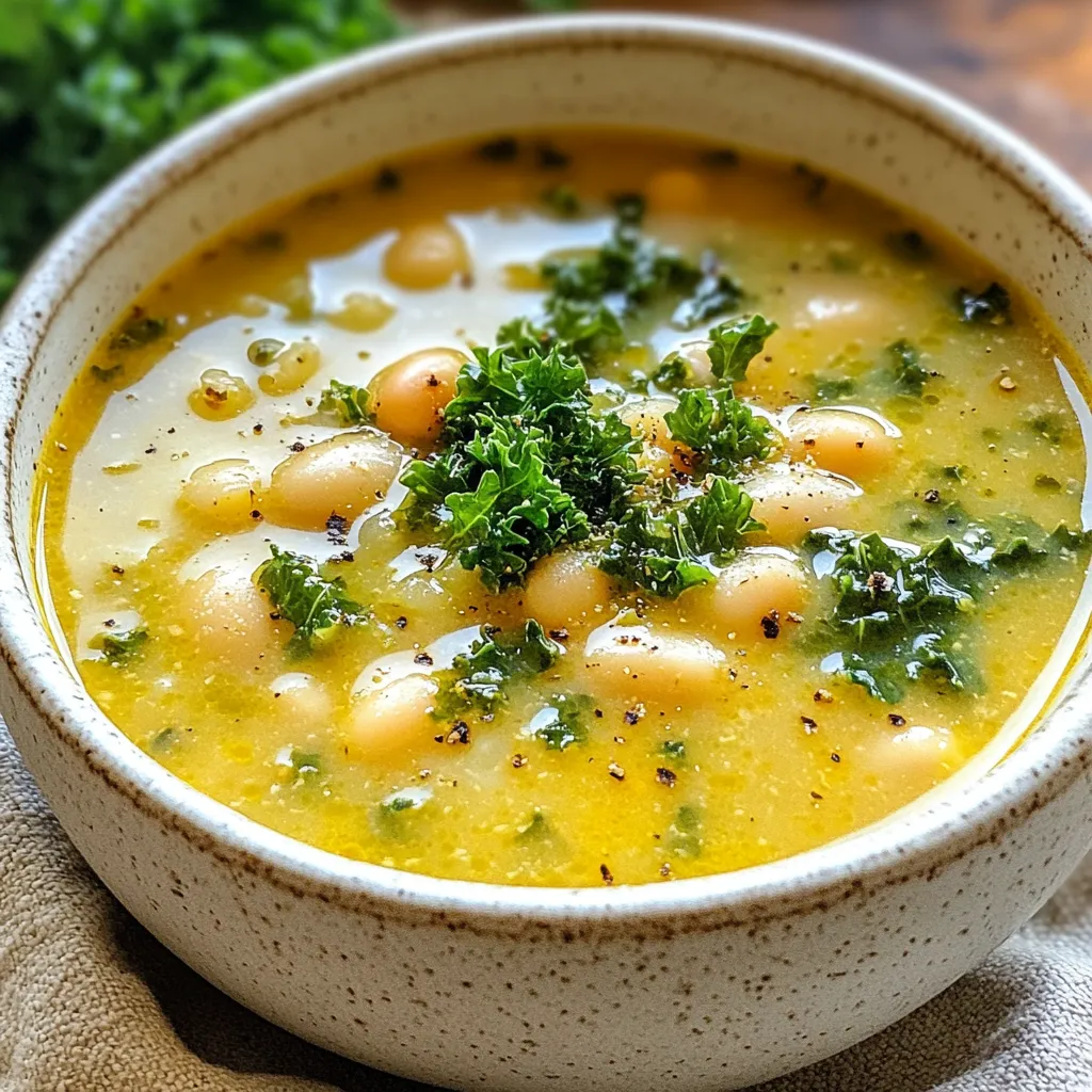 To make the creamy Tuscan white bean soup, you will need: - 2 tablespoons olive oil - 1 large onion, diced - 3 garlic cloves, minced - 2 carrots, diced - 2 stalks celery, diced - 1 teaspoon dried thyme - 1 teaspoon dried rosemary - 4 cups vegetable broth - 2 (15-ounce) cans white beans (like cannellini or great northern), rinsed and drained - 1 cup coconut milk (or heavy cream for a non-vegan option) - 2 cups chopped kale (or baby spinach) - Juice of 1 lemon - Salt and pepper to taste - Red pepper flakes (optional, for heat) - Fresh parsley, chopped (for garnish) You can swap some ingredients to suit your taste or diet: - Use vegetable oil instead of olive oil for a lighter option. - If you lack fresh herbs, try 1 teaspoon of mixed Italian herbs. - For a creamier texture, use heavy cream instead of coconut milk. - Instead of kale, spinach works well and wilts quickly. - Lemon juice can be replaced with lime juice for a different zing. Each serving of creamy Tuscan white bean soup has: - Calories: 250 - Protein: 10g - Carbohydrates: 35g - Fat: 9g - Fiber: 8g - Sodium: 500mg This soup offers a great balance of nutrients. The white beans provide protein and fiber, while the veggies add vitamins and minerals. Enjoy this dish as a filling meal or a light snack! {{ingredient_image_1}} 1. Heat the oil: In a large pot, add two tablespoons of olive oil. Turn the heat to medium. 2. Sauté the onion: Add one diced onion. Cook for about five minutes. It should be soft and clear. 3. Add garlic and veggies: Stir in three minced garlic cloves, two diced carrots, and two diced celery stalks. Cook for another five minutes, stirring now and then. 4. Season it up: Sprinkle in one teaspoon each of dried thyme and rosemary. Mix it well. 5. Pour in broth: Add four cups of vegetable broth and two cans of rinsed white beans. Bring it to a boil. 6. Simmer the soup: Reduce the heat. Let it simmer for 15 minutes. 7. Blend it smooth: Use an immersion blender to blend the soup until smooth. If you don’t have one, carefully transfer half to a blender, blend, and return it to the pot. 8. Add creaminess: Stir in one cup of coconut milk or heavy cream. Add two cups of chopped kale. Cook for five more minutes until the kale wilts. 9. Finish with flavor: Squeeze in the juice of one lemon. Add salt, pepper, and optional red pepper flakes to your taste. 10. Serve it hot: Ladle the soup into bowls. Top with chopped fresh parsley for a nice touch. - Prep first: Chop all your vegetables before you start cooking. This saves time. - Simmer while you clean: Let the soup simmer while you wash your cutting board and knives. - Blend while it cools: If you let the soup cool for a bit, blending is easier. - Step 1: Show a pot with oil heating up. - Step 2: Picture the onion cooking, looking soft. - Step 3: Capture the colorful mix of garlic, carrots, and celery in the pot. - Step 4: Display the herbs sprinkled into the pot. - Step 5: Show the broth and beans being added. - Step 6: Feature the pot bubbling as it simmers. - Step 7: Visualize the blending process, either with an immersion blender or a blender. - Step 8: Show the creamy soup with kale being added. - Step 9: Capture the fresh lemon being squeezed in. - Step 10: Present a bowl of the finished soup, garnished with parsley. To make your soup super creamy, use an immersion blender. Blend the soup until it is smooth. If you don’t have one, carefully blend half of the soup in a regular blender. Then, mix it back into the pot. Adding coconut milk or heavy cream also helps. This gives a rich, velvety feel. Watch out for overcooking the vegetables. If you cook them too long, they can turn mushy. Keep the heat steady when adding the broth. Too high of a heat can cause the beans to break down too much. Lastly, don’t forget to taste! Adding salt and pepper makes a big difference. For a flavor boost, add fresh herbs like basil or thyme at the end of cooking. If you like heat, sprinkle in red pepper flakes. A squeeze of lemon juice brightens every bite. You can also try adding a splash of white wine or a teaspoon of smoked paprika to deepen the flavor. Pro Tips Use Fresh Herbs: Fresh thyme and rosemary can elevate the flavor profile of the soup compared to dried herbs. Adjust Consistency: If you prefer a heartier soup, blend only half and leave the rest chunky for texture. Boost Flavor: Consider adding a splash of white wine before simmering for extra depth of flavor. Perfect the Seasoning: Always taste the soup before serving; adjust salt, pepper, and lemon juice to balance the flavors. {{image_2}} If you want a vegan twist, swap heavy cream for coconut milk. Coconut milk gives a creamy texture without dairy. You can also use cashew cream for a nutty flavor. To make cashew cream, blend soaked cashews with water until smooth. This adds richness and blends well with the soup. For extra protein, add cooked sausage or chicken. If you choose sausage, slice it and brown it in the pot before adding the veggies. For chicken, use cooked, shredded chicken and add it when you stir in the coconut milk. Both options make the soup heartier and more filling. Feel free to use seasonal veggies for variety. In spring, add peas or asparagus. In fall, try diced sweet potatoes or pumpkin. These swaps keep the soup fresh and exciting. You can also add zucchini or bell peppers for a pop of color. Just remember to adjust cooking times based on the veggies you choose. Store your creamy Tuscan white bean soup in an airtight container. It keeps well in the fridge for up to five days. Before sealing, let the soup cool down to room temperature. This step helps maintain its creamy texture. To reheat the soup, simply pour it into a pot. Heat over medium heat, stirring occasionally. If the soup seems thick, add a splash of vegetable broth or water. You can also microwave the soup. Place it in a microwave-safe bowl and heat in short bursts of one minute, stirring in between. You can freeze this soup if you want to save some for later. Use freezer-safe containers or bags. Make sure to leave some space at the top for expansion. When you're ready to enjoy it, thaw the soup overnight in the fridge. Then, reheat on the stove or in the microwave as mentioned before. You can use heavy cream if you prefer a richer taste. Almond milk is a good choice for a lighter option. If you want to keep it vegan, try cashew cream. Blend soaked cashews with water for a creamy texture. Each substitute changes the flavor, so choose what you like best. This soup can last for about 4 to 5 days in the fridge. Store it in an airtight container to keep it fresh. Reheat it on the stove or in the microwave before serving. Just add a splash of water or broth if it thickens too much. Yes, you can make this soup ahead of time. It tastes even better the next day as the flavors blend. Prepare it fully and cool it before storing. You can also prep the ingredients a day in advance. Just cook it when you're ready to eat. In this article, we explored the key ingredients and measurements for your recipe. We discussed important substitutions, along with nutritional details to help you enjoy your meal. The step-by-step instructions included time management tips and visual aids for easier cooking. We also shared valuable tips for texture, flavor, and common mistakes to avoid. Don't forget to check out variations, storage tips, and answers to frequent questions. With these insights, you're ready to cook with confidence and creativity. Enjoy your cooking journey!