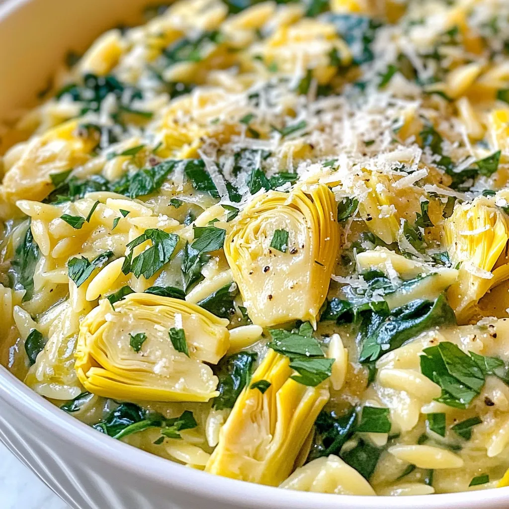 For this Creamy Lemon Artichoke Orzo Skillet, you will need: - 1 cup orzo pasta - 2 cups vegetable broth - 1 can (14 oz) artichoke hearts, drained and quartered - 1 tablespoon olive oil - 1 small onion, finely chopped - 2 garlic cloves, minced - 1 cup heavy cream - Zest of 1 lemon - Juice of 1 lemon - 1 cup spinach leaves, fresh - 1/2 cup grated Parmesan cheese - Salt and pepper to taste - Fresh parsley, chopped (for garnish) You can swap orzo for quinoa for a gluten-free meal. Use vegetable broth or chicken broth for flavor. For dairy-free options, replace heavy cream with coconut milk or cashew cream. Nutritional yeast can replace Parmesan cheese for a vegan twist. If you don't like spinach, try kale or arugula. Fresh artichokes taste great and add a nice texture. Look for artichokes that feel heavy and have tight leaves. If you choose canned artichokes, pick a brand that uses minimal salt. Drain them well to avoid excess liquid. Canned artichokes are easy and save time, but fresh ones give a better flavor. {{ingredient_image_1}} First, grab a large skillet and heat one tablespoon of olive oil over medium heat. Add one finely chopped onion. SautΓ© it for about 4-5 minutes until it turns translucent. Next, add two minced garlic cloves. Cook them for one more minute until they smell great. Now, stir in one cup of orzo pasta. Toast it for about two minutes while stirring. This step adds a nice flavor to the pasta. Then, pour in two cups of vegetable broth. Bring it to a gentle simmer. Cook the orzo while stirring occasionally. This will take about 10-12 minutes until the pasta is al dente and most broth is absorbed. Timing is key when sautΓ©ing vegetables. You want your onions soft but not browned. Keep the heat at medium and stir well. When you add garlic, be careful not to burn it. Garlic burns easily and can taste bitter. Always watch closely during these steps. Once the orzo is ready, reduce the heat to low. Add one cup of heavy cream, the zest of one lemon, and the juice of one lemon to the skillet. Mix everything until it's well combined. Gently fold in one can of artichoke hearts and one cup of fresh spinach leaves. The spinach will wilt quickly, so mix it in well. Finally, stir in half a cup of grated Parmesan cheese. Season with salt and pepper to taste. Let it cook for another 2-3 minutes until the cheese melts. This creates a rich and creamy sauce. Remove from heat and let it sit for a couple of minutes to thicken. Enjoy serving this dish in shallow bowls, garnished with fresh parsley! To make your orzo creamy, use heavy cream. This gives a rich texture. Stir in the cream slowly after the orzo cooks. The heat helps it blend well. Add lemon zest and juice for a bright flavor. This combo makes the dish taste fresh and vibrant. Cook the orzo in vegetable broth. This adds more flavor than water. Stir the pasta often to keep it from sticking. Check the pasta at about 10 minutes. It should be firm but not hard. Remember, it will cook more when you add the cream. One mistake is not measuring the broth. Too much liquid makes the dish soupy. Another issue is overcooking the orzo. It should be al dente, not mushy. Also, donβt skip the garlic. It adds a lot of flavor. Lastly, taste as you go to adjust salt and pepper. Pro Tips Choose the Right Orzo: Use whole wheat orzo for a nuttier flavor and added nutrition. Fresh Spinach Boost: For an extra nutrient boost, consider adding other greens like kale or arugula. Perfect Creaminess: If you prefer a lighter dish, substitute half of the heavy cream with Greek yogurt or sour cream. Enhance the Flavor: Add a pinch of red pepper flakes for a subtle heat that complements the lemon and artichokes. {{image_2}} You can easily make this dish vegetarian or vegan. For a vegan option, swap the heavy cream for coconut cream or cashew cream. Both add rich flavor and creaminess. Use nutritional yeast instead of Parmesan for a cheesy taste without dairy. This keeps the dish tasty and satisfying. Mix in some extras for more flavor. Consider adding sun-dried tomatoes for a tangy twist. You can also toss in olives for a briny kick. For some crunch, sprinkle toasted pine nuts or walnuts on top. These toppings add texture and make the dish more exciting. Change up the recipe with seasonal ingredients. In spring, try adding asparagus or peas for freshness. In summer, cherry tomatoes can bring sweetness. In the fall, consider adding roasted pumpkin or butternut squash for a warm taste. Each swap creates a new flavor experience while keeping the essence of the dish. To keep your Creamy Lemon Artichoke Orzo Skillet fresh, let it cool first. Once cooled, transfer it to an airtight container. This helps avoid moisture loss and keeps the dish tasty. You can store it in the fridge for easy access during the week. When it's time to reheat, use a skillet or pot. Add a splash of vegetable broth or cream to keep it creamy. Heat over medium-low, stirring often. This method helps maintain that delightful texture and flavor. You can also microwave it, but check every minute to avoid overcooking. In the fridge, your orzo skillet will last for about 3 to 4 days. For longer storage, you can freeze it. Be sure to use a freezer-safe container. It can last up to 2 months in the freezer. Just remember to label it with the date! Yes, you can. While orzo is great, you can try other small pastas. You could use ditalini, penne, or even rice if you want. Just adjust the cooking time based on the pasta you choose. Always check the package for timing. This dish isn't gluten-free if you use regular orzo. However, you can find gluten-free orzo made from rice or corn. Just ensure the other ingredients are also gluten-free. To add some heat, you can try red pepper flakes. Start with a pinch and add more as needed. You could also add diced jalapeΓ±os for a fresh kick. Stir them in when you mix the spinach and artichokes. This dish pairs well with a light salad. A simple green salad with a lemon vinaigrette works nicely. You could also serve it with grilled chicken or fish for extra protein. Garlic bread is a tasty side too! This blog post covered everything you need for a delicious orzo skillet. We shared the complete list of ingredients and tips for fresh artichokes. You learned step-by-step cooking tricks and how to keep your pasta creamy. We also explored variations and substitutions for your dietary needs. Lastly, we provided storage tips to keep leftovers tasty. Now that you have all these tips, you can make this dish your own. Enjoy your cooking journey!