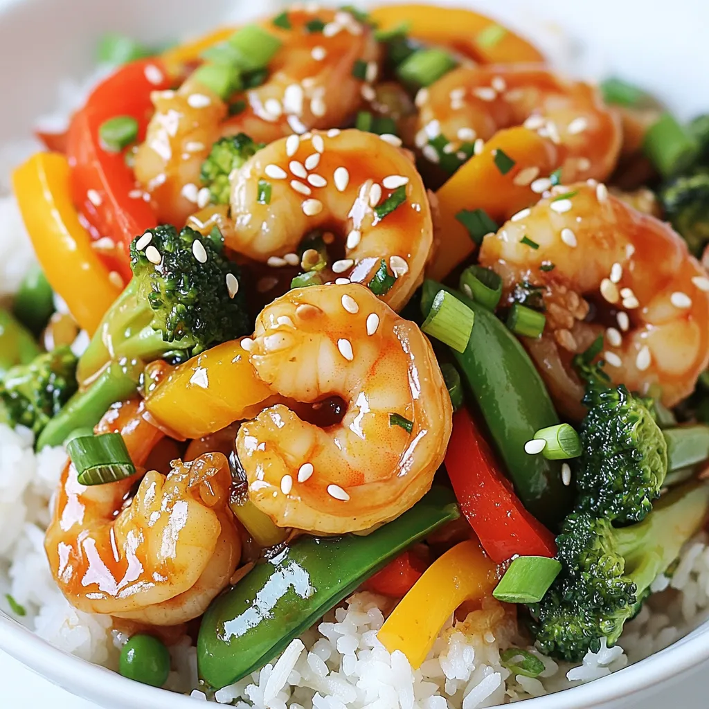 - 1 lb shrimp, peeled and deveined - 2 cups mixed vegetables (bell peppers, broccoli, snap peas) - 1 tablespoon vegetable oil - 3 green onions, chopped - 2 cloves garlic, minced - 1 tablespoon ginger, minced - 1/4 cup low-sodium soy sauce - 2 tablespoons honey or maple syrup - 1 tablespoon rice vinegar - 1 teaspoon sesame oil - 1 tablespoon cornstarch mixed with 2 tablespoons water You need shrimp for protein and mixed vegetables for crunch. The sauces and seasonings give it flavor. The soy sauce adds salt and umami. Honey or maple syrup adds sweetness to balance the salt. Rice vinegar adds a hint of tang. Ginger and garlic bring warmth and depth. - Sesame seeds - Green onions Garnishes add a nice touch. Sesame seeds add crunch and flavor. Green onions add brightness and color. These simple toppings make your dish look fancy. - Low-sodium soy sauce alternatives: Use coconut aminos or tamari for a gluten-free option. - Vegetable alternatives for mixed veggies: You can use carrots, zucchini, or snap peas instead. Feel free to swap out ingredients. This recipe is flexible. Use what you have to make it your own. {{ingredient_image_1}} To start, grab a small bowl. Mix the following ingredients: - 1/4 cup low-sodium soy sauce - 2 tablespoons honey or maple syrup - 1 tablespoon rice vinegar - 1 teaspoon sesame oil - 1 tablespoon minced ginger Stir them well until you have a smooth sauce. This sauce brings a sweet and savory flavor to your dish. Next, heat 1 tablespoon of vegetable oil in a large skillet or wok. Use medium-high heat for best results. Add 2 cloves of minced garlic and sauté for about 30 seconds. This will make your kitchen smell amazing! Now, add 1 lb of peeled and deveined shrimp. Cook them for about 2-3 minutes. Watch as they turn pink and opaque. Once done, remove the shrimp from the pan and set them aside. In the same skillet, it’s time for the veggies! Add 2 cups of mixed vegetables like bell peppers, broccoli, and snap peas. Stir-fry these for 3-4 minutes. You want them tender but still crisp. This helps keep their bright colors and nutrients. Now, it’s time to bring it all together! Return the shrimp to the skillet with the vegetables. Pour the teriyaki sauce over everything. Stir well to combine all the flavors. Next, add a cornstarch mixture made from 1 tablespoon of cornstarch mixed with 2 tablespoons of water. Stir constantly until the sauce thickens, which should take about 1-2 minutes. Finally, sprinkle in chopped green onions before turning off the heat. Serve your teriyaki shrimp stir fry over jasmine rice or quinoa. Top it with sesame seeds for that perfect finish! To cook shrimp just right, timing is key. Heat your pan over medium-high heat. Once it's hot, add the shrimp. They usually cook in about 2-3 minutes. Look for the shrimp to turn pink and opaque. This shows they are done. If you overcook them, they can get tough. Remove the shrimp once cooked and set them aside. You can boost the flavor of your teriyaki shrimp stir fry. Try adding some crushed red pepper for heat. You can also mix in a dash of sesame seeds or a bit of lime juice. These small touches make a big difference. If you like it sweet, add more honey or maple syrup to the sauce. Taste as you go to find your perfect balance. Preparing your ingredients in advance can save time. Chop your vegetables and store them in the fridge. You can also mix your teriyaki sauce ahead of time. This way, when it’s time to cook, you just grab and go. Having everything ready makes the cooking process quick and easy. Plus, it helps you enjoy a fresh meal any night of the week! Pro Tips Use Fresh Shrimp: Fresh shrimp will give your stir-fry a sweeter flavor and firmer texture compared to frozen shrimp. Customize Your Vegetables: Feel free to use seasonal vegetables like asparagus or carrots for added freshness and flavor. Adjust Sauce Sweetness: Depending on your taste preference, you can reduce or increase the amount of honey or maple syrup in the sauce. Serve Immediately: For the best texture and taste, serve the stir-fry right after cooking to retain the crispness of the vegetables. {{image_2}} If you want to switch up the protein, try chicken, tofu, or beef. Chicken works great in this recipe. Just cut it into bite-sized pieces and cook it the same way as the shrimp. Tofu is another tasty option. Use firm tofu for the best texture. Beef adds a rich flavor; thinly slice it and cook until brown. Each protein brings its own taste to the dish. For a vegetarian or vegan meal, replace shrimp with plant-based choices. You can use extra-firm tofu, tempeh, or even mushrooms. These options absorb the teriyaki sauce well. You can also mix in more vegetables like carrots and zucchini. This way, you keep the meal healthy and satisfying without any meat. To add a kick to your stir fry, consider adding some spice. A dash of red pepper flakes or a spoonful of sriracha can spice things up. If you want to change the sauce, try a hoisin or peanut sauce. These sauces provide a different flavor profile, making the dish unique. Feel free to experiment with your favorite flavors, and enjoy your creative journey in the kitchen! To keep your Teriyaki Shrimp Stir Fry fresh, store it in an airtight container. Place it in your fridge within two hours of cooking. This helps prevent bacteria growth. It will stay good for up to three days. When you're ready to eat, check for any changes in smell or appearance before reheating. You can freeze Teriyaki Shrimp Stir Fry for later enjoyment. Allow it to cool completely before packing. Use freezer-safe bags or containers. Remove as much air as possible to prevent freezer burn. Label the bags with the date. It can last up to three months in the freezer. Reheat your Teriyaki Shrimp Stir Fry on the stove for the best taste. Heat a skillet over medium heat. Add a splash of water or broth to help it steam. Stir gently for about five minutes until hot. You can also use the microwave. Place it in a microwave-safe bowl and cover it. Heat in 30-second bursts, stirring in between. This keeps the shrimp tender and the veggies crisp. It takes about 25 minutes to make this dish. You spend 15 minutes on prep. Cooking takes another 10 minutes. You can easily make a tasty dinner in less than half an hour. Yes, you can use frozen shrimp. Just thaw them first. Place them in a bowl of cold water for about 15 minutes. This helps them cook evenly in the stir fry. After thawing, pat them dry before cooking. This step keeps the shrimp from becoming watery. You can use many vegetables for stir fry. I suggest bell peppers, broccoli, and snap peas. These veggies cook quickly and stay crisp. Other good options are carrots and zucchini. Mix and match your favorites for a colorful dish! In this blog post, we covered how to make Teriyaki Shrimp Stir Fry. We discussed key ingredients, including shrimp, mixed vegetables, and sauces. I shared tips on cooking shrimp perfectly and how to stir-fry vegetables for the best texture. You can easily customize this dish with various proteins or vegetables. Remember, meal prep can save time, and proper storage keeps leftovers fresh. Enjoy exploring flavors and personal touches in this exciting dish!