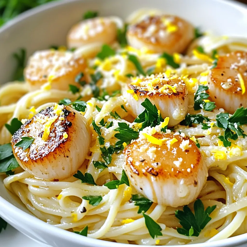 To make Garlic Butter Scallop Linguine, you’ll need: - 8 ounces linguine pasta - 1 pound sea scallops, cleaned and patted dry - 4 tablespoons unsalted butter - 4 cloves garlic, minced - 1 teaspoon red pepper flakes (adjust to taste) - 1/2 cup chicken broth - 1 tablespoon lemon juice - 1/4 cup fresh parsley, chopped - Salt and pepper to taste - Zest of 1 lemon You can swap some ingredients if needed: - Use fettuccine or spaghetti instead of linguine for a different texture. - If you don't have sea scallops, try bay scallops. They cook faster. - Coconut oil or olive oil can replace unsalted butter for a dairy-free option. - Vegetable broth can work instead of chicken broth for a lighter flavor. - Fresh herbs like basil or chives can replace parsley for a fresh twist. When choosing scallops, freshness is key: - Look for scallops that smell like the ocean. They should not smell fishy. - Choose firm, shiny scallops with a creamy color. Avoid any dark spots. - If buying frozen, ensure they are flash-frozen for the best flavor. - Thaw frozen scallops in the fridge overnight for the best texture. - Dry scallops well before cooking to get that nice golden crust. To start, fill a large pot with water and add salt. Bring it to a rolling boil. Once boiling, add the linguine and cook as the package says, about 9-11 minutes, until it’s al dente. Al dente means it should be firm to the bite. After cooking, save 1/2 cup of the water. Drain the rest and set the linguine aside. Next, grab a large skillet and heat it over medium-high heat. Add 2 tablespoons of unsalted butter. While the butter melts, season the cleaned scallops with salt and pepper. When the butter starts to sizzle, carefully place the scallops in the skillet. Make sure not to crowd them; give each scallop room. Sear for about 2-3 minutes on each side until they turn a nice golden brown. Once done, remove them from the skillet and set them aside. In the same skillet, turn the heat down to medium. Add the remaining 2 tablespoons of butter. Once it melts, stir in the minced garlic and red pepper flakes. Sauté the mixture for around 1 minute. Be careful not to let the garlic burn; burnt garlic can taste bitter. Now it’s time to bring it all together. Pour in the chicken broth and add the lemon juice. Scrape the bottom of the skillet to release all those tasty bits. Let it simmer for 2-3 minutes so the flavors mix. Add the cooked linguine to the skillet and stir well to coat the pasta in the garlic butter sauce. If the sauce is too thick, add some of that reserved pasta water slowly until it’s just right. Finish by mixing in the lemon zest and chopped parsley. Finally, gently fold the seared scallops back into the skillet, being careful not to break them. Taste it and adjust the salt and pepper if needed. To get that perfect sear on your scallops, start with dry scallops. Pat them dry with a paper towel. This helps them brown better. Season them with salt and pepper right before cooking. Heat your skillet until it’s hot. Add butter and let it sizzle. Place the scallops in a single layer. Avoid crowding the pan, or they won’t sear. Cook for 2-3 minutes on each side until golden brown. Don't flip them too soon; let them develop a crust. If you like heat, feel free to add more red pepper flakes. Start with one teaspoon, then taste the sauce. You can always add more if you want extra spice. If you prefer a milder flavor, reduce the flakes. This dish is flexible, so adjust to your liking. Remember, spice can enhance the dish but should not overpower it. Fresh herbs can elevate your garlic butter scallop linguine. Consider adding basil or thyme along with parsley. These herbs bring freshness and depth to the dish. Add them at the end to keep their bright flavor. You might also try a hint of dill for a unique twist. Mix and match to find your favorite combination! {{image_2}} You can switch up the pasta if you want. While linguine is great, other options work well too. Try spaghetti for a classic feel. Fettuccine gives a nice, creamy vibe. You can even use whole wheat pasta for a healthier choice. Gluten-free pasta is another option for those with dietary needs. Just ensure you follow the cooking times on the package for the best results. Want to mix in more seafood? You can add shrimp for extra flavor. Shrimp cooks quickly, so toss it in during the last few minutes. You can also use crab meat for a sweet touch. Lobster meat can make this meal feel extra special. Just remember to adjust the cooking time to avoid overcooking. For a vegetarian twist, skip the scallops. Replace them with sautéed mushrooms for a meaty texture. Zucchini noodles can also be a fun base instead of pasta. You can add chickpeas for protein and a hearty feel. Toss in seasonal veggies like asparagus or spinach for freshness. Use vegetable broth instead of chicken broth for a full flavor. Leftover garlic butter scallop linguine is easy to store. Place it in an airtight container. Make sure it cools down first. This helps keep the scallops tender. You can store it in the fridge for up to three days. If you want to keep it longer, consider freezing it. Reheating is simple! You can use a microwave or a skillet. If using a microwave, heat on medium power. Stir every minute until warm. For the skillet, add a splash of chicken broth. Heat over low until it warms through. This keeps the pasta moist and tasty. To freeze garlic butter scallop linguine, use a freezer-safe container. Separate the scallops and pasta for better results. Freeze them within two hours of cooking. They will stay good for up to three months. When you're ready to eat, thaw it in the fridge overnight before reheating. Linguine is the star here. It has a nice bite and holds sauce well. Other good options include fettuccine or spaghetti. They will also work great with the garlic butter sauce. Just remember to cook your pasta al dente for the best texture. Yes, you can use frozen scallops. Just make sure to thaw them first. Thaw them in the fridge overnight or under cold water for a quick method. Pat them dry well before cooking. This helps them sear properly and get that nice golden color. Scallops are done when they turn opaque and firm to the touch. They should be golden brown on the outside. Cook them for about 2-3 minutes on each side. Don’t overcook them, or they will get tough. Trust your senses; the smell will also be a good guide! This article covered key ingredients for your dish, from scallop tips to pasta choices. I shared easy steps to cook, sear, and mix your meal, plus ways to adjust flavors. You learned about storing and reheating leftovers, ensuring you waste nothing. Remember, trying new variations can keep your dish fresh. Cooking should be fun and simple. Enjoy experimenting with your next scallop recipe, and happy cooking!