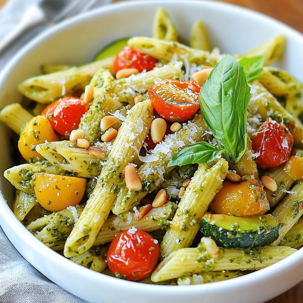 - 8 oz pasta (penne or fusilli) - 2 cups mixed seasonal vegetables (bell peppers, zucchini, cherry tomatoes, and red onion), chopped - 3 tablespoons olive oil - Salt and pepper to taste - 1 cup fresh basil leaves - 1/2 cup grated Parmesan cheese - 1/3 cup pine nuts (or walnuts) - 1 clove garlic - 1 tablespoon lemon juice - Crushed red pepper flakes for heat - Fresh herbs like parsley or thyme - Extra veggies like spinach or asparagus - Lemon zest for brightness Each serving has about: - Calories: 400 - Protein: 12g - Carbohydrates: 50g - Fat: 18g - Fiber: 5g This dish is rich in vitamins and minerals from the veggies and herbs. It offers a balanced meal that is both tasty and wholesome. {{ingredient_image_1}} Start by washing and chopping your mixed vegetables. I love using bell peppers, zucchini, cherry tomatoes, and red onion. Cut everything into small, even pieces. This helps them roast nicely. Put the chopped veggies in a large bowl. Add 2 tablespoons of olive oil, salt, and pepper. Toss until all the veggies are well coated. This step is key for flavor. Next, preheat your oven to 400°F (200°C). Spread the veggies in a single layer on a baking sheet. Make sure they are not crowded. This helps them roast better. Roast the vegetables for 20 to 25 minutes. Stir them halfway through to ensure even cooking. They should be tender and slightly caramelized when done. While the veggies roast, cook your pasta in boiling water. I like using penne or fusilli for this dish. Follow the package instructions until the pasta is al dente. This means it should be firm but not hard. Once cooked, drain the pasta and set it aside. In a food processor, combine fresh basil leaves, grated Parmesan cheese, pine nuts, garlic, and lemon juice. Add the last tablespoon of olive oil, too. Blend everything until it turns smooth and creamy. If the pesto seems too thick, add a splash of water. Taste and adjust the seasoning with salt and pepper. In a large mixing bowl, add the cooked pasta and roasted vegetables. Pour the pesto sauce over the top. Toss everything together until the pasta is well coated with the pesto. This step makes sure every bite is full of flavor. Serve immediately. You can garnish with extra Parmesan cheese and a few pine nuts if you like. Enjoy your meal! To roast vegetables well, start with fresh, seasonal choices. I love using bell peppers, zucchini, cherry tomatoes, and red onion. Chop them evenly for uniform cooking. Toss the veggies in olive oil, salt, and pepper in a bowl. This helps them roast nicely. Spread them out on a baking sheet in a single layer. Roast at 400°F (200°C) for 20-25 minutes. Stir them halfway through for even browning. Look for a tender and slightly caramelized finish. This brings out their sweet flavor. For creamy pesto, gather fresh basil leaves, Parmesan cheese, and pine nuts. You can also use walnuts if you prefer. Add one clove of garlic and lemon juice for zest. Pour one tablespoon of olive oil in the mix. Blend everything in a food processor until smooth. This creates a rich and creamy sauce. If you want it thinner, add a little more olive oil. Taste and adjust with salt and pepper to make it perfect. Serving roasted veggie pesto pasta is fun! After mixing the pasta and veggies, place them in a large bowl. Garnish with extra Parmesan cheese and pine nuts for a special touch. You can also serve it with a side salad for freshness. If you like more flavor, add red pepper flakes. This dish is best enjoyed warm. It also makes a great meal for lunch the next day! Pro Tips Choose Seasonal Veggies: Using seasonal vegetables not only enhances the flavor but also ensures freshness and supports local produce. Perfectly Roasted Veggies: To achieve optimal caramelization, make sure the vegetables are spread out in a single layer on the baking sheet. Customize Your Pesto: Feel free to experiment with different nuts or add spinach for a variation in flavor and nutrition in your pesto. Serve with a Twist: For an extra layer of flavor, drizzle some balsamic glaze over the finished dish before serving. {{image_2}} You can switch up the veggies to keep this dish fresh. Try using carrots, broccoli, or asparagus for a new taste. Sweet potatoes add a nice sweetness too. Just remember to cut them into small pieces. This ensures they roast well and cook evenly. Don't be afraid to mix colors and textures to make your dish pop! To make this dish vegan, swap the cheese for a plant-based option. Nutritional yeast gives a cheesy flavor without dairy. You can also use cashews instead of pine nuts. Soak them first for a creamy texture. This way, you keep that rich taste while sticking to your vegan diet! If you need gluten-free pasta, try using rice or quinoa pasta. These options work great and taste delicious too. Make sure to check the cooking time since they can vary. You can also use zucchini noodles for a low-carb twist. They add a fresh crunch and are super fun to eat! Store any leftover roasted veggie pesto pasta in an airtight container. Make sure it cools first. It stays fresh in the fridge for up to three days. If you have extra pesto, keep it in a separate jar. This keeps the pasta from getting soggy. To reheat, use the microwave or a skillet. If using the microwave, warm it on medium power. Stir every minute until hot. If you prefer the skillet, add a splash of water or olive oil. Heat it over low heat, stirring gently. This helps keep the pasta moist. You can freeze roasted veggie pesto pasta too! First, let it cool completely. Then, place it in freezer-safe bags. Try to remove as much air as possible. It can last in the freezer for up to three months. When you’re ready to eat, thaw it in the fridge overnight before reheating. Yes, you can use store-bought pesto. It saves time and still offers great flavor. Just choose a high-quality brand for the best taste. If you are short on time, this option works well. You may need to adjust the amount based on your taste. To spice up your pasta, add red pepper flakes or fresh chili. You can mix these into the pesto or sprinkle them on top. Another option is to add some chopped jalapeños when roasting your veggies. Adjust the heat to your liking for the best result. You can use many pasta shapes for this dish. Penne and fusilli are great, but you can also try spaghetti, farfalle, or even rotini. The key is to pick a shape that holds the pesto well. This allows every bite to be flavorful and satisfying. You can store this pasta dish in the fridge for up to three days. Make sure to keep it in an airtight container. When ready to eat, just reheat it in the microwave or on the stove. If it seems dry, add a splash of olive oil or water to loosen it up. Yes, adding protein can make this dish more filling. Grilled chicken, shrimp, or chickpeas work great. You can mix them in when combining the pasta and veggies. This adds flavor and boosts the dish's nutritional value, making it even more satisfying. This blog post covered how to make delicious roasted veggie pesto pasta. We looked at the key ingredients, detailed cooking steps, and many helpful tips. You learned about tasty variations and how to store leftovers. In my experience, this dish can be fun to make and easy to enjoy. Customize it to fit your taste and have a great meal. Now, get cooking and enjoy your yummy creation!
