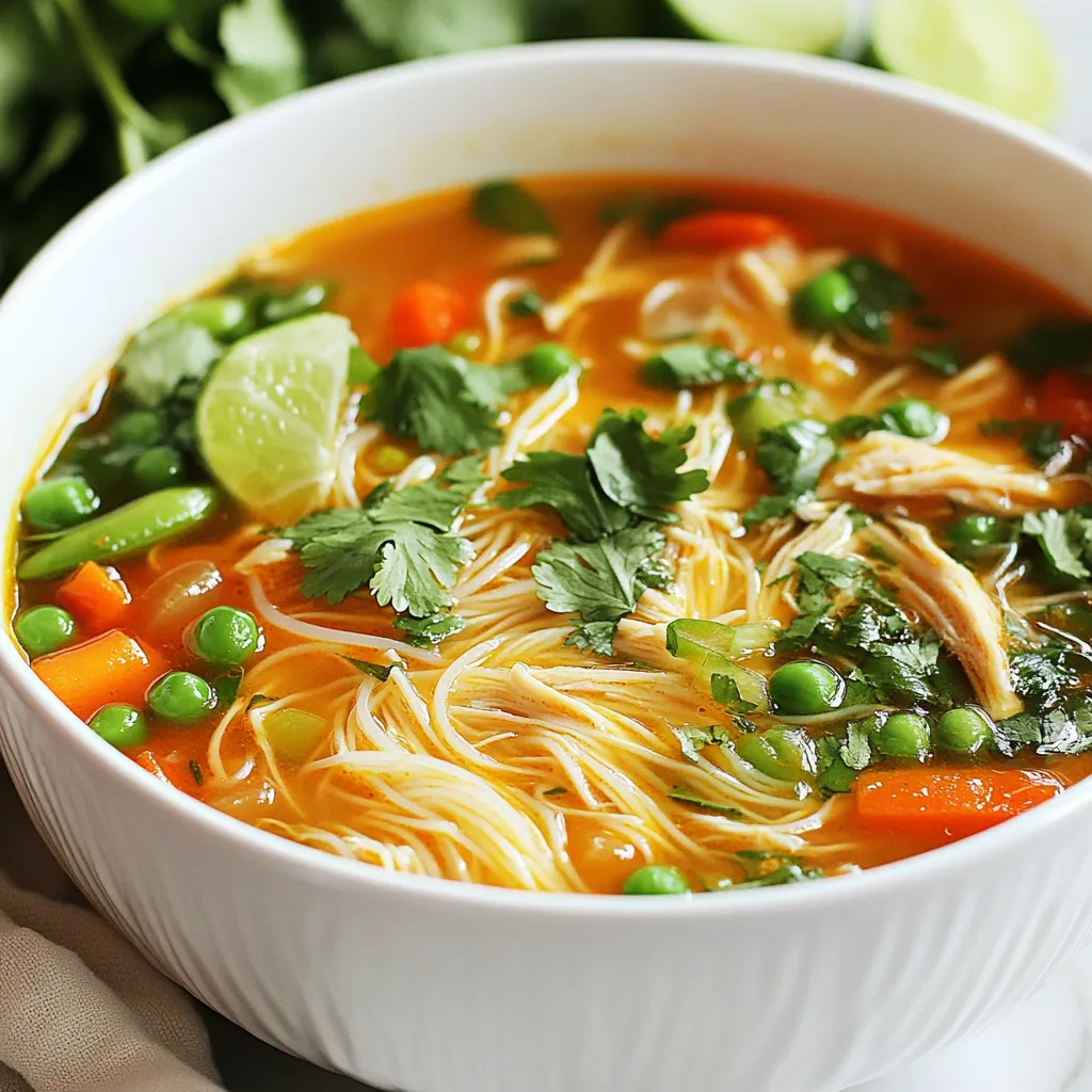 To make Spicy Sriracha Chicken Noodle Soup, gather these key ingredients: - 2 boneless, skinless chicken breasts - 4 cups chicken broth - 1 cup water - 2 tablespoons Sriracha sauce (adjust to taste) - 1 tablespoon soy sauce - 1 tablespoon ginger, minced - 3 cloves garlic, minced - 1 medium onion, diced - 2 carrots, sliced - 1 bell pepper, diced - 1 cup snap peas - 200g rice noodles (or your preferred noodles) - 2 green onions, sliced (for garnish) - Fresh cilantro, chopped (for garnish) - Lime wedges (for serving) - Salt and pepper to taste Each ingredient adds a unique flavor. The chicken provides protein, while the broth gives depth. Sriracha adds spice, making this soup a flavor blast. Garnishes make your soup look and taste better. Here are some to consider: - Sliced green onions - Chopped fresh cilantro - Lime wedges for a fresh squeeze These garnishes add bright colors and fresh flavors. They also enhance the overall experience of enjoying your soup. You can swap some ingredients if you need to. Here are a few ideas: - Use vegetable broth instead of chicken broth for a lighter base. - Swap chicken for tofu or chickpeas to make it vegetarian. - Try different noodles, like udon or egg noodles, for a fun twist. - Use red pepper flakes instead of Sriracha for a different type of heat. These substitutions keep the dish fresh and exciting, allowing for creative cooking! {{ingredient_image_1}} Sautéing Aromatic Ingredients Start by heating a tablespoon of oil in a large pot over medium heat. Once hot, add the diced onion, minced garlic, and ginger. Sauté these for 2 to 3 minutes. You want them fragrant and the onion translucent. This step builds a strong flavor base for your soup. Adding Vegetables and Broth Next, toss in the sliced carrots and diced bell pepper. Cook these for another 3 minutes until they soften a bit. Then, pour in 4 cups of chicken broth and 1 cup of water. Bring the mixture to a boil. Don't forget to season with salt and pepper to enhance the taste. Once your broth is boiling, add the two boneless, skinless chicken breasts. Lower the heat to a simmer and cover the pot. Let the chicken cook for about 15 to 20 minutes. It should be cooked through and tender. Afterward, remove the chicken from the pot. Use two forks to shred it into bite-sized pieces. Now, return the shredded chicken to the pot. Stir in 2 tablespoons of Sriracha sauce and 1 tablespoon of soy sauce. Taste your soup and adjust the seasoning if needed. If you want it spicier, add more Sriracha. Then, add 1 cup of snap peas and 200g of rice noodles. Cook everything for about 4 to 5 minutes, until the noodles are tender and the peas are bright green. Your Spicy Sriracha Chicken Noodle Soup is almost ready! Serve it hot, garnished with sliced green onions and chopped cilantro. Add lime wedges on the side for a fresh twist. Enjoy your flavorful creation! To get the best flavor in your Spicy Sriracha Chicken Noodle Soup, focus on the basics. Start with fresh ingredients. Fresh garlic, ginger, and vegetables add a nice punch. Sauté the onion, garlic, and ginger until they are soft and fragrant. This step builds a strong base for your soup. Adjust the Sriracha sauce to match your taste. If you like heat, add more. If you prefer mild, start with less. For the perfect soup texture, balance is key. Use enough broth and water so that your soup is not too thick. Adding the rice noodles helps thicken it, but be careful not to overcook them. They should be tender but still hold their shape. If the soup feels too thick, add more broth or water. You can always adjust it as it simmers! You can easily change the spice level of your soup. If you want it spicier, add more Sriracha during cooking. Taste the soup after you stir it in. If you want a milder flavor, use less Sriracha. You can also serve lime wedges on the side. The lime juice adds brightness and can tone down the heat. Don't forget to add fresh cilantro for flavor and a nice touch! Pro Tips Adjust the Heat: If you're not a fan of too much spice, start with less Sriracha and add more gradually to find your perfect heat level. Use Fresh Ingredients: Fresh ginger and garlic will enhance the flavor of your soup significantly compared to powdered versions. Cook Noodles Separately: For a less soggy texture, consider cooking the noodles separately and adding them just before serving. Garnish Generously: Don't skip the garnishes! Fresh cilantro and lime add a bright freshness that complements the spiciness of the soup. {{image_2}} You can easily switch out chicken. Try shrimp for a lighter taste. Tofu adds a nice texture for a vegetarian option. For a richer flavor, consider using beef. Cook the beef until it's tender. This keeps the soup hearty and warm. Rice noodles work great in this soup. But you can use egg noodles if you prefer. For a gluten-free option, try quinoa noodles. They add a unique taste and texture. Just remember to adjust cooking times as needed. Feel free to mix in your favorite veggies. Spinach adds a nice color and flavor. Zucchini is a good choice for some crunch. Broccoli florets can add both color and nutrients. Just cut them small enough to cook through. Experimenting with vegetables lets you customize your soup. Store your leftover soup in an airtight container. Let it cool before sealing. Place it in the fridge. It will stay fresh for about 3-4 days. If you want, you can also divide it into single servings. This makes it easy to grab for lunch or dinner. To reheat, pour the soup into a pot. Heat it on low to medium heat. Stir it often to ensure even heating. You can also use a microwave. Place the soup in a microwave-safe bowl. Heat it for 1-2 minutes, stopping to stir halfway through. Make sure it is hot all the way through. You can freeze this soup for later use. Use freezer-safe containers or bags. Leave some space at the top. This allows for expansion as it freezes. The soup can stay good in the freezer for up to 3 months. When ready to eat, thaw it overnight in the fridge. Then, reheat it on the stove or in the microwave. Enjoy the spicy goodness again! Yes, you can use other sauces. Try chili paste for heat. You could also use hot sauce, like Frank's or Tabasco. Each sauce adds a different flavor. Adjust the amount to fit your taste. For a vegetarian version, replace chicken with tofu or tempeh. Use vegetable broth instead of chicken broth. Add more vegetables like mushrooms or zucchini for texture. This keeps the soup hearty and delicious. This soup goes well with simple sides. Try a fresh salad with lime dressing. Garlic bread or crusty rolls complement the soup nicely. You can also serve spring rolls for a fun twist. In this article, we covered the key ingredients for Spicy Sriracha Chicken Noodle Soup. We discussed how to prepare, cook, and perfect the dish. With the right tips, you can adjust spice levels and try variations too. I hope these steps make your cooking easier and more fun. Enjoy creating tasty bowls of soup that warm your heart and please your taste buds. You have the tools now to make this recipe your own. Happy cooking!