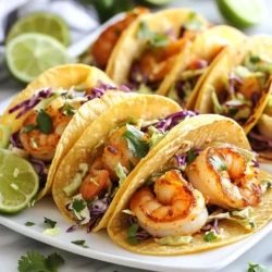 For the spicy shrimp, you will need: - 1 pound large shrimp, peeled and deveined - 2 tablespoons olive oil - 2 teaspoons chili powder - 1 teaspoon cumin - 1 teaspoon paprika - 1/2 teaspoon cayenne pepper (adjust to taste) - Salt and pepper to taste These shrimp bring bold flavor to your tacos. The spices create a tasty kick. For the cilantro lime slaw, gather: - 1 cup red cabbage, shredded - 1 cup green cabbage, shredded - 1/4 cup fresh cilantro, chopped - 1/4 cup mayonnaise - 2 tablespoons lime juice - 1 teaspoon honey This slaw is crunchy and refreshing. The lime juice adds a bright note. You can use: - 8 small corn tortillas - 8 small flour tortillas Corn tortillas give a nice texture. Flour tortillas are soft and easy to fold. Choose what you like best! {{ingredient_image_1}} Start by gathering your shrimp and spices. In a large bowl, mix the shrimp with olive oil, chili powder, cumin, paprika, cayenne pepper, salt, and pepper. Make sure every shrimp gets a good coat of spice. This is key for flavor. Heat a large skillet over medium-high heat. Add the shrimp mixture and cook for about 2-3 minutes on each side. Look for that lovely pink color. When done, remove the shrimp from heat and set them aside. Next, let’s make the slaw. Grab a separate bowl and mix the shredded red cabbage and green cabbage. Add fresh cilantro, mayonnaise, lime juice, and honey. Toss it all together until well combined. Make sure to season it with salt and pepper. This slaw adds a nice crunch and zing to your tacos. Now, it’s taco time! Warm your tortillas in a dry skillet or over a flame for a few seconds on each side. This makes them soft and easy to fold. Take a tortilla and add a generous amount of spicy shrimp. Top it off with a scoop of your cilantro lime slaw. For an extra burst of flavor, serve with lime slices on the side. Enjoy your delicious creation! To cook shrimp well, start with fresh or thawed shrimp. Make sure they are peeled and deveined. Use a large skillet over medium-high heat. When hot, add your shrimp in a single layer. Cook for 2-3 minutes on each side. Watch for the shrimp to turn pink and opaque. This means they are done. Overcooking makes shrimp tough, so keep an eye on them. To boost the flavor of your shrimp, use spices wisely. Chili powder, cumin, and paprika create a rich taste. Adjust the cayenne pepper for extra heat. Always taste your shrimp mix before cooking to ensure the flavors blend well. You can also add garlic or lime zest for a fresh twist. A squeeze of lime juice at the end brightens the dish. While the cilantro lime slaw is tasty, you can try different dressings. Use Greek yogurt instead of mayonnaise for a lighter option. Add a splash of vinegar for a tangy taste. You can also mix in some avocado for creaminess. If you like a bit of sweetness, try adding diced mango or pineapple. These small changes can elevate your tacos to a new level. Pro Tips Fresh Ingredients: Always use fresh shrimp and vegetables for the best flavor and texture in your tacos. Adjusting Spice Level: Feel free to modify the amount of cayenne pepper based on your heat preference. Start with less and add more if needed. Tortilla Choice: Corn tortillas provide a traditional flavor, but flour tortillas are easier to fold and handle. Choose based on your personal preference. Slaw Variations: Experiment with different slaw ingredients like carrots or jalapeños to add unique flavors and textures to your tacos. {{image_2}} If you want more heat, try using chipotle powder. It adds a smoky flavor. You can also swap shrimp for spicy fish, like mahi-mahi. For a meat option, use spicy chicken. Just marinate it like you do with shrimp. You can even add diced jalapeños to the mix for extra kick. This gives you more options while keeping it fun and flavorful. Tacos are all about personal taste. Add fresh avocado slices for creaminess. Pickled onions bring a tangy crunch. You can add diced tomatoes for freshness. For heat lovers, sprinkle chopped jalapeños on top. Crumbled queso fresco boosts the flavor too. Don’t forget hot sauce if you want more spice. Mix and match these toppings to find your favorite combo! Tortillas come in many styles. Corn tortillas are gluten-free and have a nice flavor. Flour tortillas are soft and easy to wrap. You can also try whole wheat tortillas for a healthier choice. For something unique, look for spinach or tomato tortillas. Each type brings a new twist to your spicy shrimp tacos. Choose what you love! To keep your leftover tacos fresh, wrap them in foil or plastic wrap. Place them in an airtight container. This way, they stay tasty for up to two days in the fridge. If you want to save them longer, freeze the shrimp and slaw separately. They can last up to two months in the freezer. When you want to enjoy your tacos again, reheat the shrimp in a skillet. Heat it on medium for about three to five minutes. Stir gently until warm. For the tortillas, warm them in a dry skillet for a few seconds. This keeps them soft and flexible. You can also microwave them for about 20 seconds if you're in a hurry. For the cilantro lime slaw, store it in a separate container. Keep it in the fridge for no more than three days. The slaw can lose its crunch if stored too long. If you want to keep it fresh, mix the dressing just before serving. This way, the slaw stays crisp and tasty. Yes, you can use frozen shrimp. Just thaw them before cooking. Place them in cold water for about 15 minutes. After thawing, be sure to pat them dry. This helps the shrimp sear nicely in the pan. Frozen shrimp often work well and save time. Adjusting spice is easy! Start with less cayenne pepper. You can add more if you like heat. You can also use less chili powder if you want milder flavors. If you want more spice, try adding hot sauce or fresh jalapeños. It’s all about what you enjoy! You have options! Greek yogurt is a great substitute for mayonnaise. It adds creaminess and a bit of tang. You can also use sour cream or avocado for a different taste. Each option gives the slaw a unique twist. Choose what fits your flavor preference! In this blog post, we explored how to make delicious shrimp tacos. You learned about the key ingredients for the shrimp, slaw, and tortillas. I shared easy steps to prepare each part and how to assemble your tacos. You also discovered tips for cooking shrimp just right and enhancing the flavors. Finally, we discussed variations to keep your tacos fresh and exciting. Remember, these tacos are fun to make and eat. Enjoy your cooking and share these tasty treats with friends!
