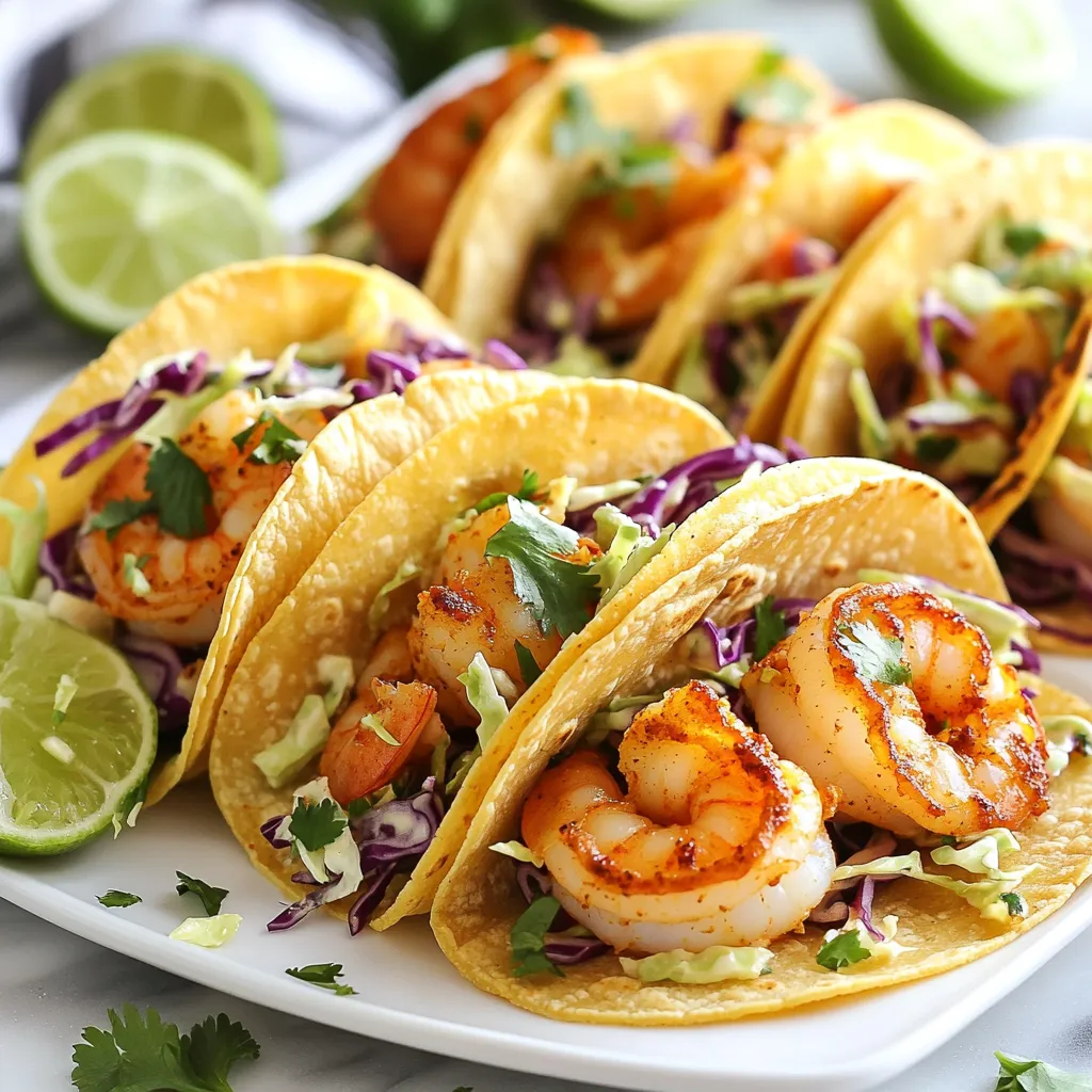 For the spicy shrimp, you will need: - 1 pound large shrimp, peeled and deveined - 2 tablespoons olive oil - 2 teaspoons chili powder - 1 teaspoon cumin - 1 teaspoon paprika - 1/2 teaspoon cayenne pepper (adjust to taste) - Salt and pepper to taste These shrimp bring bold flavor to your tacos. The spices create a tasty kick. For the cilantro lime slaw, gather: - 1 cup red cabbage, shredded - 1 cup green cabbage, shredded - 1/4 cup fresh cilantro, chopped - 1/4 cup mayonnaise - 2 tablespoons lime juice - 1 teaspoon honey This slaw is crunchy and refreshing. The lime juice adds a bright note. You can use: - 8 small corn tortillas - 8 small flour tortillas Corn tortillas give a nice texture. Flour tortillas are soft and easy to fold. Choose what you like best! {{ingredient_image_1}} Start by gathering your shrimp and spices. In a large bowl, mix the shrimp with olive oil, chili powder, cumin, paprika, cayenne pepper, salt, and pepper. Make sure every shrimp gets a good coat of spice. This is key for flavor. Heat a large skillet over medium-high heat. Add the shrimp mixture and cook for about 2-3 minutes on each side. Look for that lovely pink color. When done, remove the shrimp from heat and set them aside. Next, let’s make the slaw. Grab a separate bowl and mix the shredded red cabbage and green cabbage. Add fresh cilantro, mayonnaise, lime juice, and honey. Toss it all together until well combined. Make sure to season it with salt and pepper. This slaw adds a nice crunch and zing to your tacos. Now, it’s taco time! Warm your tortillas in a dry skillet or over a flame for a few seconds on each side. This makes them soft and easy to fold. Take a tortilla and add a generous amount of spicy shrimp. Top it off with a scoop of your cilantro lime slaw. For an extra burst of flavor, serve with lime slices on the side. Enjoy your delicious creation! To cook shrimp well, start with fresh or thawed shrimp. Make sure they are peeled and deveined. Use a large skillet over medium-high heat. When hot, add your shrimp in a single layer. Cook for 2-3 minutes on each side. Watch for the shrimp to turn pink and opaque. This means they are done. Overcooking makes shrimp tough, so keep an eye on them. To boost the flavor of your shrimp, use spices wisely. Chili powder, cumin, and paprika create a rich taste. Adjust the cayenne pepper for extra heat. Always taste your shrimp mix before cooking to ensure the flavors blend well. You can also add garlic or lime zest for a fresh twist. A squeeze of lime juice at the end brightens the dish. While the cilantro lime slaw is tasty, you can try different dressings. Use Greek yogurt instead of mayonnaise for a lighter option. Add a splash of vinegar for a tangy taste. You can also mix in some avocado for creaminess. If you like a bit of sweetness, try adding diced mango or pineapple. These small changes can elevate your tacos to a new level. Pro Tips Fresh Ingredients: Always use fresh shrimp and vegetables for the best flavor and texture in your tacos. Adjusting Spice Level: Feel free to modify the amount of cayenne pepper based on your heat preference. Start with less and add more if needed. Tortilla Choice: Corn tortillas provide a traditional flavor, but flour tortillas are easier to fold and handle. Choose based on your personal preference. Slaw Variations: Experiment with different slaw ingredients like carrots or jalapeños to add unique flavors and textures to your tacos. {{image_2}} If you want more heat, try using chipotle powder. It adds a smoky flavor. You can also swap shrimp for spicy fish, like mahi-mahi. For a meat option, use spicy chicken. Just marinate it like you do with shrimp. You can even add diced jalapeños to the mix for extra kick. This gives you more options while keeping it fun and flavorful. Tacos are all about personal taste. Add fresh avocado slices for creaminess. Pickled onions bring a tangy crunch. You can add diced tomatoes for freshness. For heat lovers, sprinkle chopped jalapeños on top. Crumbled queso fresco boosts the flavor too. Don’t forget hot sauce if you want more spice. Mix and match these toppings to find your favorite combo! Tortillas come in many styles. Corn tortillas are gluten-free and have a nice flavor. Flour tortillas are soft and easy to wrap. You can also try whole wheat tortillas for a healthier choice. For something unique, look for spinach or tomato tortillas. Each type brings a new twist to your spicy shrimp tacos. Choose what you love! To keep your leftover tacos fresh, wrap them in foil or plastic wrap. Place them in an airtight container. This way, they stay tasty for up to two days in the fridge. If you want to save them longer, freeze the shrimp and slaw separately. They can last up to two months in the freezer. When you want to enjoy your tacos again, reheat the shrimp in a skillet. Heat it on medium for about three to five minutes. Stir gently until warm. For the tortillas, warm them in a dry skillet for a few seconds. This keeps them soft and flexible. You can also microwave them for about 20 seconds if you're in a hurry. For the cilantro lime slaw, store it in a separate container. Keep it in the fridge for no more than three days. The slaw can lose its crunch if stored too long. If you want to keep it fresh, mix the dressing just before serving. This way, the slaw stays crisp and tasty. Yes, you can use frozen shrimp. Just thaw them before cooking. Place them in cold water for about 15 minutes. After thawing, be sure to pat them dry. This helps the shrimp sear nicely in the pan. Frozen shrimp often work well and save time. Adjusting spice is easy! Start with less cayenne pepper. You can add more if you like heat. You can also use less chili powder if you want milder flavors. If you want more spice, try adding hot sauce or fresh jalapeños. It’s all about what you enjoy! You have options! Greek yogurt is a great substitute for mayonnaise. It adds creaminess and a bit of tang. You can also use sour cream or avocado for a different taste. Each option gives the slaw a unique twist. Choose what fits your flavor preference! In this blog post, we explored how to make delicious shrimp tacos. You learned about the key ingredients for the shrimp, slaw, and tortillas. I shared easy steps to prepare each part and how to assemble your tacos. You also discovered tips for cooking shrimp just right and enhancing the flavors. Finally, we discussed variations to keep your tacos fresh and exciting. Remember, these tacos are fun to make and eat. Enjoy your cooking and share these tasty treats with friends!