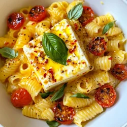 - 200g feta cheese (block) - 400g cherry tomatoes (halved) - 3 cloves garlic (sliced) - ½ teaspoon red pepper flakes (adjust to taste) - 3 tablespoons olive oil - 300g penne pasta (or pasta of choice) - 1 teaspoon dried oregano - Salt and pepper to taste - Fresh basil leaves (for garnish) - Zest of 1 lemon (for brightness) - Cracked black pepper - Additional olive oil The main ingredients in this dish are simple yet bold. Feta cheese gives it a creamy texture. Juicy cherry tomatoes add sweetness and vibrant color. Garlic adds depth and flavor, while red pepper flakes give a hint of heat. Olive oil is essential for roasting the tomatoes and feta. It helps create a rich sauce when you combine everything. Dried oregano adds a warm, herby note. Don't forget salt and pepper to enhance all the flavors. The pasta serves as the base. Penne or any pasta you like works well. Fresh basil leaves bring a fragrant touch, and lemon zest brightens the entire dish. For extra flair, you can use cracked black pepper and a drizzle of olive oil as garnishes. This mix of ingredients makes baked feta pasta both easy to prepare and full of flavor. {{ingredient_image_1}} 1. Preheat your oven to 200°C (400°F). This helps the dish cook evenly. 2. Halve the cherry tomatoes. Slice them in half to release their juices. 3. Slice the garlic into thin pieces. This adds flavor to the dish. 1. In a large baking dish, mix the halved cherry tomatoes, sliced garlic, olive oil, red pepper flakes, dried oregano, salt, and pepper. Stir well to coat the tomatoes. 2. Place the block of feta cheese in the center of the dish. Drizzle some olive oil over the feta. Sprinkle a bit of salt and pepper on top. 3. Make sure everything is well combined for the best flavor. 1. Bake in the preheated oven for about 30 minutes. The tomatoes should blister and the feta should turn golden. 2. You will know the dish is ready when the tomatoes are soft and juicy, and the feta is creamy. 1. While the feta and tomatoes bake, cook the pasta according to the package instructions. Aim for al dente, so it stays firm. 2. Reserve a cup of the pasta water before draining. This water helps adjust the sauce later. 1. Once the baking is done, take the dish out of the oven. Stir the tomatoes and feta together until creamy. 2. Add the cooked pasta to the dish. Toss everything together until well mixed. 3. If the dish is too thick, add reserved pasta water a few tablespoons at a time. This gives you the perfect saucy consistency. Enjoy the mix of flavors and the beautiful colors in your dish! - Adjusting spice levels: Start with ½ teaspoon of red pepper flakes. You can add more if you like it spicy. Just taste as you go to find your perfect heat level. - Choosing the right pasta: I recommend using penne pasta. Its tube shape holds sauce well. You can use any pasta you enjoy, like fusilli or farfalle. - Adding herbs and spices: Dried oregano works great in this dish. You can also add fresh thyme or rosemary for extra flavor. Toss in a pinch of salt and pepper to elevate your dish. - Alternative cheeses: Feta is fantastic, but you can try goat cheese or even a creamy ricotta. These cheeses will give a different taste and texture to the pasta. - Oven variations: All ovens cook differently. Keep an eye on your dish. If your tomatoes are not blistered after 30 minutes, bake a bit longer. - Pasta cooking tips: Follow the package instructions to cook your pasta al dente. This means it should be firm when you bite into it. Remember to save some pasta water for a great sauce! Pro Tips Use Fresh Ingredients: Fresh cherry tomatoes and high-quality feta cheese will elevate the flavor of your baked pasta dish significantly. Customize the Heat: Adjust the amount of red pepper flakes to your taste preference. If you love spice, add more; if you prefer mild, use less. Don't Skip the Pasta Water: The starchy pasta water is key to achieving a creamy consistency. Add it gradually until you reach your desired texture. Garnish with Freshness: Adding fresh basil and a drizzle of olive oil right before serving enhances the dish's aroma and presentation. {{image_2}} You can easily change this dish to fit a vegetarian diet. Adding more veggies boosts flavor and nutrition. Consider adding spinach or bell peppers. These add color and taste. You can also use plant-based cheese. It melts well and makes the dish creamy. Try brands like almond or cashew cheese for a nice twist. Want to make your pasta heartier? Add grilled chicken or shrimp. Both options bring extra protein and flavor. Simply grill or sauté them before mixing in. If you prefer a plant-based option, use tofu. Firm tofu works best. Just sauté it until golden and mix it in for great texture. If you need gluten-free pasta, it’s simple to swap. Use gluten-free penne or any gluten-free shape you like. Many brands taste great and hold their shape well. You can also try zucchini noodles for a fresh twist. Just spiralize the zucchini and toss it in at the end for a veggie-packed meal. To keep your baked feta pasta fresh, use airtight containers. Glass containers work well because they do not stain or hold odors. Let the dish cool down before sealing. Store it in the fridge for up to three days. Always label containers with the date to track freshness. The best way to reheat baked feta pasta is in the oven. Preheat your oven to 180°C (350°F). Place the pasta in a baking dish and cover it with foil. Heat for about 15-20 minutes. If you prefer the microwave, use a microwave-safe dish. Heat for 1-2 minutes, stirring halfway through. To avoid sogginess, add a splash of olive oil or a bit of reserved pasta water. You can freeze baked feta pasta for up to two months. Portion it into smaller containers for easier thawing. Wrap each container tightly with plastic wrap and then foil. To defrost, place the container in the fridge overnight. Reheat it in the oven or microwave as mentioned above. Baked feta pasta stays fresh in the fridge for about 3 to 5 days. Store it in an airtight container to keep it safe. If you want to enjoy it later, just reheat it gently on the stove or in the microwave. Yes, you can! While feta gives a unique taste, you can try goat cheese or ricotta. Each cheese will change the flavor a bit, but they all melt well and taste great with the tomatoes. Absolutely! When you bake the feta, it becomes creamy. Mixing it with the tomatoes creates a rich sauce. You can also add a bit of the reserved pasta water to make it even creamier without using any cream. This dish pairs nicely with a side salad or garlic bread. You can also add some grilled vegetables for extra flavor and nutrition. A light red wine can make a great drink choice. To make baked feta pasta dairy-free, use a plant-based cheese that melts well. Look for options made from nuts or tofu. You can also add more veggies for flavor and texture. This baked feta pasta offers a burst of flavor with simple ingredients. You mix fresh tomatoes, feta, and pasta to create a tasty dish. Remember to adjust spices to fit your taste. Add veggies or proteins to make it your own. Store leftovers wisely, and enjoy them later. This dish is a crowd-pleaser, easy to make, and always rewarding. Dive into your kitchen and try it today!