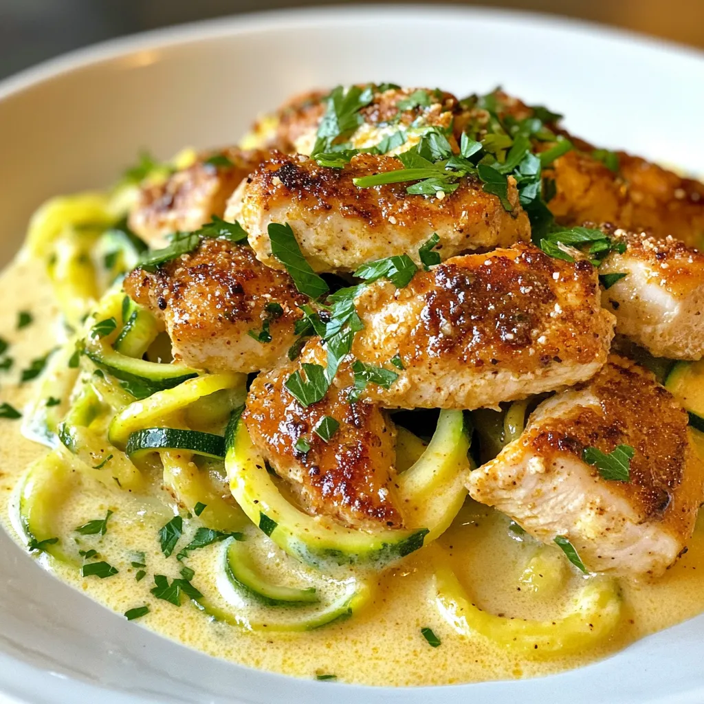 - 2 medium zucchinis (zoodles) - 1 lb boneless, skinless chicken breast, sliced - 1 tablespoon Cajun seasoning - 2 tablespoons olive oil - 1 cup heavy cream - 1 cup grated Parmesan cheese - 2 cloves garlic, minced - Salt and pepper to taste - Fresh parsley, chopped for garnish To make Cajun Chicken Alfredo Zoodles, you need: - A spiralizer for the zoodles - A large skillet for cooking - A mixing bowl for seasoning the chicken - A spatula for stirring When picking zucchini, look for ones that are firm and bright green. Avoid any that feel soft or have dark spots. Fresh zucchini should feel heavy for its size. Smaller zucchinis are often sweeter and more tender. If you can, buy organic. This helps you avoid chemicals. Always wash your zucchinis before cooking to remove dirt. {{ingredient_image_1}} To make zoodles, you first need to spiralize the zucchinis. Here’s how: 1. Wash the zucchinis under cold water. 2. Trim the ends off each zucchini. 3. Using a spiralizer, turn the zucchinis into long, curly noodles. 4. Once done, set the zoodles aside. They will be added later. Next, let’s cook the Cajun chicken. Follow these steps: 1. Slice the chicken breast into thin pieces. 2. In a bowl, toss the chicken with Cajun seasoning until it’s well coated. 3. Heat 1 tablespoon of olive oil in a large skillet over medium-high heat. 4. Add the seasoned chicken to the skillet. 5. Cook the chicken for about 5-7 minutes, stirring often. It should be golden brown and fully cooked. 6. Once done, remove the chicken and set it aside on a plate. Now it’s time for the creamy Alfredo sauce: 1. In the same skillet, add the other tablespoon of olive oil. 2. Sauté the minced garlic for 1 minute until it smells great. 3. Pour in the heavy cream and bring it to a gentle simmer. Stir for about 3 minutes. 4. Add the grated Parmesan cheese and mix it in until melted. 5. Season the sauce with salt and pepper to taste. 6. Incorporate the zoodles into the sauce. Toss them gently to coat. Cook for another 2-3 minutes. The zoodles should be tender but still firm. 7. Finally, add the cooked Cajun chicken back into the skillet. Mix well to spread the flavors. 8. Remove from heat and garnish with fresh parsley before serving. Enjoy your flavorful and easy Cajun Chicken Alfredo Zoodles! To get the best flavor, make your own Cajun seasoning. Here’s a simple mix: - 1 tablespoon paprika - 1 teaspoon garlic powder - 1 teaspoon onion powder - 1 teaspoon black pepper - 1 teaspoon cayenne pepper - 1 teaspoon dried thyme - 1 teaspoon dried oregano Mix these spices well in a bowl. Store in a jar for future use. This blend gives your chicken a bold taste that makes the dish pop. Zoodles are made from zucchini, which is light and fresh. To cook them well: 1. Spiralize your zucchini to create long strands. 2. Avoid overcooking them. Cook for just 2-3 minutes in the sauce. They should be tender but still firm. 3. You can lightly sauté them in a pan with a bit of oil for extra flavor. Just don’t let them get mushy. Zoodles are best when they maintain a slight crunch. When serving your Cajun Chicken Alfredo Zoodles, add some color and flavor: - Garnish with chopped fresh parsley for a bright touch. - Serve with a side salad for crunch and freshness. - Pair with crusty bread to soak up the sauce. These small touches elevate your meal and make it feel special. Enjoy your flavorful and easy meal! Pro Tips Perfect Zoodles: To keep your zoodles from becoming soggy, avoid overcooking them. Just a few minutes in the sauce will do! Custom Cajun Spice: If you like it spicier, feel free to add extra Cajun seasoning or a pinch of cayenne pepper to the chicken. Cheese Selection: For a richer flavor, try using a mix of Parmesan and Pecorino Romano cheese in the sauce. Fresh Herbs: Enhance the flavor by adding fresh basil or thyme along with the parsley for garnish. {{image_2}} If you want a low-carb meal, zoodles are perfect. Zoodles are made from zucchini, so they have fewer carbs than pasta. You can use other veggies, too. Try spaghetti squash or eggplant for a change. Each of these options keeps the meal light and tasty. You can make this sauce lighter if you want. Swap heavy cream for Greek yogurt. It gives a creamy texture with fewer calories. If you want a nut-free option, use cashew cream. This adds a rich flavor without dairy. Nutritional yeast can replace Parmesan for a vegan twist. It offers a cheesy taste that is great. Chicken is a great choice, but feel free to mix it up! Shrimp cooks quickly and adds a nice flavor. You can season it just like chicken. Tofu is a good plant-based choice. Make sure to press it first to remove extra moisture. This helps it absorb flavors better. Each protein option gives a new spin to the dish while keeping it delicious. To keep your Cajun Chicken Alfredo Zoodles fresh, let them cool first. Use an airtight container. Place the zoodles and chicken in the container. They will stay good for about 3 days in the fridge. Make sure to store the sauce separately if possible. This keeps the zoodles from getting too soggy. When you reheat your leftovers, use a skillet for the best results. Heat it on medium-low. Add a splash of water or cream to keep it moist. Stir often to avoid burning. You can also use a microwave if you are short on time. Just cover the dish to keep moisture in. Heat it in 30-second bursts until hot. Freezing zoodles is not ideal, but you can do it. Cool the dish completely before freezing. Use freezer-safe bags or containers. Remove as much air as you can. They can stay good for up to 2 months. To eat, thaw them overnight in the fridge. Reheat gently on the stove. The zoodles may become softer, but the flavor will still be great. Yes, you can use other noodles. Some great options are spaghetti or fettuccine. If you prefer whole wheat, that works too. Just cook them according to package directions. If you want a gluten-free option, try rice noodles. They pair well with the Cajun flavors. Absolutely! To make it dairy-free, swap heavy cream for coconut milk or almond milk. Use a dairy-free cheese or nutritional yeast for the cheesy flavor. Check the Cajun seasoning to ensure it’s dairy-free too. This way, you can still enjoy the creamy sauce without the dairy. To crank up the heat, add extra Cajun seasoning. You can also add diced jalapeños or red pepper flakes. For a smoky flavor, try smoked paprika. Another option is to drizzle hot sauce over the dish before serving. Adjust the spice to fit your taste! You now have everything you need to make delicious Cajun Chicken Alfredo Zoodles. We covered the essential ingredients, equipment, and tips for choosing fresh zucchini. You learned how to prepare zoodles, cook the chicken perfectly, and whip up a creamy Alfredo sauce. Don’t forget the tips for seasoning and serving! Feel free to try the variations and storage tips for leftovers. Enjoy crafting a meal that is both tasty and healthier. With these steps, you can impress your friends and family. Happy cooking!