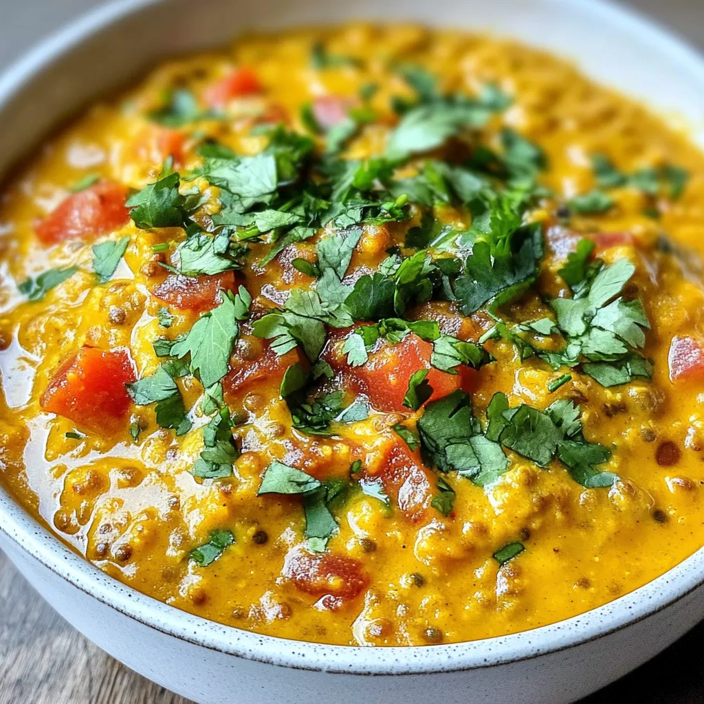 - 1 cup red lentils, rinsed - 1 can (13.5 oz) coconut milk - 1 medium onion, finely chopped - 2 cloves garlic, minced - 1-inch piece ginger, minced Red lentils are the stars of this dish. They cook quickly and add a lovely color. Coconut milk gives a rich, creamy feel. It balances the spices and adds a sweet touch. Onions, garlic, and ginger form a fragrant base. They enhance the overall flavor and aroma. - 2 tablespoons curry powder - 1 teaspoon cumin - 1 teaspoon turmeric - Salt and pepper to taste These spices bring warmth and depth. Curry powder gives a bold flavor. Cumin adds an earthy taste, while turmeric offers a vibrant color and health benefits. Salt and pepper are vital for adjusting the taste to your liking. - 1 can (14.5 oz) diced tomatoes - 2 cups vegetable broth - 1 tablespoon olive oil - Fresh cilantro, for garnish - Juice of half a lemon Diced tomatoes add acidity and sweetness. Vegetable broth enriches the curry and provides moisture. Olive oil helps sauté the onions and spices. Fresh cilantro brightens the dish when added as a garnish. A splash of lemon juice at the end lifts the flavors and adds freshness. Using these ingredients, you can create a creamy, flavorful curry that is simple and satisfying. {{ingredient_image_1}} - Heat olive oil in a large pot over medium heat. - Add the chopped onion and sauté until it turns soft, about 5 minutes. - Stir in the minced garlic and ginger, cooking for 1-2 minutes. - Add curry powder, cumin, and turmeric to the pot, stirring well to coat the onions. - Toast the spices for about 1 minute until fragrant. - Pour in diced tomatoes with their juices and vegetable broth. - Add the rinsed red lentils and stir everything together. - Bring the mixture to a gentle boil. Reduce the heat to low. - Cover the pot and let it simmer for about 20 minutes. - Check that the lentils are soft and the curry thickens. - Stir in the coconut milk and let it simmer for another 5-10 minutes. - Add salt and pepper to taste. - Remove from heat and stir in the juice of half a lemon. - Adjust seasoning if needed, then serve hot, garnished with fresh cilantro. - Rinsing lentils: Rinse your red lentils well. This removes dirt and helps avoid any grit. Just place them in a fine mesh strainer and run cold water over them until the water runs clear. This step is quick and makes your dish cleaner and tastier. - Simmering for the right texture: Simmer the lentils gently. This helps them cook evenly and become tender. If you rush this step, they may turn mushy. Keep an eye on them; after about 20 minutes, they should be soft but still hold their shape. - Suggested add-ins and toppings: Think about adding spinach or kale for extra greens. You can also toss in some chickpeas for added protein. Fresh cilantro on top brightens the dish and adds flavor. - Adjusting spice levels: Want more heat? Add a pinch of cayenne or sliced chili. For a milder taste, reduce the curry powder. Always taste as you go. This way, you can find the perfect balance for your palate. - Best side dishes to pair: Serve this curry with fluffy rice or warm naan. Both soak up the sauce well. You might also try a simple side salad for freshness. - Ideas for presentation: Use a wide bowl for serving. Ladle the curry in and sprinkle cilantro on top. For extra flair, add a slice of lemon on the side. This makes your dish look appealing and inviting. Pro Tips Rinse Your Lentils: Always rinse red lentils before cooking to remove any debris and excess starch, which helps achieve a smoother texture in your curry. Customize Your Spices: Feel free to adjust the amount of curry powder, cumin, and turmeric based on your spice tolerance. Start with less and gradually add more to suit your taste. Add More Veggies: Enhance the nutritional profile of your curry by adding vegetables like spinach, bell peppers, or carrots during the simmering phase for added flavor and texture. Garnish for Freshness: A sprinkle of fresh cilantro not only adds color but also a burst of freshness that complements the rich flavors of the coconut curry beautifully. {{image_2}} You can switch up the lentils in this curry. Try using green or brown lentils for a different texture. They will take a bit longer to cook, but they will still taste great. For a dairy-free option, you can use almond or cashew milk instead of coconut milk. This will change the flavor but keep it creamy. Adding different vegetables can enhance the dish. You could try spinach, carrots, or bell peppers. They add color and nutrients. Experimenting with herbs can also change the taste. Fresh basil or parsley can give a fresh twist. Just add them in the last few minutes of cooking for the best flavor. For an Indian-inspired twist, add some garam masala or cardamom. This will deepen the flavors and give it a warm spice. For a Thai coconut infusion, add lime juice and a few drops of fish sauce or soy sauce. This will brighten the dish and add a nice zing. To store leftovers, let the curry cool first. Use an airtight container. Place in the fridge for up to four days. When you want to enjoy it again, reheat in a pot over low heat. Stir often to heat evenly. You can also microwave it. Heat for one minute, then check and stir. Repeat as needed until hot. For long-term storage, freeze the curry. Use a freezer-safe container or bag. Leave some space for expansion. This dish stays good in the freezer for up to three months. When ready to eat, thaw overnight in the fridge. Reheat gently on the stove. Creamy Coconut Lentil Curry lasts well in the fridge for about four days. Look for signs of spoilage: off smells, mold, or changes in texture. If you see any, it's best to toss it. Always trust your senses when it comes to food safety. The best type of lentils for this recipe is red lentils. They cook quickly and turn soft, making them perfect for a creamy texture. Red lentils also soak up flavors very well. You can use green lentils, but they take longer to cook and hold their shape. Yes, you can make Creamy Coconut Lentil Curry spicy! Add some chopped fresh chili peppers or a pinch of red chili powder to the pot. Start with a little and taste it as you go. You can always add more if you want more heat. Yes, you can substitute coconut milk with almond milk or cashew cream. However, this will change the flavor. Coconut milk gives a rich and creamy taste that’s hard to beat. If you want to keep it creamy, use a thick non-dairy milk. This recipe is already vegan! It uses coconut milk and vegetable broth, which are plant-based. Just ensure you check any store-bought products for animal ingredients. You can also add veggies like spinach or bell peppers for more nutrients. You can serve this curry with rice or naan bread. Both options soak up the delicious sauce. You can also add a fresh salad or some roasted veggies on the side. This makes a balanced meal that everyone will love. This article covered how to make a Creamy Coconut Lentil Curry. You learned about the key ingredients, like red lentils, coconut milk, and spices. I shared step-by-step instructions for easy cooking and tips to enhance flavor. You can also explore variations that fit your taste. Proper storage and reheating ensure your leftovers stay fresh. This dish is not only delicious but can also be customized. Enjoy making it your own and sharing it with others!