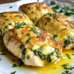 - 4 boneless, skinless chicken breasts - 1 cup fresh spinach, chopped - 1 cup artichoke hearts, drained and chopped - 1/2 cup cream cheese, softened - 1/2 cup shredded mozzarella cheese - 1/4 cup grated Parmesan cheese - 2 cloves garlic, minced - 1 tablespoon olive oil - Salt and pepper, to taste - 1 teaspoon Italian seasoning Each ingredient plays a key role in this dish. The chicken breasts hold the filling, giving you a hearty meal. Boneless and skinless parts are easy to stuff and cook evenly. Fresh spinach adds color and nutrition. It wilts down nicely, making it easy to mix. Artichoke hearts bring a unique taste. They add a slight tang that balances well with the creamy filling. Cream cheese forms the base of the stuffing. It adds richness and helps bind everything together. Shredded mozzarella gives a delicious stretch and melt when cooked. Parmesan cheese adds a nutty flavor, enhancing the overall taste. Garlic brings a warm, aromatic touch. It pairs well with spinach and artichokes. Olive oil helps sauté the garlic and adds a healthy fat that enhances flavor. The seasonings—salt, pepper, and Italian seasoning—bring everything together, ensuring each bite is tasty. You can swap ingredients based on your needs. If you want a lighter option, try turkey or chicken thighs. For a vegetarian twist, skip the chicken and use large portobello mushrooms. If you lack fresh spinach, frozen spinach works too. Just make sure to drain it well. Canned artichokes are also good if fresh ones aren't available. For a creamier stuffing, use ricotta cheese instead of cream cheese. You can also mix in different cheeses, like feta or cheddar, for varied flavors. Adjust seasonings to suit your taste. {{ingredient_image_1}} Start by prepping your ingredients. First, gather 4 boneless, skinless chicken breasts. Next, chop 1 cup of fresh spinach and 1 cup of artichoke hearts. Drain the hearts well before chopping. Soften 1/2 cup of cream cheese, and shred 1/2 cup of mozzarella cheese. Grate 1/4 cup of Parmesan cheese. Finally, mince 2 cloves of garlic. This mix of flavors will make the dish shine. Preheat your oven to 375°F (190°C). In a skillet, heat 1 tablespoon of olive oil over medium heat. Add the minced garlic and sauté for about 1 minute. You want it to smell good but not burn. Then, add the chopped spinach and artichoke hearts. Cook until the spinach wilts, which takes about 2-3 minutes. Remove the skillet from heat. In a mixing bowl, combine the sautéed mixture with cream cheese, mozzarella, Parmesan, Italian seasoning, and a pinch of salt and pepper. Mix everything together until it forms a nice filling. Now, take each chicken breast and slice it horizontally to create a pocket. Be careful not to cut all the way through. Stuff each chicken breast with your mixture. If needed, use toothpicks to hold them closed. Place the stuffed chicken on a baking sheet. Drizzle a bit of olive oil on top and season with salt and pepper. Bake for 25-30 minutes. The chicken is done when the juices run clear. Allow the chicken to rest for 5 minutes after baking. This helps keep the juices inside. For a nice presentation, serve the stuffed chicken on a bed of sautéed vegetables or salad. This adds color and texture to your plate. Garnish with a sprinkle of fresh parsley to make it pop. Enjoy your delicious Spinach Artichoke Stuffed Chicken! To make your chicken perfect, start with fresh ingredients. Fresh spinach and artichokes give great taste. Use good-quality chicken breasts; they hold the filling well. When mixing the filling, blend the cream cheese until creamy. This helps it mix smoothly with the spinach and artichokes. Be sure to season the chicken. Salt and pepper can make a big difference. After stuffing, use toothpicks to hold the filling. This keeps it from spilling out while cooking. Bake it at 375°F for proper cooking. Use a meat thermometer; it should read 165°F in the thickest part. Letting the chicken rest for five minutes keeps it juicy. One common mistake is overcooking the chicken. This can make it dry. Set a timer to avoid this. Another mistake is not using enough seasoning. The filling needs flavor to shine. Taste the filling before stuffing the chicken. Don’t skip the step of sautéing the spinach and garlic. This brings out their flavors. Also, cutting the pocket too deep can cause the filling to leak out. Be careful when slicing the chicken breasts. To boost the flavor, try adding spices. A dash of red pepper flakes gives heat. You can also mix in fresh herbs like basil or parsley. For a smoky taste, add a bit of smoked paprika. Consider using different cheeses. Feta or goat cheese can add a unique twist. If you like tanginess, a bit of sour cream in the filling works well. Serve the chicken with a squeeze of lemon juice for brightness. This adds freshness and balance to the dish. Pro Tips Use Fresh Ingredients: Fresh spinach and artichokes will enhance the flavor and texture of your stuffed chicken. Avoid canned products for the best results. Don’t Overstuff: While it's tempting to pack in as much filling as possible, overstuffing can cause the chicken to burst during cooking. Aim for a balanced amount of filling. Let it Rest: Allowing the stuffed chicken to rest for a few minutes after baking helps the juices redistribute, resulting in a juicier bite. Experiment with Cheese: Feel free to mix different types of cheese like feta or gouda for a unique flavor twist that complements the spinach and artichokes. {{image_2}} You can use various cheeses for your stuffed chicken. Cream cheese gives a rich base, but you might try ricotta for a lighter texture. If you enjoy stronger flavors, swap in feta cheese. Goat cheese also adds a tangy taste. Mix different cheeses to create unique flavors. Just remember to keep the balance of creaminess. Chicken is great, but you can try other proteins too. Turkey breasts work well if you want a leaner option. For a plant-based choice, use thick slices of eggplant or portobello mushrooms. These alternatives absorb flavors nicely. Each option brings its own taste, making the dish fun and interesting. Feel free to add extra veggies to the filling. Sun-dried tomatoes add a sweet, tangy note. Chopped bell peppers give crunch and color. You can also include onions or mushrooms for depth. Just make sure to sauté them first to release their flavors. Adding vegetables not only boosts nutrition but also enhances the taste. You can store leftover stuffed chicken in the fridge. Place it in an airtight container. It stays fresh for about 3 to 4 days. Make sure it cools down before you store it. This helps to keep the chicken juicy and safe to eat later. If you want to freeze the stuffed chicken, wrap it well in plastic wrap. Then, place it in a freezer bag or container. You can freeze it for up to 3 months. Label the bag with the date. When you’re ready to eat, thaw it in the fridge overnight. To reheat, use the oven for the best results. Preheat the oven to 350°F (175°C). Place the chicken in a baking dish, and cover it with foil. Heat for about 20-25 minutes or until it's warm inside. You can also use a microwave, but the oven keeps it nice and tender. Yes, you can use frozen spinach. Just make sure to thaw it first. Squeeze out the excess water. This keeps your filling creamy. Frozen spinach works well if fresh is not available. Cooked stuffed chicken lasts about three to four days in the fridge. Store it in an airtight container. If you want it to last longer, freeze it. It can stay good for about three months in the freezer. Just remember to label it with the date. You can serve stuffed chicken with many sides. Here are a few ideas: - Sautéed vegetables like zucchini and bell peppers. - A fresh mixed greens salad with vinaigrette. - Garlic mashed potatoes for a hearty touch. - Quinoa or rice for a nice grain option. These sides add color and flavor to your meal. Enjoy experimenting with different pairings! In this post, we explored the ingredients, preparation, and variations for spinach artichoke stuffed chicken. I shared key tips to enhance your dish and avoid common mistakes. Remember, using fresh ingredients makes a big difference. Don't shy away from trying different cheeses or proteins. Proper storage keeps your leftovers fresh. I hope you feel ready to cook this delicious meal! Enjoy your culinary adventure!