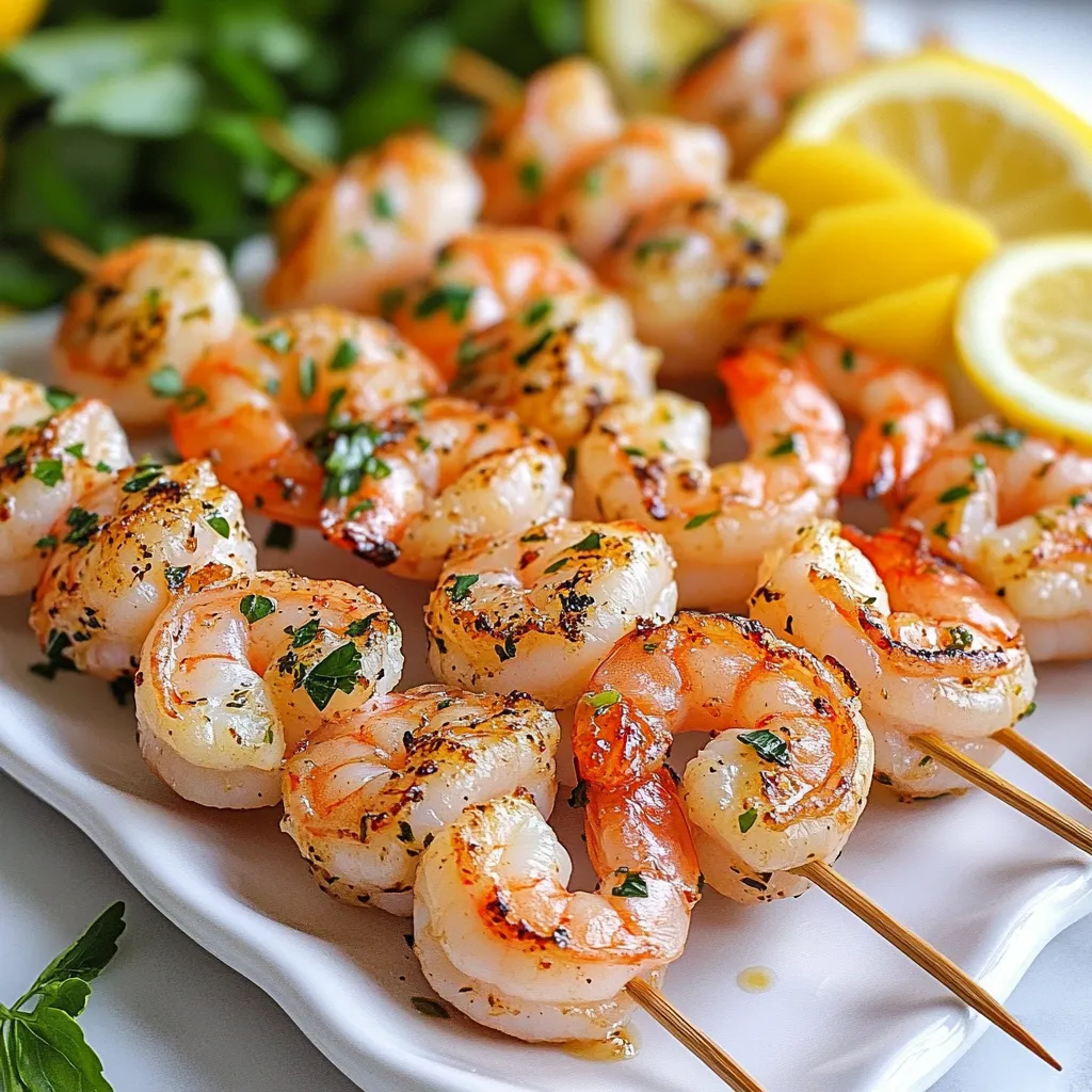 To make Lemon Herb Shrimp Skewers, gather these items: - 1 lb large shrimp, peeled and deveined - 2 tablespoons olive oil - 3 tablespoons fresh lemon juice - Zest of 1 lemon - 3 cloves garlic, minced - 1 tablespoon fresh parsley, chopped - 1 tablespoon fresh basil, chopped - 1 teaspoon dried oregano - Salt and pepper to taste - Skewers (soaked in water if wooden) Fresh herbs brighten the dish. I love using parsley and basil for their fresh taste. The lemon juice and zest add a tangy flavor that pairs perfectly with shrimp. Garlic brings a warm, savory touch. When mixing your marinade, adjust the salt and pepper to your liking. A little extra salt can enhance the shrimp's natural sweetness. Choosing the right shrimp is key. Look for large, fresh shrimp. They should have a slight ocean smell, not a strong fishy odor. If buying frozen shrimp, select ones that are flash-frozen. This keeps them fresh longer. Always peel and devein the shrimp before cooking. This step helps in both taste and presentation. {{ingredient_image_1}} First, you need to make the marinade. In a bowl, whisk together 2 tablespoons of olive oil, 3 tablespoons of fresh lemon juice, and the zest of 1 lemon. Add 3 minced garlic cloves, 1 tablespoon of chopped parsley, and 1 tablespoon of chopped basil. Then, mix in 1 teaspoon of dried oregano, along with salt and pepper to taste. This mix will bring out bright flavors in the shrimp. Next, add 1 pound of peeled and deveined shrimp to the bowl. Stir well to coat each shrimp evenly in the marinade. Cover the bowl with plastic wrap and place it in the fridge. Let it marinate for at least 30 minutes. This step is key! The longer the shrimp sit in the marinade, the more flavor they will absorb. Before grilling, preheat your grill to medium-high heat. If you use wooden skewers, soak them in water for at least 30 minutes. This helps prevent burning. Now, thread the marinated shrimp onto the skewers. Leave a little space between each shrimp for even cooking. Grill the skewers for about 2-3 minutes on each side. Look for the shrimp to turn pink and opaque, with slight char marks. Once done, remove them from the grill and let them rest for a few minutes. Enjoy your flavorful lemon herb shrimp skewers! To get great grill marks, keep these tips in mind. First, preheat your grill to medium-high heat. A hot grill helps sear the shrimp quickly. Next, place the skewers down at a 45-degree angle. This angle creates those nice grill marks. Do not move the shrimp for the first two to three minutes. This helps them stick to the grill, which gives you those beautiful lines. Flip the skewers gently using tongs. You want to see a nice char on each side. Lemon Herb Shrimp Skewers shine with bright flavors. Lemon juice and zest give a fresh taste. Garlic adds depth, while parsley and basil brighten the dish. You can mix in other herbs, like thyme or cilantro, for fun twists. For a spicy kick, add red pepper flakes to the marinade. This adds heat without overpowering the shrimp. You can also try different oils, such as avocado oil, for a unique flavor. Make your dish pop with great presentation. Start by arranging the skewers on a large platter. Add fresh lemon slices around the edges. This adds color and hints at the flavors inside. Sprinkle extra herbs on top for a vibrant touch. Serve with a side of tzatziki or garlic yogurt sauce for dipping. This adds a creamy element that pairs well with the shrimp. For a fun touch, use colorful skewers or serve on a wooden board for a rustic look. Pro Tips Marinade Time: For the best flavor, let the shrimp marinate for at least 1 hour, or up to 4 hours if you have the time. This allows the herbs and lemon to infuse into the shrimp. Skewer Safety: If using wooden skewers, always soak them in water for at least 30 minutes to prevent burning on the grill. This will help keep your shrimp perfectly cooked without charred skewers. Donβt Overcook: Shrimp cook quickly, so keep an eye on them. They are done when they turn pink and opaque, usually around 2-3 minutes per side. Overcooking can result in rubbery shrimp. Presentation Matters: When serving, arrange the skewers on a platter and garnish with lemon slices and fresh herbs. This not only looks appealing but also enhances the dining experience. {{image_2}} You can swap shrimp for other proteins. Chicken works well, too. Cut chicken into bite-sized pieces. Beef, like sirloin, also tastes great. You can even try fish, like salmon or tilapia. These options bring new flavors to the skewers. Adjust cooking times to fit your protein choice. Always check that meat is cooked through. Mix up the marinade for fun. Use lime juice instead of lemon for a zesty twist. Add some soy sauce for a savory kick. You can also try a spicy marinade with chili paste or sriracha. Experiment with your favorite herbs, like cilantro or thyme. Each change can give you a whole new dish. Serve your skewers with tasty sides. A fresh salad complements the flavors well. Try a quinoa salad tossed with veggies. You can also pair the skewers with rice or couscous. For a dip, tzatziki or garlic yogurt sauce adds a nice touch. Arrange the skewers on a platter for a beautiful presentation. Add lemon slices and herbs for color. After cooking, let the shrimp skewers cool down. Place any leftovers in an airtight container. You can keep them in the fridge for up to two days. Make sure they are tightly sealed to keep the flavors fresh. I recommend not storing them with the sauce, as that can make the shrimp soggy. If you want to save leftovers for later, freezing is a great option. First, let the shrimp skewers cool completely. Wrap each skewer in plastic wrap, then place them in a freezer bag. Remove as much air as possible before sealing. You can freeze them for up to three months. Remember to label the bag with the date so you know when to use them. To reheat, the best method is using the oven or grill. Preheat your oven to 350Β°F. Place the skewers on a baking sheet and cover with foil. Heat for about 10-15 minutes or until warmed through. If using a grill, heat it to medium. Grill the skewers for 2-3 minutes on each side. This keeps the shrimp juicy and tasty. Avoid using the microwave, as that can make the shrimp rubbery. Yes, you can use frozen shrimp. Just make sure to thaw them first. Place the shrimp in the fridge overnight or run them under cool water. This will help them cook evenly. Frozen shrimp may need a bit more time to marinate. You should marinate the shrimp for at least 30 minutes. This time allows the shrimp to soak up all the flavors. If you have more time, you can marinate them for up to 2 hours. Just remember not to marinate too long. Over-marinating can make the shrimp tough. Shrimp skewers go well with many sides. Here are some great options: - Fresh salad with lemon vinaigrette - Grilled vegetables like zucchini and bell peppers - Creamy tzatziki sauce for dipping - Garlic bread for a tasty contrast - Rice or quinoa for a filling meal These sides will complement the bright flavors of the lemon herb shrimp skewers perfectly. Enjoy your meal! In this blog post, we explored key ingredients, marinating shrimp, and grilling tips. I shared ways to perfect your grill marks, showcase flavors, and present your dish beautifully. Remember, you can swap proteins or marinades for fun variations. Proper storage extends your leftovers, making meals last. With these ideas, you can grill shrimp skewers that impress. Enjoy experimenting, and have fun while cooking!