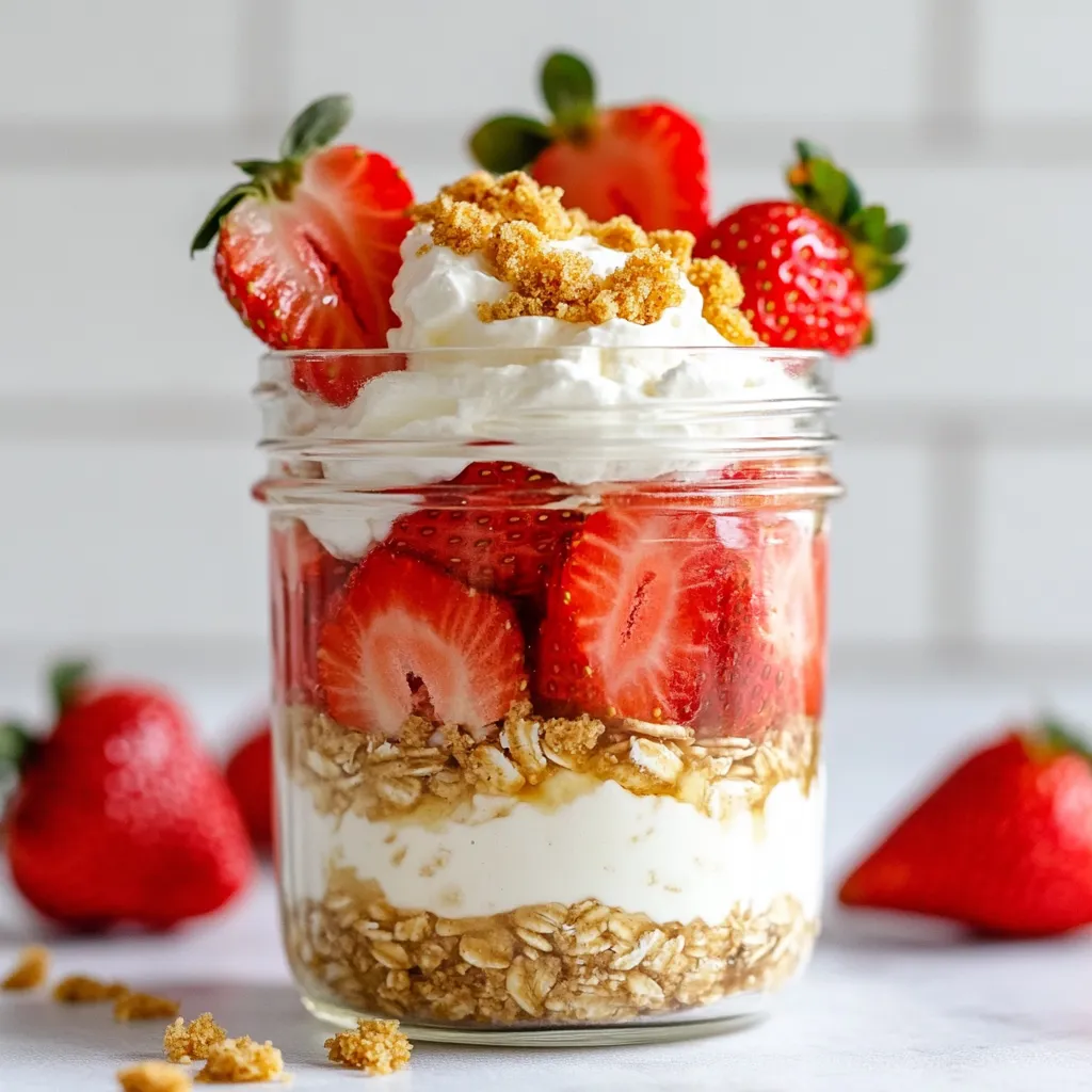 - 1 cup rolled oats - 1 cup milk (dairy or non-dairy) - 1/2 cup Greek yogurt (plain or vanilla) The base of our strawberry cheesecake overnight oats is rolled oats. They provide a great source of fiber. The oats soak up the liquid, making them soft and creamy. You can use either dairy or non-dairy milk. Almond, oat, or soy milk all work well. Greek yogurt adds a nice tang and creamy texture. It also gives you extra protein. - 1 tablespoon honey or maple syrup - 1/2 teaspoon vanilla extract - 1/4 teaspoon cinnamon To sweeten the oats, use honey or maple syrup. Both add a touch of natural sweetness. Vanilla extract gives a lovely flavor, making it taste like dessert. A little cinnamon enhances the taste and warms the flavor profile. - 1/2 cup strawberries, hulled and sliced - 2 tablespoons cream cheese, softened - 1 tablespoon graham cracker crumbs (for topping) Fresh strawberries are the star of this dish. They add a burst of color and flavor. Cream cheese brings that cheesecake vibe, making it rich and creamy. Finally, sprinkle graham cracker crumbs on top for that classic cheesecake crunch. This combination makes each bite delightful and satisfying. {{ingredient_image_1}} To start, grab a medium bowl. In this bowl, combine 1 cup of rolled oats, 1 cup of milk, and 1/2 cup of Greek yogurt. You can choose dairy or non-dairy milk based on your taste. Add 1 tablespoon of honey or maple syrup for sweetness. Next, stir in 1/2 teaspoon of vanilla extract and 1/4 teaspoon of cinnamon. Mix well until everything is fully blended. This step creates a creamy base full of flavor. Now, let’s make the cream cheese layer. Take a small bowl and add 2 tablespoons of softened cream cheese. Pour in a splash of milk, about 1 tablespoon. Whisk these together until the mix is smooth and creamy. This layer adds that rich cheesecake taste we love. It’s time for the fun part—layering! Start by adding half of your oat mixture into a mason jar or any container. Then, place half of the sliced strawberries on top of the oats. Next, spoon in the cream cheese mixture, spreading it evenly over the strawberries. Add the rest of the oat mixture on top of the cream cheese layer. Finally, finish with the remaining sliced strawberries. Sprinkle 1 tablespoon of graham cracker crumbs on top to give it that classic cheesecake crunch. Seal the jar and place it in the fridge for at least 4 hours or overnight. Enjoy your delicious strawberry cheesecake overnight oats! To make your oats creamy, use Greek yogurt and milk. Greek yogurt adds richness. It helps to stir the yogurt well into the oats. Use equal parts of milk and yogurt for the best mix. If you want it thicker, add less milk. For a lighter texture, add more milk. This balance gives your oats a smooth feel. Sweeteners can change the taste. Honey or maple syrup works great. You can try agave syrup or stevia for less sugar. Adding spices like cinnamon gives warmth. You might also use nutmeg for a different twist. Adjust these flavors to match your taste buds. Don’t be afraid to experiment! Serving is key for appeal. Use a clear jar to show off layers. Start with oats, then add strawberries, and finish with cream cheese. Top it with more sliced strawberries and graham cracker crumbs. This adds a nice crunch. You can even place a fresh strawberry on the side. It makes your dish look fancy and fun! Pro Tips Use Chilled Ingredients: For the best texture, ensure all your ingredients, especially the milk and yogurt, are chilled before mixing. This helps the oats absorb the flavors better overnight. Customize Your Sweetness: Adjust the amount of honey or maple syrup to your taste. You can always add more sweetness in the morning if needed! Make It Ahead: These overnight oats can be prepared up to 3 days in advance. Just keep each portion in a separate jar for easy grab-and-go breakfasts. Experiment with Toppings: Feel free to mix and match your toppings! Try adding nuts, seeds, or other fruits like blueberries or bananas for added texture and flavor. {{image_2}} You can switch up the fruit in your overnight oats. Try bananas, blueberries, or raspberries for a different taste. Each fruit adds its own flavor and nutrition. You can also mix in toppings like nuts or coconut flakes. They add crunch and make your oats more exciting. For a chocolate twist, add cocoa powder. It gives a rich flavor and pairs well with strawberries. If you love peanut butter, stir in a spoonful. It adds creaminess and a nutty taste. Mixing flavors keeps breakfast fun and fresh. If you want a dairy-free version, use almond or oat milk. These options make the oats creamy without dairy. You can also swap Greek yogurt for coconut yogurt. It keeps the texture smooth and tasty. For low-sugar oats, use less honey or maple syrup. You can also try stevia or monk fruit sweetener. These options help cut sugar while keeping your oats sweet. You can easily adjust the recipe for different needs. If you want to serve more people, double the ingredients. For a smaller portion, cut the recipe in half. This makes it perfect for a quick breakfast or a family meal. Using smaller jars makes fun single servings. They are great for kids or snacks. Make sure to layer the ingredients evenly for the best taste and look. To keep your strawberry cheesecake overnight oats fresh, store them in a sealed jar or container. This helps keep out air and moisture. Always make sure to use a clean spoon when serving. This way, you avoid introducing bacteria. Your oats will last about 3 to 5 days in the fridge. This gives you a few days to enjoy them. Just check for any off smells or changes in texture. If they smell funny or seem slimy, it's time to toss them. You can freeze overnight oats, but the texture may change when thawed. If you want to freeze them, divide them into portions. Use airtight containers or freezer bags. When you're ready to eat, thaw them overnight in the fridge. Overnight oats are a simple and quick breakfast. You mix oats with liquid and let them sit overnight. This softens the oats, making them creamy. It’s an easy way to have a tasty meal ready in the morning. You can add fruits, nuts, and flavors to make them special. Yes, you can use frozen strawberries. They work well in overnight oats. Just remember to thaw them first. Frozen strawberries can be sweeter and may add a nice texture. Fresh strawberries are great too, as they give a bright taste and crunch. These overnight oats can last up to five days in the fridge. Keep them in a sealed container to stay fresh. If they look or smell off, it’s best to toss them. Enjoy them within a few days for the best taste and texture. This blog post shared how to make delicious overnight oats. You learned about the main ingredients like oats, milk, and Greek yogurt. Flavor boosters like honey and strawberries added sweetness and fun. The step-by-step guide made it easy to layer the ingredients and create the perfect treat. Remember, you can change flavors to fit your taste. Enjoy experimenting with fresh fruits and toppings. Overnight oats are a tasty, healthy choice for any meal. Store them right, and they’ll stay fresh for days. Try them out, and make breakfast enjoyable!